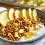 - 2 cups rolled oats - 1 cup diced dried apples - 1/2 cup chopped pecans - 1/2 cup sliced almonds - 1/4 cup honey or maple syrup - 1/4 cup coconut oil, melted - 1 teaspoon ground cinnamon - 1/2 teaspoon vanilla extract - 1/4 teaspoon salt - 1/4 cup sunflower seeds (optional) - 1/2 cup raisins or cranberries When making apple cinnamon granola, each ingredient plays a key role. Rolled oats form the base, giving a hearty texture. Diced dried apples add natural sweetness and chewy bites. Chopped pecans and sliced almonds provide crunch and healthy fats. Honey or maple syrup acts as a sweetener and binds the mixture. Coconut oil adds richness and helps with baking. Ground cinnamon brings a warm flavor, while vanilla extract enhances the taste. A pinch of salt balances the sweetness. Sunflower seeds are optional but add extra crunch and nutrients. Raisins or cranberries can provide a burst of flavor and sweetness. This recipe serves eight. Each serving is about 200 calories. It has healthy fats, fiber, and some sugars from the honey and fruit. - Calories: Approximately 200 per serving - Fats: Around 8 grams - Sugars: About 6 grams The health benefits are impressive. Rolled oats provide fiber, which aids digestion. Nuts offer protein and healthy fats. Dried fruits add vitamins and minerals. Cinnamon can help regulate blood sugar levels. Together, these ingredients create a satisfying snack that fuels your day. For the complete recipe, check the Full Recipe section. 1. Preheating and preparing the baking sheet Start by preheating your oven to 350°F (175°C). This ensures even cooking. Line a baking sheet with parchment paper. This makes cleanup easy. 2. Mixing dry ingredients In a large bowl, combine two cups of rolled oats, one cup of diced dried apples, half a cup of chopped pecans, half a cup of sliced almonds, and a quarter teaspoon of salt. If you like, add a quarter cup of sunflower seeds. This mix gives your granola a great crunch. 3. Combining wet ingredients In another bowl, whisk together a quarter cup of honey or maple syrup, a quarter cup of melted coconut oil, one teaspoon of ground cinnamon, and half a teaspoon of vanilla extract. Make sure everything blends well. This mixture will sweeten and flavor your granola. 1. Oven baking times and techniques Pour the wet mixture over the dry ingredients. Stir until everything is well coated. Spread the mixture on your prepared baking sheet. Press it down slightly to form an even layer. Bake in the oven for 20-25 minutes. 2. Stirring and monitoring for even baking Halfway through baking, stir the granola. This step helps it bake evenly and prevents burning. Keep an eye on it, as you want it golden brown. 1. Cooling down procedure Once baked, remove the granola from the oven. Let it cool completely on the baking sheet. It will harden as it cools. This is key for the right texture. 2. How to store for freshness After the granola cools, mix in half a cup of raisins or cranberries for added sweetness. Transfer the granola to an airtight container. Store it in a cool, dry place. This keeps it fresh and crunchy for days. For the full recipe, check the earlier section. To make the best granola, texture is key. Start with rolled oats; they give a hearty base. Mix your dry ingredients well. This ensures even flavor and crunch. Press the mixture down on the baking sheet. This step helps form those delightful clusters. Avoid overbaking to keep the granola crispy but not burnt. Bake at 350°F for just 20 to 25 minutes. Stir halfway through to cook evenly. Keep a close eye on it as it turns golden. Remove it from the oven when it looks just right. You can boost flavor with spices like nutmeg or ginger. These add warmth and depth to your granola. If you want more sweetness, adjust the honey or maple syrup. Start with less and add more until it suits your taste. You could also try adding cocoa powder for a chocolatey twist. A pinch of sea salt can enhance all the flavors too! Apple cinnamon granola pairs well with yogurt. Just sprinkle some on top and add fresh apple slices. This makes a great breakfast or snack! You can also use it as a crunchy topping for smoothie bowls. Just blend your favorite fruits, pour, and add granola for crunch. Another fun idea is to mix it with oatmeal. It adds texture and flavor, making your morning meal more exciting. Find the full recipe [here](#). {{image_2}} You can easily make this recipe your own. Here are some ideas: - Alternative nuts or seeds: Swap out pecans and almonds for walnuts, cashews, or pumpkin seeds. Each nut adds a unique crunch and flavor. - Using fresh apples instead of dried: If you prefer fresh fruit, dice up a tart apple like Granny Smith. Just add it to the mix just before baking. Want to change up the taste? Try these flavor twists: - Making it a nut-free version: Omit all nuts and add more seeds, like hemp or chia. This makes it safe for those with nut allergies. - Adding chocolate or other fruits: Stir in dark chocolate chips or dried mango. These add a sweet touch and make your granola even more fun. Making this granola fit your diet is easy. Here are some options: - Vegan or gluten-free adaptations: Use maple syrup instead of honey for a vegan treat. Choose certified gluten-free oats to keep it safe for those with gluten sensitivities. - Low-sugar versions: Reduce the honey or maple syrup to cut down on sugar. You can also add more spices like cinnamon to boost flavor without extra sweetness. With these variations, you can create a granola that suits your taste and needs. Check out the Full Recipe for the base to get started! To keep your apple cinnamon granola fresh, use an airtight container. This helps keep out moisture and air. Regular storage bags do not seal as well. If you must use them, double-bag your granola. Store your granola in a cool, dry place. A pantry shelf is perfect. Your granola will stay fresh for up to two weeks. If you see any signs of moisture, toss it out. You can freeze granola for longer storage. To freeze, pack it tightly in an airtight container. Label the container with the date. Granola can last for up to three months in the freezer. When you're ready to use it, take it out and let it thaw. You can leave it at room temperature for a few hours. Or, microwave it in short bursts to speed up the process. Once thawed, use it as you normally would. Enjoy this healthy snack in your yogurt or smoothies! For the full recipe, check out the Apple Cinnamon Granola section above. Homemade granola can last up to two weeks. Store it in an airtight container to keep it fresh. If you want it to last longer, you can freeze granola. Just place it in a freezer bag and remove as much air as possible. Thaw it in the fridge or at room temperature when ready to eat. You can use fresh apples in granola, but they add moisture. This can make the granola clump together and lose its crunch. Dried apples work better since they keep it crispy. If you want to add fresh apples, consider adding them after baking. This way, you get their flavor without altering the texture. Leftover granola is a great topping for yogurt or smoothies. You can also use it in baking. Try adding it to muffins, pancakes, or cookies for extra crunch. Mix it into oatmeal for a hearty breakfast. You can even sprinkle it on salads for a sweet twist. To make this recipe gluten-free, choose certified gluten-free oats. Some brands may process oats with gluten-containing grains. Check labels to ensure they are pure. You can also use gluten-free sweeteners, like maple syrup. This makes the entire recipe safe for those with gluten sensitivities. Granola offers several health benefits. It is high in fiber, which helps digestion. The nuts and seeds provide healthy fats and protein, keeping you full. Oats are known to lower cholesterol and improve heart health. With fruits like apples, you get vitamins and antioxidants, making granola a great snack. You now know how to make delicious apple cinnamon granola at home. We covered the ingredients, step-by-step instructions, and tips for perfecting your granola. Granola is healthy, tasty, and easy to customize. Use fresh apples, substitute nuts, or even make it vegan. Store it right for freshness, and enjoy it in many ways. With this guide, you have all the tools to create your favorite snack. Enjoy your granola journey!