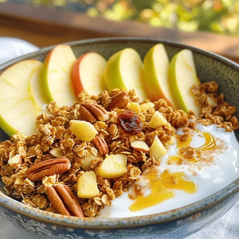 - 2 cups rolled oats - 1 cup diced dried apples - 1/2 cup chopped pecans - 1/2 cup sliced almonds - 1/4 cup honey or maple syrup - 1/4 cup coconut oil, melted - 1 teaspoon ground cinnamon - 1/2 teaspoon vanilla extract - 1/4 teaspoon salt - 1/4 cup sunflower seeds (optional) - 1/2 cup raisins or cranberries When making apple cinnamon granola, each ingredient plays a key role. Rolled oats form the base, giving a hearty texture. Diced dried apples add natural sweetness and chewy bites. Chopped pecans and sliced almonds provide crunch and healthy fats. Honey or maple syrup acts as a sweetener and binds the mixture. Coconut oil adds richness and helps with baking. Ground cinnamon brings a warm flavor, while vanilla extract enhances the taste. A pinch of salt balances the sweetness. Sunflower seeds are optional but add extra crunch and nutrients. Raisins or cranberries can provide a burst of flavor and sweetness. This recipe serves eight. Each serving is about 200 calories. It has healthy fats, fiber, and some sugars from the honey and fruit. - Calories: Approximately 200 per serving - Fats: Around 8 grams - Sugars: About 6 grams The health benefits are impressive. Rolled oats provide fiber, which aids digestion. Nuts offer protein and healthy fats. Dried fruits add vitamins and minerals. Cinnamon can help regulate blood sugar levels. Together, these ingredients create a satisfying snack that fuels your day. For the complete recipe, check the Full Recipe section. 1. Preheating and preparing the baking sheet Start by preheating your oven to 350°F (175°C). This ensures even cooking. Line a baking sheet with parchment paper. This makes cleanup easy. 2. Mixing dry ingredients In a large bowl, combine two cups of rolled oats, one cup of diced dried apples, half a cup of chopped pecans, half a cup of sliced almonds, and a quarter teaspoon of salt. If you like, add a quarter cup of sunflower seeds. This mix gives your granola a great crunch. 3. Combining wet ingredients In another bowl, whisk together a quarter cup of honey or maple syrup, a quarter cup of melted coconut oil, one teaspoon of ground cinnamon, and half a teaspoon of vanilla extract. Make sure everything blends well. This mixture will sweeten and flavor your granola. 1. Oven baking times and techniques Pour the wet mixture over the dry ingredients. Stir until everything is well coated. Spread the mixture on your prepared baking sheet. Press it down slightly to form an even layer. Bake in the oven for 20-25 minutes. 2. Stirring and monitoring for even baking Halfway through baking, stir the granola. This step helps it bake evenly and prevents burning. Keep an eye on it, as you want it golden brown. 1. Cooling down procedure Once baked, remove the granola from the oven. Let it cool completely on the baking sheet. It will harden as it cools. This is key for the right texture. 2. How to store for freshness After the granola cools, mix in half a cup of raisins or cranberries for added sweetness. Transfer the granola to an airtight container. Store it in a cool, dry place. This keeps it fresh and crunchy for days. For the full recipe, check the earlier section. To make the best granola, texture is key. Start with rolled oats; they give a hearty base. Mix your dry ingredients well. This ensures even flavor and crunch. Press the mixture down on the baking sheet. This step helps form those delightful clusters. Avoid overbaking to keep the granola crispy but not burnt. Bake at 350°F for just 20 to 25 minutes. Stir halfway through to cook evenly. Keep a close eye on it as it turns golden. Remove it from the oven when it looks just right. You can boost flavor with spices like nutmeg or ginger. These add warmth and depth to your granola. If you want more sweetness, adjust the honey or maple syrup. Start with less and add more until it suits your taste. You could also try adding cocoa powder for a chocolatey twist. A pinch of sea salt can enhance all the flavors too! Apple cinnamon granola pairs well with yogurt. Just sprinkle some on top and add fresh apple slices. This makes a great breakfast or snack! You can also use it as a crunchy topping for smoothie bowls. Just blend your favorite fruits, pour, and add granola for crunch. Another fun idea is to mix it with oatmeal. It adds texture and flavor, making your morning meal more exciting. Find the full recipe [here](#). {{image_2}} You can easily make this recipe your own. Here are some ideas: - Alternative nuts or seeds: Swap out pecans and almonds for walnuts, cashews, or pumpkin seeds. Each nut adds a unique crunch and flavor. - Using fresh apples instead of dried: If you prefer fresh fruit, dice up a tart apple like Granny Smith. Just add it to the mix just before baking. Want to change up the taste? Try these flavor twists: - Making it a nut-free version: Omit all nuts and add more seeds, like hemp or chia. This makes it safe for those with nut allergies. - Adding chocolate or other fruits: Stir in dark chocolate chips or dried mango. These add a sweet touch and make your granola even more fun. Making this granola fit your diet is easy. Here are some options: - Vegan or gluten-free adaptations: Use maple syrup instead of honey for a vegan treat. Choose certified gluten-free oats to keep it safe for those with gluten sensitivities. - Low-sugar versions: Reduce the honey or maple syrup to cut down on sugar. You can also add more spices like cinnamon to boost flavor without extra sweetness. With these variations, you can create a granola that suits your taste and needs. Check out the Full Recipe for the base to get started! To keep your apple cinnamon granola fresh, use an airtight container. This helps keep out moisture and air. Regular storage bags do not seal as well. If you must use them, double-bag your granola. Store your granola in a cool, dry place. A pantry shelf is perfect. Your granola will stay fresh for up to two weeks. If you see any signs of moisture, toss it out. You can freeze granola for longer storage. To freeze, pack it tightly in an airtight container. Label the container with the date. Granola can last for up to three months in the freezer. When you're ready to use it, take it out and let it thaw. You can leave it at room temperature for a few hours. Or, microwave it in short bursts to speed up the process. Once thawed, use it as you normally would. Enjoy this healthy snack in your yogurt or smoothies! For the full recipe, check out the Apple Cinnamon Granola section above. Homemade granola can last up to two weeks. Store it in an airtight container to keep it fresh. If you want it to last longer, you can freeze granola. Just place it in a freezer bag and remove as much air as possible. Thaw it in the fridge or at room temperature when ready to eat. You can use fresh apples in granola, but they add moisture. This can make the granola clump together and lose its crunch. Dried apples work better since they keep it crispy. If you want to add fresh apples, consider adding them after baking. This way, you get their flavor without altering the texture. Leftover granola is a great topping for yogurt or smoothies. You can also use it in baking. Try adding it to muffins, pancakes, or cookies for extra crunch. Mix it into oatmeal for a hearty breakfast. You can even sprinkle it on salads for a sweet twist. To make this recipe gluten-free, choose certified gluten-free oats. Some brands may process oats with gluten-containing grains. Check labels to ensure they are pure. You can also use gluten-free sweeteners, like maple syrup. This makes the entire recipe safe for those with gluten sensitivities. Granola offers several health benefits. It is high in fiber, which helps digestion. The nuts and seeds provide healthy fats and protein, keeping you full. Oats are known to lower cholesterol and improve heart health. With fruits like apples, you get vitamins and antioxidants, making granola a great snack. You now know how to make delicious apple cinnamon granola at home. We covered the ingredients, step-by-step instructions, and tips for perfecting your granola. Granola is healthy, tasty, and easy to customize. Use fresh apples, substitute nuts, or even make it vegan. Store it right for freshness, and enjoy it in many ways. With this guide, you have all the tools to create your favorite snack. Enjoy your granola journey!