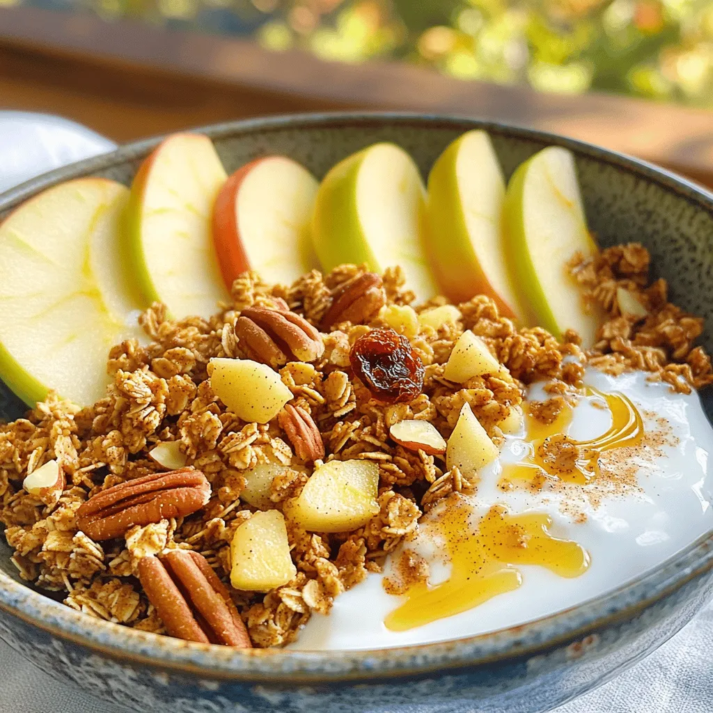 - 2 cups rolled oats - 1 cup diced dried apples - 1/2 cup chopped pecans - 1/2 cup sliced almonds - 1/4 cup honey or maple syrup - 1/4 cup coconut oil, melted - 1 teaspoon ground cinnamon - 1/2 teaspoon vanilla extract - 1/4 teaspoon salt - 1/4 cup sunflower seeds (optional) - 1/2 cup raisins or cranberries When making apple cinnamon granola, each ingredient plays a key role. Rolled oats form the base, giving a hearty texture. Diced dried apples add natural sweetness and chewy bites. Chopped pecans and sliced almonds provide crunch and healthy fats. Honey or maple syrup acts as a sweetener and binds the mixture. Coconut oil adds richness and helps with baking. Ground cinnamon brings a warm flavor, while vanilla extract enhances the taste. A pinch of salt balances the sweetness. Sunflower seeds are optional but add extra crunch and nutrients. Raisins or cranberries can provide a burst of flavor and sweetness. This recipe serves eight. Each serving is about 200 calories. It has healthy fats, fiber, and some sugars from the honey and fruit. - Calories: Approximately 200 per serving - Fats: Around 8 grams - Sugars: About 6 grams The health benefits are impressive. Rolled oats provide fiber, which aids digestion. Nuts offer protein and healthy fats. Dried fruits add vitamins and minerals. Cinnamon can help regulate blood sugar levels. Together, these ingredients create a satisfying snack that fuels your day. For the complete recipe, check the Full Recipe section. 1. Preheating and preparing the baking sheet Start by preheating your oven to 350°F (175°C). This ensures even cooking. Line a baking sheet with parchment paper. This makes cleanup easy. 2. Mixing dry ingredients In a large bowl, combine two cups of rolled oats, one cup of diced dried apples, half a cup of chopped pecans, half a cup of sliced almonds, and a quarter teaspoon of salt. If you like, add a quarter cup of sunflower seeds. This mix gives your granola a great crunch. 3. Combining wet ingredients In another bowl, whisk together a quarter cup of honey or maple syrup, a quarter cup of melted coconut oil, one teaspoon of ground cinnamon, and half a teaspoon of vanilla extract. Make sure everything blends well. This mixture will sweeten and flavor your granola. 1. Oven baking times and techniques Pour the wet mixture over the dry ingredients. Stir until everything is well coated. Spread the mixture on your prepared baking sheet. Press it down slightly to form an even layer. Bake in the oven for 20-25 minutes. 2. Stirring and monitoring for even baking Halfway through baking, stir the granola. This step helps it bake evenly and prevents burning. Keep an eye on it, as you want it golden brown. 1. Cooling down procedure Once baked, remove the granola from the oven. Let it cool completely on the baking sheet. It will harden as it cools. This is key for the right texture. 2. How to store for freshness After the granola cools, mix in half a cup of raisins or cranberries for added sweetness. Transfer the granola to an airtight container. Store it in a cool, dry place. This keeps it fresh and crunchy for days. For the full recipe, check the earlier section. To make the best granola, texture is key. Start with rolled oats; they give a hearty base. Mix your dry ingredients well. This ensures even flavor and crunch. Press the mixture down on the baking sheet. This step helps form those delightful clusters. Avoid overbaking to keep the granola crispy but not burnt. Bake at 350°F for just 20 to 25 minutes. Stir halfway through to cook evenly. Keep a close eye on it as it turns golden. Remove it from the oven when it looks just right. You can boost flavor with spices like nutmeg or ginger. These add warmth and depth to your granola. If you want more sweetness, adjust the honey or maple syrup. Start with less and add more until it suits your taste. You could also try adding cocoa powder for a chocolatey twist. A pinch of sea salt can enhance all the flavors too! Apple cinnamon granola pairs well with yogurt. Just sprinkle some on top and add fresh apple slices. This makes a great breakfast or snack! You can also use it as a crunchy topping for smoothie bowls. Just blend your favorite fruits, pour, and add granola for crunch. Another fun idea is to mix it with oatmeal. It adds texture and flavor, making your morning meal more exciting. Find the full recipe [here](#). {{image_2}} You can easily make this recipe your own. Here are some ideas: - Alternative nuts or seeds: Swap out pecans and almonds for walnuts, cashews, or pumpkin seeds. Each nut adds a unique crunch and flavor. - Using fresh apples instead of dried: If you prefer fresh fruit, dice up a tart apple like Granny Smith. Just add it to the mix just before baking. Want to change up the taste? Try these flavor twists: - Making it a nut-free version: Omit all nuts and add more seeds, like hemp or chia. This makes it safe for those with nut allergies. - Adding chocolate or other fruits: Stir in dark chocolate chips or dried mango. These add a sweet touch and make your granola even more fun. Making this granola fit your diet is easy. Here are some options: - Vegan or gluten-free adaptations: Use maple syrup instead of honey for a vegan treat. Choose certified gluten-free oats to keep it safe for those with gluten sensitivities. - Low-sugar versions: Reduce the honey or maple syrup to cut down on sugar. You can also add more spices like cinnamon to boost flavor without extra sweetness. With these variations, you can create a granola that suits your taste and needs. Check out the Full Recipe for the base to get started! To keep your apple cinnamon granola fresh, use an airtight container. This helps keep out moisture and air. Regular storage bags do not seal as well. If you must use them, double-bag your granola. Store your granola in a cool, dry place. A pantry shelf is perfect. Your granola will stay fresh for up to two weeks. If you see any signs of moisture, toss it out. You can freeze granola for longer storage. To freeze, pack it tightly in an airtight container. Label the container with the date. Granola can last for up to three months in the freezer. When you're ready to use it, take it out and let it thaw. You can leave it at room temperature for a few hours. Or, microwave it in short bursts to speed up the process. Once thawed, use it as you normally would. Enjoy this healthy snack in your yogurt or smoothies! For the full recipe, check out the Apple Cinnamon Granola section above. Homemade granola can last up to two weeks. Store it in an airtight container to keep it fresh. If you want it to last longer, you can freeze granola. Just place it in a freezer bag and remove as much air as possible. Thaw it in the fridge or at room temperature when ready to eat. You can use fresh apples in granola, but they add moisture. This can make the granola clump together and lose its crunch. Dried apples work better since they keep it crispy. If you want to add fresh apples, consider adding them after baking. This way, you get their flavor without altering the texture. Leftover granola is a great topping for yogurt or smoothies. You can also use it in baking. Try adding it to muffins, pancakes, or cookies for extra crunch. Mix it into oatmeal for a hearty breakfast. You can even sprinkle it on salads for a sweet twist. To make this recipe gluten-free, choose certified gluten-free oats. Some brands may process oats with gluten-containing grains. Check labels to ensure they are pure. You can also use gluten-free sweeteners, like maple syrup. This makes the entire recipe safe for those with gluten sensitivities. Granola offers several health benefits. It is high in fiber, which helps digestion. The nuts and seeds provide healthy fats and protein, keeping you full. Oats are known to lower cholesterol and improve heart health. With fruits like apples, you get vitamins and antioxidants, making granola a great snack. You now know how to make delicious apple cinnamon granola at home. We covered the ingredients, step-by-step instructions, and tips for perfecting your granola. Granola is healthy, tasty, and easy to customize. Use fresh apples, substitute nuts, or even make it vegan. Store it right for freshness, and enjoy it in many ways. With this guide, you have all the tools to create your favorite snack. Enjoy your granola journey!