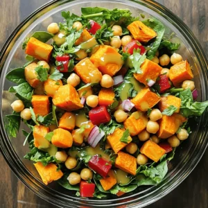 - Sweet potatoes - Chickpeas - Vegetables (bell pepper, onion, spinach or arugula) - Dressing components (olive oil, maple syrup, lemon juice, spices) To create the Sweet Potato and Chickpea Salad, you need simple and fresh ingredients. Sweet potatoes bring natural sweetness and a creamy texture. Chickpeas add protein and fiber, making this salad filling. You can use bright bell peppers for crunch and flavor. I love adding red onions for their sharp taste. Spinach or arugula adds a fresh, green touch. For the dressing, you need olive oil, which gives richness. Maple syrup adds sweetness, while lemon juice brings brightness. Spices like cumin and smoked paprika deepen the flavors. - Caloric breakdown - Macronutrient composition - Health benefits of sweet potatoes and chickpeas This salad is not only tasty, but it’s also good for you. The caloric content is balanced, offering energy without excess. Each serving has healthy carbs, proteins, and fats. Sweet potatoes are rich in vitamins A and C, which support your immune system. Chickpeas are an excellent source of plant-based protein, making them a great choice for vegetarians. They also aid in digestion due to their fiber content. When you eat this salad, you're fueling your body with nutrients. It’s a great option for lunch or dinner. You can feel good about enjoying it and sharing it too. For the full recipe, check out the Sweet Potato & Chickpea Delight. 1. Preheating the oven: Start by turning your oven to 400°F (200°C). This high heat helps to caramelize the sweet potatoes and chickpeas, giving them a nice flavor. 2. Preparing the sweet potatoes and chickpeas: Peel and cube the sweet potatoes into small pieces. They should be about 1-inch cubes for even cooking. Open a can of chickpeas, rinse them well, and drain them. This step clears off any canned flavor, making your salad taste fresh. - Timing and temperature guide: Spread the sweet potatoes and chickpeas on a large baking sheet in a single layer. Roast them for about 25-30 minutes. Stir them halfway through to ensure even cooking. Look for the sweet potatoes to be tender and slightly caramelized. - Tips for achieving perfect texture: To get that nice crispiness, make sure not to crowd the baking sheet. If they are too close, they will steam instead of roast. A little space allows hot air to circulate around them. - Mixing roasted vegetables with fresh ingredients: Once the sweet potatoes and chickpeas are done, let them cool for a few minutes. Then, in a large bowl, combine them with diced red bell pepper, finely chopped red onion, and baby spinach or arugula. This adds crunch and freshness to your salad. - How to properly drizzle and toss the dressing: In a small bowl, whisk together olive oil, maple syrup, lemon juice, and a pinch of salt and pepper. Drizzle this dressing over the salad mixture. Gently toss everything together so that each piece is coated. This helps blend all the flavors harmoniously. Enjoy the vibrant colors and flavors of your Sweet Potato and Chickpea Salad. For the complete recipe, check out the [Full Recipe]. To make your sweet potato and chickpea salad pop, use fresh herbs and spices. Add chopped parsley or cilantro for a fresh taste. Cumin and smoked paprika give it warmth and depth. You can also try adding a pinch of cayenne for heat. Adjust the salad's acidity and sweetness to your liking. Use more lemon juice if you want a tangy bite. If you prefer sweeter notes, add a bit more maple syrup. This balance makes each bite enjoyable. For a full meal, serve this salad with protein. Grilled chicken or shrimp pairs well. You can also add feta cheese for a salty kick. If you want plant-based options, consider chickpea patties or grilled tofu. Presentation is key. Use a large, clear bowl to show off the salad's colorful layers. You can scatter a few whole chickpeas on top for texture. This simple touch makes your dish look gourmet. One mistake is overcooking the sweet potatoes. If they become mushy, the salad loses its charm. Roast them just until tender and caramelized. Another common error is not balancing the dressing flavors. A too-sour or too-sweet dressing can overpower the salad. Taste as you go, and adjust the seasoning. This ensures a well-rounded flavor profile. For the complete recipe, check out the Sweet Potato & Chickpea Delight. {{image_2}} You can change some ingredients to suit your taste or needs. For a twist, try using quinoa or farro instead of chickpeas. If you want more crunch, add diced cucumber or shredded carrots. For a rich flavor, use roasted red peppers. You can also swap sweet potatoes for butternut squash. If you follow a vegan or gluten-free diet, this salad still works. Chickpeas are naturally gluten-free, so you're safe there. Use a gluten-free grain like rice or millet. For a vegan dressing, simply use maple syrup and olive oil. Seasons can change how you make this salad. In the summer, fresh tomatoes or corn can brighten your dish. You might use basil or cilantro for a fresh taste. In the winter, add roasted Brussels sprouts or kale for warmth. Don't forget to include fresh herbs based on the season. In the spring, use mint or chives for a fresh kick. In the fall, thyme or rosemary can add depth to your flavors. You can mix up the dressing to create new flavors. Try a tahini dressing for a nutty taste. A yogurt dressing can add creaminess and tang. Consider using different oils like avocado oil or sesame oil. Flavored vinegars, like balsamic or apple cider, can change the salad's vibe too. Don't be afraid to add a hint of honey or mustard for more zest. For the full recipe, check out the Sweet Potato & Chickpea Delight. To keep your sweet potato and chickpea salad fresh, store it in the fridge. Place leftovers in an airtight container. This helps keep the flavors strong and the ingredients crisp. It is best to eat the salad within three days. If you want to save it for longer, you can freeze it. Put the salad in a freezer-safe bag. Squeeze out the air and seal it well. You can freeze it for one to two months. Just remember, freezing can change the texture of the greens. When it comes to reheating, I suggest using the oven. Preheat it to 350°F (175°C). Spread the salad on a baking sheet. Heat it for about 10-15 minutes. This method keeps the sweet potatoes soft and warm. Avoid using a microwave, as it can make the texture mushy. Another fun way to enjoy leftovers is by using them as a filling. You can make wraps or sandwiches. Just add your favorite bread or tortilla. This makes a quick and tasty meal. Yes, you can prepare the salad in advance. Store it in the fridge for up to three days. Keep the dressing separate until you are ready to serve. This keeps the greens fresh and crunchy. When ready, just toss everything together. It saves you time on busy days! To make this salad more filling, add some protein or grains. Grilled chicken or tofu works great. You could also mix in quinoa or farro for more texture. These options help turn your salad into a hearty meal. To change the spice level, start with less cumin and paprika. You can always add more after tasting. For heat, consider sliced jalapeños or a dash of hot sauce. Mixing in a little cayenne pepper gives a nice kick too! Adjust until it's just right for you. This blog post covered essential ingredients like sweet potatoes and chickpeas, plus their health benefits. I outlined how to prepare, roast, and combine these foods for a tasty salad. I also shared tips to enhance flavor and avoid common mistakes. Remember, you can adapt this dish with various vegetables and dressings. With proper storage and reheating methods, you can enjoy this meal multiple ways. Embrace creativity in the kitchen!