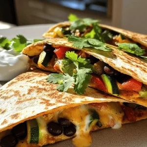 To make loaded veggie quesadillas, gather these items: - 4 large whole wheat tortillas - 1 cup black beans, rinsed and drained - 1 cup corn kernels (fresh or frozen) - 1 red bell pepper, diced - 1 zucchini, diced - 1 small red onion, finely chopped - 1 cup shredded cheese (cheddar or jack) - 1 teaspoon cumin - 1 teaspoon smoked paprika - 1 tablespoon olive oil - Salt and pepper to taste - Fresh cilantro for garnish - Greek yogurt or sour cream for serving (optional) You can boost the flavor with these extras: - Chopped jalapeños for heat - Avocado slices for creaminess - Lime wedges for a fresh kick - Spinach or kale for extra greens - Different spices like chili powder or garlic powder Here are some tools to help you make these quesadillas: - Large skillet for cooking veggies - Clean skillet or griddle for grilling quesadillas - Spatula to flip them easily - Cutting board and knife for prepping ingredients - Measuring spoons for accurate spice amounts These ingredients and tools set you up for a tasty cooking session. To make loaded veggie quesadillas, first gather your ingredients. You need whole wheat tortillas, black beans, corn, red bell pepper, zucchini, red onion, cheese, and spices. 1. Heat olive oil in a large skillet over medium heat. 2. Add the chopped red onion. Sauté for about 3-4 minutes, until it softens. 3. Stir in the diced red bell pepper and zucchini. Cook for an additional 5 minutes. 4. Add black beans, corn, cumin, smoked paprika, salt, and pepper. Mix well and cook for 2-3 more minutes until everything heats through. 5. Remove the veggie filling from heat and set it aside. Use a clean skillet or griddle for the next steps. Heat it over medium heat. Place one tortilla in the skillet and sprinkle half of it with shredded cheese. This layer of cheese helps melt and bind the filling. 1. Spoon the veggie mixture evenly over the cheese. 2. Sprinkle a little more cheese on top before folding the tortilla in half. 3. Cook for about 3-4 minutes on each side. Look for a golden and crispy tortilla with melted cheese. Repeat for the other tortillas until you finish the filling. To keep your quesadillas crispy, avoid overfilling them. This can make them soggy. Use medium heat to cook them slowly. This way, they get crispy without burning. You can also use a spatula to press down gently on the quesadilla while it cooks. This helps the cheese melt well and keeps everything together. Once cooked, slice into wedges. Garnish with fresh cilantro. Serve warm with Greek yogurt or sour cream for dipping. For more detailed instructions, check out the Full Recipe. To get the best texture, use a hot skillet. A hot pan helps the tortilla crisp up. Use just enough oil to coat the pan. Too much oil can make them greasy. Cook each quesadilla for about 3 to 4 minutes on each side. Look for a golden color. A crispy outside and warm filling make it perfect. One common mistake is overfilling the quesadilla. If you add too many veggies or cheese, it may burst. Another mistake is not heating the skillet enough. A cold skillet will leave your quesadilla soft. Always preheat before cooking. Lastly, avoid flipping too soon. Wait until you see a nice brown color. You can change the flavor with spices. Add chili powder for more heat. If you want a smoky taste, use smoked paprika. For a fresh kick, add lime juice or zest. You can also mix in herbs like oregano or basil. This will give your quesadillas a unique taste. Experiment to find your favorite blend! For the full recipe, check the section above. {{image_2}} You can easily make these quesadillas vegetarian or vegan. For a vegetarian twist, use cheese made from cow's milk, like cheddar or jack. If you want a vegan option, skip the cheese or use plant-based cheese. You can also add more beans or avocado for creaminess and flavor. Cheese choice can change the flavor. Cheddar gives a sharp taste. Jack cheese provides a milder, creamier bite. Try mixing cheeses for a layered flavor. Mozzarella melts well and adds stretch. For a kick, consider pepper jack cheese. Each type brings its flair to your quesadillas. Feel free to mix up the veggies! Spinach, mushrooms, or kale work great in quesadillas. Sweet potatoes add a nice sweetness and texture. You can also use eggplant or squash for depth. Get creative and use what you have. These loaded veggie quesadillas are all about fun and flavor. Check out the Full Recipe for more ideas! To store leftover quesadillas, let them cool first. Place them in an airtight container. You can also wrap them tightly in plastic wrap. This way, they stay fresh for up to three days in the fridge. If you want to keep them longer, consider freezing. To reheat your quesadillas, use a skillet for best results. Heat the skillet over medium heat. Place the quesadilla in the skillet and cook for about 3 minutes on each side. This method keeps the tortilla crispy and warms the filling. You can also use an oven. Preheat it to 350°F (175°C) and bake for about 10 minutes. For freezing, wrap each quesadilla in plastic wrap. Then, place them in a freezer-safe bag. They can last up to three months in the freezer. To thaw, take them out the night before and place them in the fridge. You can also use the microwave for quick thawing. Just heat on low until soft. After thawing, follow the reheating instructions for the best taste. Try this method to enjoy your Loaded Veggie Quesadillas any time! For the full recipe, check the earlier sections. You can serve many tasty sides with your loaded veggie quesadillas. Some great options include: - Fresh salsa - Guacamole - A simple green salad - Rice or quinoa - Black bean soup These sides add flavor and texture to your meal. They also make it more filling. To keep your quesadilla crispy, follow these tips: - Use fresh tortillas. Stale ones tend to soak up moisture. - Avoid adding too much filling. Less is more for crunch. - Cook on medium heat. High heat can burn the outside while leaving the inside soggy. - Let the filling cool a bit before adding it to the tortilla. These steps help keep your quesadilla golden and crisp. Yes, you can prepare loaded veggie quesadillas in advance. Here’s how: - Cook the filling and let it cool. - Assemble the quesadillas but do not cook them. - Wrap tightly in plastic wrap or foil and store in the fridge for up to 24 hours. - When ready, cook them in a skillet. This gives you hot and fresh quesadillas. Making them ahead saves time and is great for busy days. Check the Full Recipe for more tips. Loaded veggie quesadillas are a fun and tasty meal. We explored all the key ingredients, cooking steps, and tips for perfecting them. Remember to try different veggies and spices to suit your taste. Keeping tortillas crisp is crucial, so follow the storage tips for leftovers. These meals are easy to make ahead and work great with any side. Enjoy crafting your own perfect quesadilla and sharing it with friends and family!