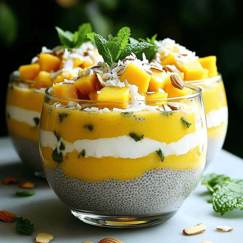 - 1 cup coconut milk - 1/2 cup almond milk - 1/4 cup chia seeds - 2 tablespoons maple syrup (or honey) - 1 ripe mango, diced - 1/2 teaspoon vanilla extract - A pinch of salt - Optional toppings: shredded coconut, sliced almonds, fresh mint leaves To make Mango Coconut Chia Pudding, gather these ingredients. First, the coconut milk adds richness. Almond milk gives it a lighter feel. Chia seeds are the star, turning the mix into pudding. Maple syrup or honey adds natural sweetness. The ripe mango brings bright flavor. Vanilla extract enhances the taste, while salt balances it. Optional toppings like shredded coconut, sliced almonds, and fresh mint add crunch and color. With these ingredients, you can create a creamy and tasty treat. Each element plays a role in the final flavor. I find that using fresh, ripe mango makes a big difference. It adds a sweet and juicy bite. If you want to try variations, consider using different fruits or nuts. You can also check the Full Recipe for more details. To start, grab a mixing bowl. In this bowl, combine 1 cup of coconut milk, 1/2 cup of almond milk, 2 tablespoons of maple syrup, and 1/2 teaspoon of vanilla extract. Add a pinch of salt for flavor. Whisk these ingredients together until they blend well. Next, slowly add 1/4 cup of chia seeds to the milk mixture. Stir constantly to avoid clumping. It's important that the seeds mix evenly. After adding them, let the mixture sit for about 10 minutes. This allows the chia seeds to begin absorbing the liquid. Stir again to ensure the seeds are well distributed. Now, cover the bowl and place it in the refrigerator. You should chill it for at least 4 hours or overnight. This step is crucial. It helps the pudding thicken to a creamy, pudding-like consistency. The longer it chills, the better the texture will be. When you're ready to serve, take the chia pudding out of the fridge. Layer it in bowls or glasses. Start with a layer of chia pudding and then add diced mango on top. Repeat the layers as desired. For extra flavor, consider adding optional toppings like shredded coconut, sliced almonds, or fresh mint leaves. These toppings not only enhance taste but also make the dessert visually appealing. Enjoy every bite! - Use full-fat coconut milk for a richer texture. - Stir regularly during the initial thickening phase. To make the pudding creamy, full-fat coconut milk is key. It adds a smooth, rich texture, making each bite delightful. Stirring the mixture often while it thickens helps break up any clumps. This keeps the pudding silky and ensures the chia seeds expand evenly. - Substitute maple syrup with agave nectar for a vegan option. - Incorporate more fruit for added nutrition. If you're vegan, swap maple syrup for agave nectar. It gives a nice sweetness without any animal products. You can also add extra fruit like berries or bananas. This not only boosts nutrition but adds fun flavors and colors, making your pudding even more exciting. - Not allowing enough chilling time. - Adding chia seeds too quickly, causing clumps. One common mistake is not chilling the pudding long enough. Give it at least four hours, or overnight if you can wait. This helps it reach the right, thick texture. Another mistake is adding chia seeds too quickly. If you do this, they may clump together. Always sprinkle them in slowly while stirring to keep things smooth. {{image_2}} You can easily switch up the flavor of your mango coconut chia pudding. Try adding pineapple or passion fruit for a tropical twist. These fruits bring a bright, sweet taste that pairs well with coconut. If you love chocolate, consider mixing in cocoa powder. This gives the pudding a rich, indulgent flavor that is sure to please chocolate lovers. For those with allergies, there are nut-free options. You can use oat milk or soy milk instead of almond milk. Both work great and keep the pudding creamy. If you want to cut back on sugar, try natural sweeteners like stevia or monk fruit. These can give you the sweetness you crave without adding too many calories. How you serve your pudding can make a big difference. Use glass jars to create a layered dessert effect. This not only looks pretty but also adds to the fun of eating. You can also serve it with fresh fruit or granola on the side. These extras add crunch and freshness, making each bite exciting. To keep your chia pudding fresh, store it in an airtight container. Place it in the refrigerator right after making it. This will help maintain its creamy texture and flavor. Chia pudding stays good for up to five days. Make sure to check for any signs of spoilage before eating. You can freeze chia pudding if you want to save some for later. Divide it into small portions and place them in freezer-safe containers. This way, you can enjoy a quick treat anytime. To defrost, move the container to the fridge for a few hours or overnight. Avoid using a microwave, as it can change the texture. When you're ready to eat, stir it well to bring back its creamy consistency. Chia pudding is a simple dish made from chia seeds soaked in liquid. People often use coconut milk or almond milk. Chia seeds are tiny but packed with nutrients. They contain fiber, protein, and healthy fats. Each serving gives you a good amount of omega-3 fatty acids. Chia seeds also help you feel full longer, which can aid in weight control. Plus, they are rich in antioxidants and help with digestion. Overall, chia pudding is a healthy choice for breakfast or a snack. Yes, you can! Chia pudding is great for meal prep. You can make it up to three days ahead. Just store it in an airtight container in the fridge. This keeps it fresh and tasty. To make it easier, layer it in jars for quick grab-and-go meals. Just remember to stir the pudding before serving, as it may settle. You can also add fresh fruit right before eating for the best taste. If you want your pudding sweeter, try adding natural sweeteners. Maple syrup is a great choice, but honey works too. You can start with one tablespoon and taste as you go. If you want more sweetness, add a little more. Another option is to use mashed ripe bananas or pureed dates. These add natural sweetness and a nice flavor. Adjust the sweetness to fit your taste. If mango isn’t your thing, there are many tasty options. You can use diced pineapple for a sweet, tropical twist. Bananas add creaminess and sweetness too. Berries like strawberries or blueberries give a fresh flavor and color. You can also try diced peaches or even kiwi. Each fruit adds its own unique taste to your chia pudding. For the full recipe of Mango Coconut Chia Pudding, visit the [Full Recipe] section above. In this blog post, we explored how to make delicious Mango Coconut Chia Pudding. We covered the ingredients, including coconut milk and chia seeds, and detailed each step. You learned tips for creaminess and ways to vary the recipe. Storing and freezing tips helped ensure freshness. Chia pudding is fun to make and easy to customize. With these steps, you can enjoy a tasty and healthy treat. Experiment with flavors and toppings to make it your own. Happy pudding making!