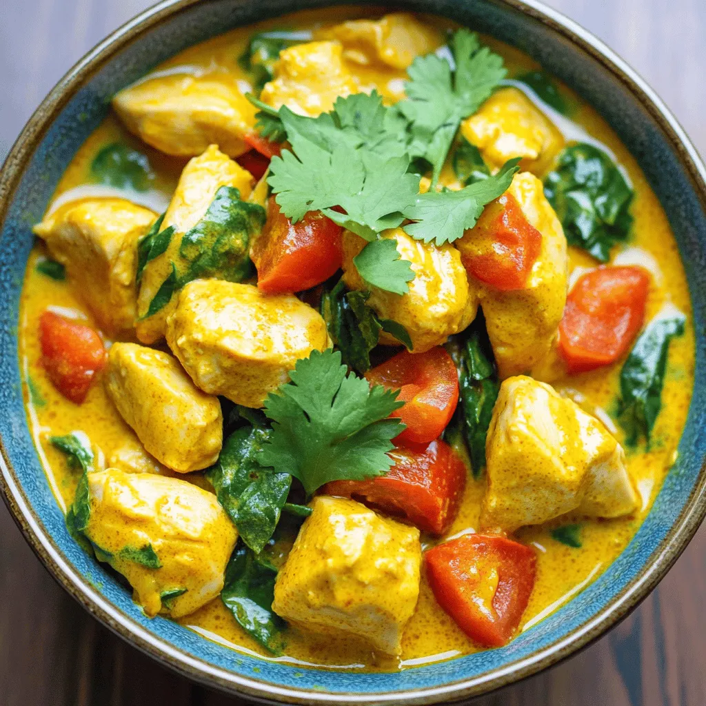 - 1 lb (450g) chicken breast, cut into bite-sized pieces - 1 tablespoon coconut oil - 1 medium onion, finely chopped - 3 garlic cloves, minced - 1-inch piece of ginger, grated These ingredients form the base of your chicken curry. I love using chicken breast for its lean protein. Coconut oil adds a rich flavor and helps with cooking. Onions, garlic, and ginger bring a wonderful aroma and depth to the dish. - 1 tablespoon curry powder - 1 teaspoon turmeric powder - 1 teaspoon garam masala Spices are the heart of this recipe. Curry powder adds warmth and complexity. Turmeric gives a bright color and health benefits. Garam masala provides a fragrant finish that ties everything together. - 1 can (14 oz) coconut milk - 1 cup diced tomatoes (canned or fresh) - 1 cup spinach, chopped - Fresh cilantro for garnish Coconut milk creates a creamy sauce, while tomatoes add a fresh taste. Spinach boosts nutrition and color. You can use cilantro as a garnish to enhance the look and flavor. For the full recipe, check out the link! Start by chopping the chicken into bite-sized pieces. This helps it cook evenly. I like to marinate the chicken with some salt and pepper for extra flavor. Next, chop one medium onion, three garlic cloves, and a one-inch piece of ginger. The onion gives sweetness, while garlic and ginger add warmth. Gather your spices: curry powder, turmeric, and garam masala. These will create the rich flavor of the curry. Heat one tablespoon of coconut oil in a large skillet over medium heat. Add the chopped onion and sauté it until it turns translucent, about five minutes. Now, stir in the minced garlic and grated ginger. Cook them for one to two minutes until the aroma fills the air. This is where the magic begins! Sprinkle in the curry powder, turmeric, and garam masala. Stir to coat the onions and spice them up. Cook for another minute to release their full flavors. Add the marinated chicken pieces to the skillet. Season with salt and pepper. Brown the chicken on all sides for about five to seven minutes. This locks in the juices. Pour in one can of coconut milk and one cup of diced tomatoes. Stir well to combine everything. Bring the mixture to a gentle simmer. Let it simmer uncovered for about 15 to 20 minutes. This gives the chicken time to cook through. The sauce will thicken slightly, making it creamy and rich. Stir in one cup of chopped spinach and cook for an additional three to four minutes until it wilts. This adds color and nutrients to your dish. Taste the curry and adjust the seasoning if needed. A pinch more salt or spice can make a big difference. Serve hot, garnished with fresh cilantro for a bright finish. You can enjoy it over rice or with warm naan. - Best practices for cooking chicken Always use fresh chicken. Cut it into even pieces for quick cooking. Avoid overcrowding the pan; this helps the chicken brown well. - Optimal heat management Start with medium heat when cooking. This allows the chicken to cook evenly. If the heat is too high, the outside may burn before the inside is done. - Recommended garnish Fresh cilantro adds a burst of flavor. It also makes the dish look vibrant. You can sprinkle it on just before serving. - Adjusting spice levels If you like spice, add more curry powder or some chili flakes. For a milder taste, reduce the spices used. Taste as you go to find your perfect balance. - Preparing ingredients in advance Chop your onions, garlic, and ginger before you start cooking. This saves time and makes the cooking process smoother. - Quick cooking methods Use a pressure cooker for faster results. It cuts down cooking time while keeping the chicken tender and juicy. You can also use pre-cooked chicken to speed things up. For the full recipe, check out the Savory Coconut Chicken Curry. {{image_2}} You can easily make this dish vegetarian by swapping chicken for chickpeas or tofu. Both options soak up the flavors well. For a dairy-free adjustment, ensure you use coconut milk instead of any cream. Coconut milk keeps the dish creamy and rich without dairy. If you want to try different meats, turkey or shrimp works great. Both will cook quickly and add unique flavors. You can also use vegetables like bell peppers, carrots, or zucchini for a colorful twist. Just add them in with the onions to ensure they cook well. Serve your chicken curry with rice or naan for a full meal. Jasmine rice adds a nice fragrance. For creativity, try serving it in a bowl topped with fresh cilantro and a slice of lime. It looks beautiful and adds a zesty touch. To store leftovers, let the chicken curry cool first. Then, transfer it to an airtight container. This keeps the curry fresh and tasty. Store it in the fridge for up to four days. When you are ready to eat, simply reheat it. Use a pot or microwave for reheating. If using the microwave, heat it in short bursts. Stir in between to make sure it heats evenly. You can freeze portions of chicken curry for later use. Divide it into smaller containers. This way, you can grab just what you need. Make sure to leave some space in each container. This space helps it expand when frozen. To thaw, move it to the fridge overnight. For a quicker method, you can use the microwave. Just avoid cooking it while it thaws. In the fridge, the chicken curry lasts about four days. If you freeze it, it can stay good for three months. Always check for spoilage before eating. Signs of spoilage include an off smell, strange colors, or mold. If you notice any of these, do not eat it. Always trust your senses when it comes to food safety. To add heat to your Easy Chicken Curry, try these tips: - Use more curry powder. - Add red chili flakes or powder. - Include sliced fresh chili peppers. - Mix in a dash of hot sauce. Start with small amounts. You can always add more. Taste as you go. This lets you control the heat. Yes, you can use frozen chicken for this recipe. Here are best practices: - Thaw chicken overnight in the fridge. - If short on time, use the microwave. - Ensure chicken is fully thawed before cooking. This helps it cook evenly. Cooking from frozen can lead to uneven cooking. Make sure to adjust cooking time. You can customize your curry with many vegetables. Here are some suggestions: - Bell peppers for sweetness. - Carrots for crunch. - Cauliflower for a hearty bite. - Peas for color and sweetness. Add the veggies after browning the chicken. Cook until tender, then continue with the recipe. This makes your curry more colorful and nutritious. This article covered essential ingredients, steps, and tips for making chicken curry. You learned about spices, cooking techniques, and variations to suit your taste. Don’t forget to store leftovers properly and adjust flavors to your liking. Enjoy creating this dish, whether for family or friends. With practice, you'll make it your own. Happy cooking!