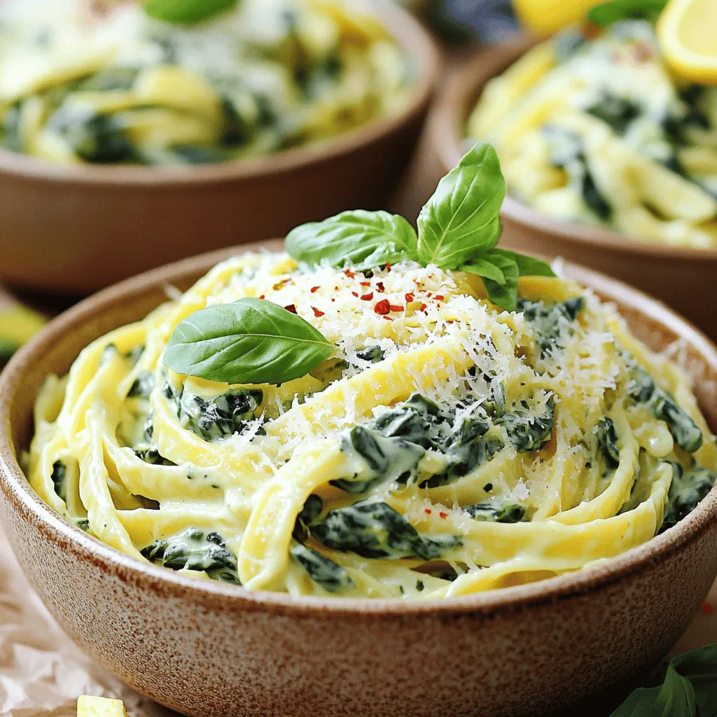 - Pasta options: You can use fettuccine or penne. Both hold sauce well. I love fettuccine for its flat shape. Penne adds a nice bite. - Fresh spinach: Spinach is key. It adds color and nutrients. This leafy green is rich in iron and vitamins. - Heavy cream and Parmesan cheese: Heavy cream makes the sauce rich and smooth. Parmesan adds a salty, nutty flavor. These two make the dish creamy and satisfying. - Garlic and red pepper flakes: Garlic gives a strong flavor. Red pepper flakes add a bit of heat. Together, they make the dish sing! - Lemon zest and juice: Lemon brightens the sauce. The zest gives a fresh aroma. A splash of juice adds tang, balancing the creaminess. - Fresh basil: Basil brings a burst of flavor. It also looks pretty on top. I love tearing fresh leaves to add at the end. To cook pasta al dente, bring a large pot of salted water to a boil. Add the pasta and stir it occasionally. Check the package instructions for timing. Usually, it takes around 8 to 12 minutes. You want the pasta to be firm but not hard. When it’s done, reserve about 1/2 cup of the pasta water before draining. Here are some tips for reserving pasta water: - Use a heat-safe cup to scoop out the water. - Be careful, as it’s hot! - This starchy water helps the sauce stick to the pasta. In a large skillet, heat 2 tablespoons of olive oil over medium heat. Add 3 minced garlic cloves and 1/2 teaspoon of red pepper flakes. Sauté for about 1 minute until fragrant. Then, add 2 cups of chopped spinach. Cook until it wilts, which takes about 3 to 4 minutes. To create a smooth, creamy sauce, lower the heat and pour in 1 cup of heavy cream. Stir well and let it heat up without boiling. Slowly add 1/2 cup of grated Parmesan cheese. Keep stirring until it melts and the sauce is smooth. Add the cooked pasta to the skillet with the sauce. Pour in the reserved pasta water and toss everything together. Make sure the pasta is well-coated in the creamy sauce. For final seasoning adjustments, add the zest and juice of 1 lemon, along with salt and pepper to taste. Mix well to ensure that all flavors blend. If the sauce is too thick, just add a little more reserved pasta water until it's just right. Now, plate the creamy spinach pasta in warm bowls. Garnish with fresh basil leaves for a burst of flavor. Enjoy this luscious dish that you made from scratch! For the complete recipe, refer to [Full Recipe]. To get the right texture in your creamy spinach pasta, you can use pasta water. This starchy water helps thicken the sauce. After cooking your pasta, save half a cup of this water. Add it slowly to your sauce. Stir until you reach the smoothness you like. If you need a thicker sauce, try adding a bit of cornstarch mixed with water. Mix one tablespoon of cornstarch with two tablespoons of cold water. Stir this mix into your sauce. Heat until it thickens. You can boost flavor with herbs and spices. Consider adding these options: - Fresh parsley - Oregano - Thyme - Nutmeg for warmth You can also add protein or veggies to your dish. Some great choices include: - Grilled chicken - Shrimp - Sautéed mushrooms - Sun-dried tomatoes These additions make your meal heartier and even more delicious. Pair your creamy spinach pasta with side dishes. A simple green salad works well. Garlic bread is another tasty option. For a lovely drink, enjoy a glass of white wine. A Pinot Grigio or Chardonnay matches well with creamy pasta dishes. Want the full experience? Check out the Full Recipe for a delightful journey into creamy goodness! {{image_2}} You can make creamy spinach pasta with different types of pasta. Fettuccine and penne work well, but you can try whole wheat or gluten-free options too. For a plant-based twist, swap heavy cream for plant-based cream. This keeps the dish rich and creamy while making it vegan-friendly. To make your dish heartier, consider adding proteins. Chicken, shrimp, or tofu all pair nicely with creamy spinach pasta. For chicken, grill or sauté it before mixing it in. If you choose shrimp, cook it until pink and tender. For tofu, press, cube, and sauté until golden. Each adds a new layer of flavor. Want to change the flavor? Add sun-dried tomatoes or sautéed mushrooms. Both add a nice depth. You can also play with spices. Try Italian herbs or sprinkle in some chili flakes for heat. These small changes can make your dish exciting and new. If you want more ideas, check out the Full Recipe for inspiration. To keep your creamy spinach pasta fresh, cool it to room temperature. Place the pasta in an airtight container. This helps to seal in the flavors. Store it in the fridge for up to three days. I recommend using glass or BPA-free plastic containers. These containers prevent moisture loss and odors from mixing. When reheating, you want to keep that creamy texture. The best way is to use the stovetop. Add a splash of water or broth in a skillet, then warm it over low heat. Stir often to mix the sauce and pasta. If using a microwave, place the pasta in a bowl. Cover it with a damp paper towel to keep it moist. Heat in short bursts, stirring in between. This method helps avoid drying out the dish. Yes, you can freeze creamy spinach pasta! To do this, let it cool completely. Then, scoop it into freezer-safe bags. Squeeze out as much air as you can. This prevents freezer burn. To thaw, move it to the fridge for several hours or overnight. Reheat it gently on the stove, adding a bit of cream or water as needed. This keeps the pasta creamy and delicious. For the full recipe, refer back to the beginning. You can use several substitutes for heavy cream. Some good options include: - Greek yogurt: It adds creaminess and a slight tang. - Coconut milk: This gives a rich flavor with a hint of sweetness. - Silken tofu: Blend it to create a smooth base. - Cashew cream: Soak cashews and blend with water for a creamy texture. These alternatives keep your dish creamy without heavy cream. Each option brings a unique flavor, so feel free to experiment! The best pasta types for creamy spinach pasta are: - Fettuccine: Its flat shape holds sauce well. - Penne: The tubes trap the sauce inside. - Rotini: Its spirals catch sauce and spinach. Each type offers a different texture. Choose what you like best for a fun twist on your dish! Yes, you can add many vegetables! Here are some great options: - Mushrooms: Sauté them for added umami. - Cherry tomatoes: They add sweetness and color. - Broccoli: Steam it lightly for crunch. - Zucchini: Sautéed slices add freshness. These veggies can enhance flavor and nutrition. Mix and match to find your favorite combination! To keep your pasta from sticking, follow these tips: - Use plenty of water: A large pot helps prevent sticking. - Add salt to the water: It enhances flavor and helps pasta cook evenly. - Stir often: This keeps pasta separated while cooking. - Don’t rinse: Rinsing removes the starch that helps sauce cling. These steps will help you achieve the perfect pasta texture every time! For the full recipe, check out the Creamy Spinach Pasta section. In this blog post, we explored how to make delicious creamy spinach pasta. We covered main ingredients like pasta, spinach, heavy cream, and Parmesan cheese. You learned to cook pasta al dente, sauté spinach, and create the perfect sauce. We also shared tips for flavor, storage, and variations to suit your taste. Embrace this dish as a canvas for creativity. Whether you stick to the basics or try unique twists, enjoy your cooking adventure!