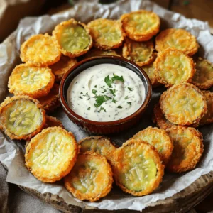 - 1 jar dill pickles (slices or spears) - 1 cup all-purpose flour - 1 cup buttermilk (or milk with 1 tablespoon vinegar added) - 1 cup breadcrumbs (preferably panko for extra crispiness) - 1 teaspoon garlic powder - 1 teaspoon onion powder - 1 teaspoon smoked paprika - 1/2 teaspoon cayenne pepper (adjust to your spice preference) - Salt and pepper to taste - Oil for frying (such as vegetable or canola oil) To make crispy fried pickles, you need simple ingredients. The main star is dill pickles. You can use slices or spears, depending on your taste. The breading is key for crunch. You need flour, buttermilk, and breadcrumbs. The buttermilk helps the breading stick. For the best crunch, use panko breadcrumbs. They make the pickles extra crispy. Seasonings add flavor. Garlic powder, onion powder, and smoked paprika give a nice taste. If you like spice, add cayenne pepper. Finally, don’t forget salt and pepper to bring it all together. You can find the full recipe at [Full Recipe]. To start, you need to drain and dry the pickles. Open the jar and pour out the juice. Then, place the pickles on a paper towel. Pat them dry to remove moisture. This step helps make them crispy. Next, you will begin the dredging process. In a shallow dish, mix flour, garlic powder, onion powder, smoked paprika, cayenne pepper, salt, and pepper. This mixture gives flavor to the pickles. In another dish, pour buttermilk. The buttermilk helps the coating stick. Have a third dish ready with breadcrumbs. Panko works best for that extra crunch. Now, it’s time to fry! Preheat oil in a deep frying pan over medium-high heat. You want the oil to reach 350°F (175°C). This is the perfect temperature for frying. Once the oil is hot, take each pickle slice. First, dredge it in the seasoned flour. Make sure each piece is coated well. Then, dip the floured pickle into the buttermilk, letting the excess drip off. Finally, roll the pickle in the breadcrumbs. Press lightly to help them stick. Carefully place the coated pickles in the hot oil. Fry them in batches to avoid overcrowding. Fry until golden brown and crispy, which takes about 2-3 minutes per side. Once done, remove them with a slotted spoon. Place them on a paper towel-lined plate to soak up extra oil. Now for the fun part: serving! Present your crispy fried pickles on a large platter. Line the platter with parchment paper for a rustic touch. Place a small bowl of dipping sauce in the center for easy access. For dipping sauces, ranch dressing is a classic choice. If you want some heat, try spicy remoulade. You can add a sprinkle of fresh herbs, like parsley, for a colorful finish. Enjoy your crispy fried pickles fresh and warm! For the full recipe, click here. To get that perfect crunch, start by removing moisture from the pickles. Wet pickles won’t fry well. Use paper towels to pat them dry. This step is key for a crispy coating. Next, I recommend using panko breadcrumbs. They are coarser than regular breadcrumbs. This texture gives your pickles that extra crunch you crave. When you roll the pickles in panko, press lightly to help them stick. One common mistake is overcrowding the frying pan. When you fry too many pickles at once, the temperature of the oil drops. This makes them greasy and soggy. Fry in small batches to keep the oil hot. Another mistake is not seasoning adequately. Always season your flour mix well. It adds flavor to the pickles. Taste your flour mix before using it. Adjust the spices to fit your taste. Proper seasoning makes a big difference in flavor. {{image_2}} You can easily change the taste of your crispy fried pickles. Adding different spices or herbs can make a big difference. Here are some ideas: - Spices: Try adding cumin, chili powder, or Italian herbs. These spices can make the pickles more exciting. - Herbs: Fresh dill or parsley can add a fresh twist. Mixing in herbs can enhance the flavor. If you want a vegan option, you can replace buttermilk. Use plant-based milk with a splash of vinegar. This makes it safe for everyone to enjoy. The fun doesn’t stop with just frying; serving styles can also add flair. Here are some dipping suggestions: - Dipping Sauces: Classic ranch is a favorite, but you can try spicy mayo or garlic aioli too. These sauces can add a burst of flavor. - Creative Plating: Use a large platter and arrange your pickles in a circle. Place a small bowl of sauce in the middle. You can even add colorful veggies around the edges for a pop of color. These variations can make your crispy fried pickles a delightful experience. Check out the Full Recipe for more details! To keep your crispy fried pickles fresh, store them right. Place the leftovers in an airtight container. Make sure they cool down first. You can keep them in the fridge for about three days. When you want to eat them again, don’t just microwave them. Microwaving makes them soggy. Instead, reheat them in an oven or air fryer. This will help restore their crunch. Heat them at 375°F (190°C) for about 10 minutes. If you want to save some for later, freezing is a good option. First, let the fried pickles cool completely. Then, arrange them in a single layer on a baking sheet. Freeze them for about an hour. This prevents them from sticking together. Once frozen, place them in a freezer bag or container. They can stay good for up to three months in the freezer. When you’re ready to eat them, take out as many as you want. Thaw them in the fridge overnight. After they thaw, reheat them in the oven at 375°F (190°C) for about 10-15 minutes. This way, they stay crispy and delicious. You can find the full recipe for crispy fried pickles in the earlier sections. If you need a dairy-free option, you can make your own buttermilk. Combine 1 cup of regular milk with 1 tablespoon of vinegar or lemon juice. Let it sit for 5 minutes. This creates a similar tangy flavor. You can also use almond milk or soy milk mixed with vinegar for a dairy-free choice. To reduce grease, start by patting the pickles dry. Moisture makes them absorb more oil. You can also use a paper towel to blot the fried pickles after cooking. Another tip is to ensure your oil is hot enough, around 350°F (175°C). This helps fry them quickly, creating a crispy layer without soaking up too much oil. Yes, you can air fry crispy fried pickles! Preheat your air fryer to 400°F (200°C). Follow the same dredging steps. Place the coated pickles in a single layer in the air fryer basket. Cook for about 10 minutes, turning halfway through. This method uses less oil but still gives you that satisfying crunch. To find the best crispy fried pickles, check local diners and pubs. Look at online reviews for places that specialize in Southern cuisine. Ask friends for recommendations, too. Many restaurants take pride in their fried pickles, so you’re sure to find a delicious option nearby! We covered how to make crispy fried pickles, from ingredients to serving ideas. First, we listed key ingredients and preparation steps. Then, we explored frying techniques and tips for that perfect crunch. We also discussed variations and ways to store leftovers. Remember to avoid common mistakes and try different flavors for fun. Making crispy fried pickles can be easy and rewarding. Enjoy experimenting with this tasty snack!