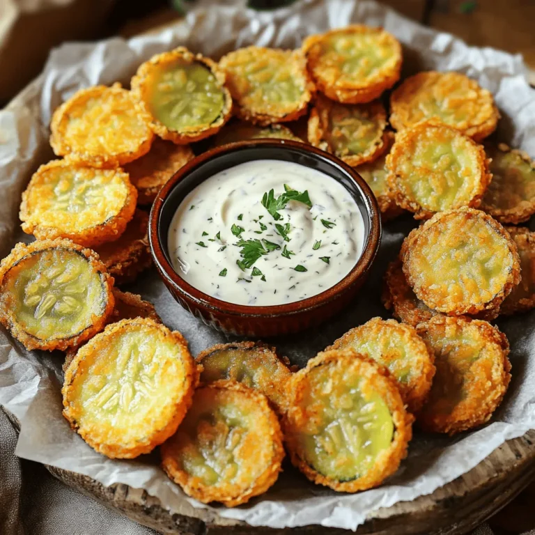 - 1 jar dill pickles (slices or spears) - 1 cup all-purpose flour - 1 cup buttermilk (or milk with 1 tablespoon vinegar added) - 1 cup breadcrumbs (preferably panko for extra crispiness) - 1 teaspoon garlic powder - 1 teaspoon onion powder - 1 teaspoon smoked paprika - 1/2 teaspoon cayenne pepper (adjust to your spice preference) - Salt and pepper to taste - Oil for frying (such as vegetable or canola oil) To make crispy fried pickles, you need simple ingredients. The main star is dill pickles. You can use slices or spears, depending on your taste. The breading is key for crunch. You need flour, buttermilk, and breadcrumbs. The buttermilk helps the breading stick. For the best crunch, use panko breadcrumbs. They make the pickles extra crispy. Seasonings add flavor. Garlic powder, onion powder, and smoked paprika give a nice taste. If you like spice, add cayenne pepper. Finally, don’t forget salt and pepper to bring it all together. You can find the full recipe at [Full Recipe]. To start, you need to drain and dry the pickles. Open the jar and pour out the juice. Then, place the pickles on a paper towel. Pat them dry to remove moisture. This step helps make them crispy. Next, you will begin the dredging process. In a shallow dish, mix flour, garlic powder, onion powder, smoked paprika, cayenne pepper, salt, and pepper. This mixture gives flavor to the pickles. In another dish, pour buttermilk. The buttermilk helps the coating stick. Have a third dish ready with breadcrumbs. Panko works best for that extra crunch. Now, it’s time to fry! Preheat oil in a deep frying pan over medium-high heat. You want the oil to reach 350°F (175°C). This is the perfect temperature for frying. Once the oil is hot, take each pickle slice. First, dredge it in the seasoned flour. Make sure each piece is coated well. Then, dip the floured pickle into the buttermilk, letting the excess drip off. Finally, roll the pickle in the breadcrumbs. Press lightly to help them stick. Carefully place the coated pickles in the hot oil. Fry them in batches to avoid overcrowding. Fry until golden brown and crispy, which takes about 2-3 minutes per side. Once done, remove them with a slotted spoon. Place them on a paper towel-lined plate to soak up extra oil. Now for the fun part: serving! Present your crispy fried pickles on a large platter. Line the platter with parchment paper for a rustic touch. Place a small bowl of dipping sauce in the center for easy access. For dipping sauces, ranch dressing is a classic choice. If you want some heat, try spicy remoulade. You can add a sprinkle of fresh herbs, like parsley, for a colorful finish. Enjoy your crispy fried pickles fresh and warm! For the full recipe, click here. To get that perfect crunch, start by removing moisture from the pickles. Wet pickles won’t fry well. Use paper towels to pat them dry. This step is key for a crispy coating. Next, I recommend using panko breadcrumbs. They are coarser than regular breadcrumbs. This texture gives your pickles that extra crunch you crave. When you roll the pickles in panko, press lightly to help them stick. One common mistake is overcrowding the frying pan. When you fry too many pickles at once, the temperature of the oil drops. This makes them greasy and soggy. Fry in small batches to keep the oil hot. Another mistake is not seasoning adequately. Always season your flour mix well. It adds flavor to the pickles. Taste your flour mix before using it. Adjust the spices to fit your taste. Proper seasoning makes a big difference in flavor. {{image_2}} You can easily change the taste of your crispy fried pickles. Adding different spices or herbs can make a big difference. Here are some ideas: - Spices: Try adding cumin, chili powder, or Italian herbs. These spices can make the pickles more exciting. - Herbs: Fresh dill or parsley can add a fresh twist. Mixing in herbs can enhance the flavor. If you want a vegan option, you can replace buttermilk. Use plant-based milk with a splash of vinegar. This makes it safe for everyone to enjoy. The fun doesn’t stop with just frying; serving styles can also add flair. Here are some dipping suggestions: - Dipping Sauces: Classic ranch is a favorite, but you can try spicy mayo or garlic aioli too. These sauces can add a burst of flavor. - Creative Plating: Use a large platter and arrange your pickles in a circle. Place a small bowl of sauce in the middle. You can even add colorful veggies around the edges for a pop of color. These variations can make your crispy fried pickles a delightful experience. Check out the Full Recipe for more details! To keep your crispy fried pickles fresh, store them right. Place the leftovers in an airtight container. Make sure they cool down first. You can keep them in the fridge for about three days. When you want to eat them again, don’t just microwave them. Microwaving makes them soggy. Instead, reheat them in an oven or air fryer. This will help restore their crunch. Heat them at 375°F (190°C) for about 10 minutes. If you want to save some for later, freezing is a good option. First, let the fried pickles cool completely. Then, arrange them in a single layer on a baking sheet. Freeze them for about an hour. This prevents them from sticking together. Once frozen, place them in a freezer bag or container. They can stay good for up to three months in the freezer. When you’re ready to eat them, take out as many as you want. Thaw them in the fridge overnight. After they thaw, reheat them in the oven at 375°F (190°C) for about 10-15 minutes. This way, they stay crispy and delicious. You can find the full recipe for crispy fried pickles in the earlier sections. If you need a dairy-free option, you can make your own buttermilk. Combine 1 cup of regular milk with 1 tablespoon of vinegar or lemon juice. Let it sit for 5 minutes. This creates a similar tangy flavor. You can also use almond milk or soy milk mixed with vinegar for a dairy-free choice. To reduce grease, start by patting the pickles dry. Moisture makes them absorb more oil. You can also use a paper towel to blot the fried pickles after cooking. Another tip is to ensure your oil is hot enough, around 350°F (175°C). This helps fry them quickly, creating a crispy layer without soaking up too much oil. Yes, you can air fry crispy fried pickles! Preheat your air fryer to 400°F (200°C). Follow the same dredging steps. Place the coated pickles in a single layer in the air fryer basket. Cook for about 10 minutes, turning halfway through. This method uses less oil but still gives you that satisfying crunch. To find the best crispy fried pickles, check local diners and pubs. Look at online reviews for places that specialize in Southern cuisine. Ask friends for recommendations, too. Many restaurants take pride in their fried pickles, so you’re sure to find a delicious option nearby! We covered how to make crispy fried pickles, from ingredients to serving ideas. First, we listed key ingredients and preparation steps. Then, we explored frying techniques and tips for that perfect crunch. We also discussed variations and ways to store leftovers. Remember to avoid common mistakes and try different flavors for fun. Making crispy fried pickles can be easy and rewarding. Enjoy experimenting with this tasty snack!