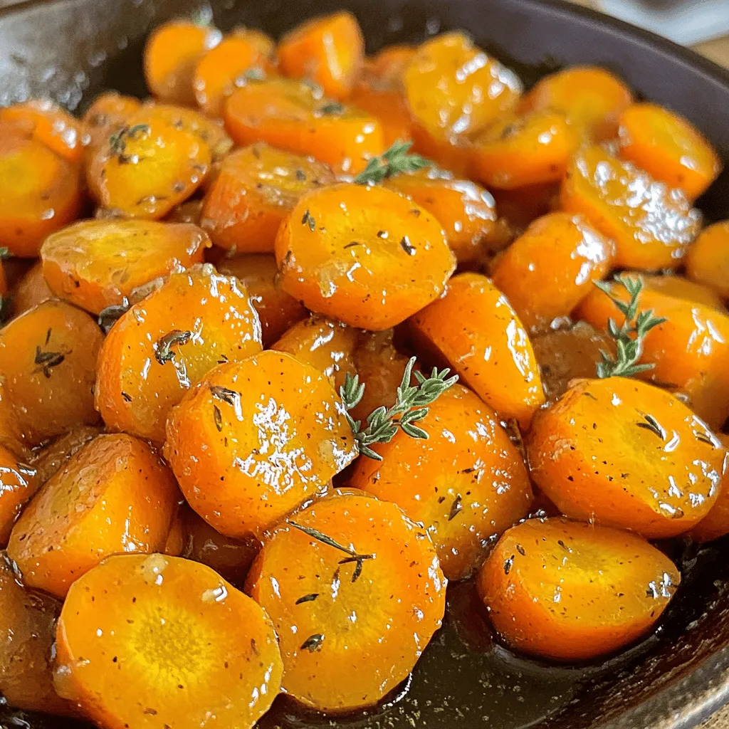 - 1 lb baby carrots (or regular carrots, peeled and cut into sticks) - 3 tablespoons honey - 2 tablespoons unsalted butter - 3 cloves garlic, minced - 1 teaspoon fresh thyme leaves (or ½ teaspoon dried thyme) - Salt and pepper to taste - 1 tablespoon lemon juice (optional for brightness) The main ingredients create a sweet and savory balance. Baby carrots are sweet and tender. Honey adds a natural sweetness that blends perfectly with garlic. Butter gives richness and depth. Thyme brings an earthy note that enhances the flavor. - 1 tablespoon lemon juice - Fresh thyme for garnish Adding lemon juice can brighten the dish. Fresh thyme as a garnish adds a pop of color. These optional items can change the flavor slightly, but they are not necessary for a great dish. One serving of honey garlic glazed carrots has about 150 calories. They are a good source of vitamins A and K, fiber, and antioxidants. Carrots help with vision and overall health. The honey adds some natural sugars, making this dish a treat. Overall, this recipe is healthy and flavorful, making it a perfect side at any meal. Check out the Full Recipe for more details on preparation. To start, gather your ingredients. You will need: - 1 lb baby carrots (or regular carrots, peeled and cut into sticks) - 3 tablespoons honey - 2 tablespoons unsalted butter - 3 cloves garlic, minced - 1 teaspoon fresh thyme leaves (or ½ teaspoon dried thyme) - Salt and pepper to taste - 1 tablespoon lemon juice (optional for brightness) Wash the carrots under cold water. If using regular carrots, peel and cut them into sticks. This helps them cook evenly. Mince the garlic cloves finely to release their flavor. In a large skillet, melt the butter over medium heat. Once melted, add the minced garlic. Sauté it for about 1 minute. This step brings out a great aroma without browning the garlic. Next, stir in the honey and thyme, mixing them well. The honey adds sweetness, while thyme gives a nice herbal note. Then, add the carrots to the skillet. Sprinkle a pinch of salt and pepper on top. Toss the carrots in the honey garlic mixture to coat them fully. Cover the skillet and let the carrots cook for about 8 to 10 minutes. Stir them occasionally to ensure even cooking. Cook until they are tender. After that, remove the lid and increase the heat slightly. Let them cook for an additional 2 to 3 minutes. This will help the glaze thicken and stick to the carrots. If you want a brighter taste, drizzle lemon juice over the carrots before serving. It adds a lovely zing. Serve the carrots warm, garnished with extra thyme if you like. To get that perfect glaze, keep an eye on the heat. If it's too high, the honey may burn. If too low, the glaze won’t thicken. Stir often to avoid sticking. You can also adjust the honey amount based on your taste. For a thicker glaze, cook the carrots a bit longer after removing the lid. This recipe is simple yet full of flavor. For the full recipe, check the main section above. Enjoy your delicious honey garlic glazed carrots! You can easily swap out some ingredients in this recipe. If you don’t have baby carrots, use regular carrots. Just peel and cut them into sticks. For honey, maple syrup works well, too. If you want a vegan option, replace butter with coconut oil. You can also use dried thyme if you lack fresh thyme. Both will give great taste. To boost the flavor, try adding a dash of soy sauce. This adds a nice umami twist. If you like heat, sprinkle in some red pepper flakes. For a bit of zest, add a squeeze of orange juice. Be sure to stir often while cooking. This helps the carrots soak up the glaze. If you want a thicker glaze, let it cook a bit longer. To make your dish look lovely, use a white plate. The bright orange of the carrots pops against it. You can sprinkle fresh thyme on top for color. A drizzle of lemon juice adds shine, too. Arrange the carrots in a circle or a pile for style. Serve these on a special occasion to impress your guests. Check out the Full Recipe for more tips! {{image_2}} You can swap carrots for other veggies. Try using green beans or sweet potatoes. Both work well with honey and garlic. You can also use parsnips for a unique twist. Just cut them into even pieces for even cooking. Each veggie adds its own flavor. If you want to change up the sweetness, use maple syrup. It gives a nice, rich flavor. Agave nectar is another option that works well. For a low-carb choice, try erythritol or stevia. Each sweetener will alter the taste, so choose what you like best. Add some kick by using red pepper flakes. They give a nice heat to the dish. You can also try fresh rosemary or basil for a different taste. If you prefer a sweeter note, cinnamon can work wonders. Mix and match these spices to create your favorite flavor. For the full recipe, check out the section above. Enjoy cooking! After enjoying your honey garlic glazed carrots, let them cool to room temperature. Place them in an airtight container. Store in the fridge for up to four days. This keeps the carrots fresh and tasty. To freeze, first cool the carrots completely. Then, transfer them to a freezer-safe bag. Remove as much air as possible before sealing. You can freeze them for up to three months. When ready to use, thaw in the fridge overnight before reheating. Reheat leftovers in a skillet over medium heat. Add a splash of water to keep them moist. Stir often until heated through, about five minutes. You can also microwave them in a covered bowl for two to three minutes. For a quick fix, check the Full Recipe for tips on perfecting your glaze! Honey garlic glazed carrots are a sweet and savory side dish. They combine tender carrots with a rich honey and garlic glaze. The honey adds sweetness, while the garlic gives a bold flavor. Fresh thyme ties the dish together with a hint of earthiness. This dish is quick, easy, and perfect for any meal. You can make honey garlic glazed carrots in about 20 minutes. Prep takes 10 minutes, and cooking takes another 10 minutes. This fast cooking time makes it a great choice for busy weeknights. With just a few steps, you can enjoy this delicious side dish in no time. Yes, you can make this recipe ahead of time. Prepare the honey garlic glaze and cook the carrots. Store them in the fridge for up to three days. When ready to serve, just reheat them in a skillet. This way, you can enjoy the flavors without the last-minute rush. For the full recipe, check below. This blog post covered how to make honey garlic glazed carrots. We discussed essential and optional ingredients, plus their nutrition. I shared step-by-step instructions, cooking tips, and ways to serve. You learned about ingredient swaps and variations to keep things exciting. In the end, enjoy your glazed carrots! They make a tasty side dish. Happy cooking!
