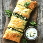 To make Turkish Borek with Spinach and Cheese, gather these simple ingredients: - 1 package of phyllo pastry (about 20 sheets) - 2 cups fresh spinach, washed and chopped - 1 cup feta cheese, crumbled - 1 cup ricotta cheese - 1/2 cup grated mozzarella cheese - 1 medium onion, finely chopped - 2 tablespoons olive oil - 1 teaspoon ground black pepper - 1/2 teaspoon red pepper flakes (optional) - Salt to taste - 1 egg, beaten (for egg wash) These ingredients come together to create a delicious filling. The phyllo pastry gives the borek its signature flaky texture. Fresh spinach adds a bright flavor, while the cheeses provide creaminess and depth. The onion, sautéed in olive oil, adds a sweet note that balances the dish. When seasoning, I like to keep it simple. Just a pinch of salt and black pepper is often enough. If you like a little heat, consider adding red pepper flakes. This recipe is flexible, and you can adjust the cheese or spinach to your taste. For a full guide on making this dish, check the Full Recipe. 1. Preheating the oven: Start by setting your oven to 375°F (190°C). This step ensures your borek cooks evenly and gets that lovely golden color. 2. Sautéing spinach and onion: Heat 2 tablespoons of olive oil in a large skillet over medium heat. Add 1 finely chopped onion and cook until it turns soft, about 5 minutes. Then, add 2 cups of chopped fresh spinach. Cook until the spinach wilts. Remove from heat and let it cool for a few minutes. 3. Combining the filling ingredients: In a large bowl, mix the sautéed spinach and onion with 1 cup of crumbled feta cheese, 1 cup of ricotta cheese, and 1/2 cup of grated mozzarella cheese. Add 1 teaspoon of ground black pepper, 1/2 teaspoon of red pepper flakes (if you like spice), and salt to taste. Stir well until everything is combined. 1. Layering phyllo pastry: On a clean surface, take one sheet of phyllo pastry. Brush it lightly with olive oil. Place another sheet on top and brush it again. Repeat this for 3 to 4 sheets to create a strong base. 2. Adding and rolling the filling: Place a line of your spinach and cheese filling along one edge of the layered phyllo. Leave some space on the sides. Carefully roll the phyllo over the filling to form a tight log. Place the seam side down on a baking sheet lined with parchment paper. 1. Applying egg wash: Before baking, brush the tops of your boreks with 1 beaten egg. This gives them a nice golden color when baked. 2. Baking and cooling instructions: Place the baking sheet in your preheated oven. Bake for 25 to 30 minutes or until the boreks are golden brown and crispy. Once done, remove them from the oven and let them cool for a few minutes before serving. Now you’re ready to enjoy your delicious Turkish borek with spinach and cheese! For the full recipe, check out the details above. To keep your borek crispy, avoid soggy phyllo. Here are some tips: - Work Quickly: Phyllo dries out fast. Keep unused sheets covered with a damp cloth. - Use Enough Oil: Brush each layer with olive oil. This adds flavor and helps it crisp. - Don’t Overfill: A tight roll avoids moisture buildup. Make sure to leave space at the edges. For storing leftovers, let them cool first. Then, place them in an airtight container. They stay fresh for up to three days in the fridge. To reheat, bake them at 350°F (175°C) for about 10 minutes. This keeps them crispy! When serving borek, make it visually appealing. Here are some ideas: - Garnish: Sprinkle fresh herbs like parsley or dill on top. - Cutting: Slice them into smaller pieces for a fun appetizer or keep them whole for a main dish. For dips, I recommend a yogurt dip. Mix plain yogurt with minced garlic and chopped cucumber. This cool dip pairs well with the warm borek and adds a refreshing touch! {{image_2}} You can use many kinds of cheese in borek. Feta cheese is classic, but you can mix it up. Try using mozzarella for a stretchy texture or ricotta for creaminess. Each cheese adds its own flavor. To boost the taste, add herbs. Fresh dill or parsley pairs well with the cheese. You can also try a sprinkle of oregano or thyme for a new twist. Just remember to balance the saltiness of the cheese with the herbs. While spinach is a great choice, you can swap it with other greens. Kale or Swiss chard work well too. You can even use cooked broccoli or sautéed mushrooms for a fun change. If you want more protein, think about adding meat or seafood. Ground beef or lamb gives a hearty flavor. Shrimp can add a nice twist as well. Just make sure to cook any meat before mixing it with the cheese and greens. For the full recipe, check the links provided. To keep your Turkish borek fresh, you need to store it well. First, let the baked borek cool completely. This step is key to avoid sogginess. Once it’s cool, wrap each piece tightly in plastic wrap. You can also use aluminum foil for extra protection. For the fridge, place the wrapped borek in an airtight container. This keeps them fresh and prevents them from drying out. If you want to keep them longer, freezing is a great option. Use a freezer-safe container or a heavy-duty freezer bag. Make sure to press out any extra air before sealing. Baked boreks last about 3-4 days in the fridge. Check for any signs of spoilage like an off smell or mold. If you freeze them, they can last up to 2-3 months. Just remember to label your containers with the date. When thawing, place them in the fridge overnight. Avoid thawing at room temperature, as this can lead to spoilage. If you see any weird spots or if they smell bad, it’s best to toss them. Safety always comes first! To make Turkish Borek with Spinach and Cheese, start by preheating your oven to 375°F (190°C). Then, sauté chopped onion in olive oil until soft. Add fresh spinach and cook until wilted. In a bowl, mix the spinach, onion, crumbled feta, ricotta, mozzarella, black pepper, and a pinch of salt. Next, layer three to four sheets of phyllo pastry, brushing each with olive oil. Place the filling along one edge and roll it into a log. Place it seam side down on a baking sheet. Brush the top with a beaten egg for color. Bake for 25-30 minutes until golden brown. Yes, you can prepare Borek in advance. You can assemble the boreks and store them in the fridge for a day before baking. Just cover them with plastic wrap to keep them fresh. If you want to freeze them, wrap each one tightly in foil or freezer bags. When ready to bake, you can cook them straight from the freezer, adding a few extra minutes to the baking time. Turkish Borek pairs well with many side dishes. You can serve it with a yogurt dip made from garlic and cucumber. A fresh salad with tomatoes and cucumbers adds a nice crunch. For added flavor, consider serving with a side of olives or a tangy tomato salsa. These sides enhance the borek's rich taste. Yes, there are many vegetarian options for Borek. You can use any type of cheese you like. For a twist, try adding mushrooms or artichokes to the filling. You can also replace spinach with other greens like kale or Swiss chard. This way, you can create a unique flavor that suits your taste. Making Turkish Borek is a simple and fun process. You start with fresh ingredients to create a tasty filling. Then, follow the steps to layer and bake your dish. I shared key tips to avoid soggy pastry and keep your Borek fresh. Remember, you can change the filling or use different greens for variety. This dish is versatile and great for sharing. Enjoy your Borek with dips or sides for a complete meal. I hope you feel inspired to make it your own!