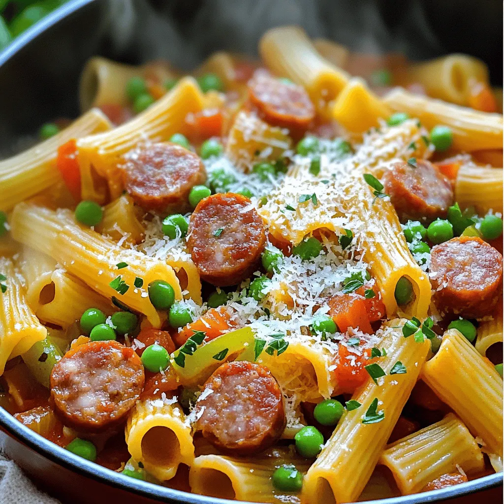 To make One Pot Smoked Sausage Pasta, you need these ingredients: - 12 oz smoked sausage, sliced - 1 onion, chopped - 3 cloves garlic, minced - 1 bell pepper (any color), diced - 1 can (14 oz) diced tomatoes (with liquid) - 4 cups chicken broth - 12 oz pasta (penne or rigatoni works well) - 1 teaspoon Italian seasoning - 1/2 teaspoon red pepper flakes (optional, for heat) - 1 cup frozen peas - 1 tablespoon olive oil - Salt and pepper to taste - Fresh parsley, chopped (for garnish) - Grated Parmesan cheese (for serving) Each ingredient plays a key role in flavor. The smoked sausage adds a savory touch. The diced tomatoes bring moisture and acidity. You can use penne or rigatoni pasta, but any shape works. Using fresh ingredients can enhance the flavor of your dish. Fresh vegetables, like bell peppers and onions, taste brighter. They also add more nutrients compared to frozen ones. However, frozen ingredients, like peas, save time. They require no washing, chopping, or peeling. Both options work well in this recipe, so choose what fits your needs. Dietary restrictions? No problem! Here are some substitutions you can try: - Sausage: Use turkey sausage or plant-based sausage for a lighter option. - Pasta: Gluten-free pasta works if you need to avoid gluten. - Chicken broth: Vegetable broth is a great swap for a vegetarian dish. - Diced tomatoes: If fresh tomatoes are in season, chop them up and use them instead. Feel free to mix and match based on what you have. Cooking should be fun and flexible. Check out the Full Recipe for more details! Start by prepping your ingredients. You want to have everything ready before you cook. - Slice 12 oz of smoked sausage into rounds. - Chop 1 onion into small pieces. - Mince 3 cloves of garlic. - Dice 1 bell pepper. You can choose any color you like. - Open a 14 oz can of diced tomatoes and keep the liquid. - Measure 4 cups of chicken broth. - Get 12 oz of pasta ready. Penne or rigatoni works best. - Gather 1 teaspoon of Italian seasoning and 1/2 teaspoon of red pepper flakes (if you like heat). - Have 1 cup of frozen peas on hand. - Measure 1 tablespoon of olive oil. - Prepare salt and pepper for seasoning. - Chop fresh parsley for garnish and grated Parmesan cheese for serving. This prep helps you cook faster and keeps things organized. Now let's cook the One Pot Smoked Sausage Pasta. Follow these easy steps: 1. Heat Oil: In a large pot or Dutch oven, heat 1 tablespoon of olive oil over medium heat. 2. Cook Sausage: Add the sliced smoked sausage. Cook until it's browned, about 4-5 minutes. 3. Add Veggies: Toss in the chopped onion, diced bell pepper, and minced garlic. Sauté for 3-4 minutes until the veggies soften. 4. Combine Ingredients: Add the can of diced tomatoes (with the juice), chicken broth, pasta, Italian seasoning, and red pepper flakes (if using). Bring to a boil. 5. Simmer: Once boiling, lower the heat and cover the pot. Let it simmer for 10-12 minutes. Stir occasionally until the pasta is al dente and most liquid is gone. 6. Finish with Peas: Stir in the frozen peas for 2-3 minutes until heated through. 7. Season: Add salt and pepper to taste. 8. Serve: Remove from heat and let it sit for a few minutes to thicken. Serve hot, topped with fresh parsley and grated Parmesan cheese. To make sure your dish comes out just right, keep these tips in mind: - Watch the Pasta: Stir often to prevent sticking. This helps get the perfect texture. - Taste as You Go: Always taste your dish before serving. Adjust salt and pepper as needed. - Use Fresh Ingredients: Fresh herbs and veggies make a big difference in flavor. - Garnish Well: Adding fresh parsley and Parmesan enhances look and taste. - Balance Heat: If you like spice, adjust the red pepper flakes to your taste. These best practices will help you create a delicious One Pot Smoked Sausage Pasta every time. For the full recipe, refer to the earlier section. To boost the flavor of your One Pot Smoked Sausage Pasta, consider adding a few spices and herbs. Here are some suggestions: - Smoked paprika: Adds a deep, smoky flavor. - Oregano: Complements the Italian seasoning well. - Basil: Fresh or dried basil brightens the dish. - Bay leaves: Add while cooking for an earthy taste. - Olives or capers: For a salty, briny kick. These ingredients can make your dish pop and provide new tastes. Cooking sausage and pasta in one pot is simple and quick. Here’s how: - Brown the sausage: Start by browning the sausage first. This gives it a nice crust and flavor. - Layer the ingredients: Add onions and peppers after the sausage. This helps them soften and mix flavors. - Stir occasionally: While cooking, stir the pasta. This prevents it from sticking and helps it cook evenly. - Control the heat: Keep the pot at a gentle simmer to cook the pasta perfectly without burning. These techniques ensure a tasty and well-cooked meal. To serve your One Pot Smoked Sausage Pasta, consider these ideas: - Garnish: Top with fresh parsley and grated Parmesan cheese for a fresh look. - Side dishes: Pair with a crisp salad or garlic bread for a complete meal. - Wine pairing: Serve with a light white wine like Pinot Grigio to enhance the flavors. - Leftovers: Enjoy it the next day for lunch; the flavors deepen and improve! These serving tips will impress your family and friends. Check out the Full Recipe for complete guidance! {{image_2}} You can switch up the smoked sausage for other meats. Chicken or turkey sausage works great. If you like spice, try chorizo. For a milder flavor, use sweet Italian sausage. You can also add more veggies. Spinach, zucchini, or mushrooms are tasty choices. They bring a new twist to this dish. To make this dish gluten-free, use gluten-free pasta. Many brands offer good options. For a vegetarian version, skip the sausage altogether. You can use beans or lentils instead. They add protein and fiber. Don't forget to replace chicken broth with vegetable broth. This keeps the flavors rich and satisfying. In spring, toss in fresh asparagus or peas for a bright touch. Summer brings ripe tomatoes and bell peppers, perfect for this dish. Fall is great for adding squash or kale. In winter, root veggies like carrots or sweet potatoes can add heartiness. Adjust your ingredients based on what you find fresh at the market. This keeps your meal exciting and vibrant all year long. For the complete recipe, check out the Full Recipe. To keep your One Pot Smoked Sausage Pasta fresh, let it cool first. Transfer it to an airtight container. This will help keep it from drying out. Store it in the fridge for up to 3 days. If you want it to last longer, freezing is a great option. When you are ready to eat, reheat in a pot on low heat. Add a splash of chicken broth or water. This helps to keep the pasta moist. Stir often to make sure everything heats evenly. You can also use a microwave. Place it in a microwave-safe bowl, cover it lightly, and heat in 1-minute intervals. Stir in between to avoid hot spots. To freeze, place the cooled pasta in a freezer-safe container. Make sure to leave some space at the top, as it may expand. It can stay good in the freezer for up to 3 months. When you want to use it, let it thaw in the fridge overnight. Reheat as described above. You can enjoy this dish later without losing its flavor! One Pot Smoked Sausage Pasta can last in your fridge for up to four days. Store it in an airtight container to keep it fresh. Make sure to cool the pasta to room temperature before sealing it. This helps prevent unwanted moisture, which can make it soggy. Yes, you can make this dish ahead of time. Cook the pasta as the recipe says, but leave out the peas until you're ready to serve. When you reheat it, add the peas to warm through. This keeps the peas nice and bright, adding color and flavor to your dish. Penne and rigatoni are my top choices for this recipe. Both types hold sauce well, so you get flavor in every bite. You can also use other short pastas like fusilli or farfalle. Just remember to adjust the cooking time if you choose a different pasta. The spice level can be adjusted to your liking. The recipe calls for red pepper flakes, which add a mild heat. If you prefer less spice, feel free to skip this ingredient. For a spicier kick, you can add more red pepper flakes or even some diced jalapeños. This blog post covered everything you need for One Pot Smoked Sausage Pasta. We looked at the ingredients, both fresh and frozen, and shared helpful substitutes. I provided clear steps for preparation and cooking, along with tips for the best results. You learned special techniques to enhance flavor and variations to suit any diet. Finally, I shared easy storage and reheating methods. You have the tools to make a delicious meal your way. Enjoy cooking and experimenting with this dish!