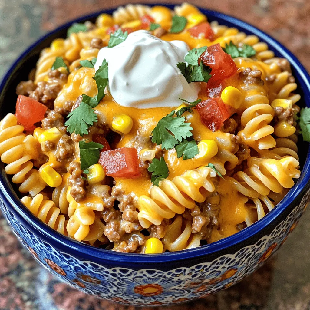 - 8 oz rotini pasta - 1 lb ground turkey or beef - 1 small onion, chopped - 2 cloves garlic, minced - 1 packet taco seasoning (about 1 oz) - 1 can (15 oz) diced tomatoes with green chilies - 1 cup chicken broth - 1 cup shredded cheddar cheese - 1 cup shredded Monterey Jack cheese - 1 cup corn kernels (fresh or frozen) - Salt and pepper, to taste - Fresh cilantro, for garnishing - Sour cream, for topping (optional) When I make Cheesy Taco Pasta, I love how simple the ingredients are. You only need a few items to create a dish that feels special. The rotini pasta serves as a fun base, and it holds sauces well. Ground turkey or beef brings protein and flavor. I like using ground turkey for a leaner option. Onions and garlic add depth. They make your kitchen smell amazing as they cook. The taco seasoning gives this dish its signature flavor. I use a packet, but you can mix your own if you prefer. Diced tomatoes with green chilies add a nice kick. Chicken broth keeps everything moist and adds more taste. The cheeses are the stars of the dish. Cheddar and Monterey Jack melt together to create a creamy texture. Corn adds sweetness and color. You can use fresh corn or frozen. Lastly, salt and pepper enhance the flavors. Fresh cilantro gives a nice touch when serving. If you like a creamy finish, add sour cream on top. Trust me, these ingredients combine into a delicious meal the whole family will love. For the full recipe, check out the recipe card above. - Boil salted water in a large pot. - Add 8 oz of rotini pasta. - Cook until al dente, following package instructions. - Drain the pasta and set it aside. - Heat a large skillet over medium heat. - Add 1 lb ground turkey or beef. - Cook until browned, breaking it apart with a spatula. - This should take about 5-7 minutes. - Drain any excess fat for a leaner dish. - Add 1 small chopped onion and 2 minced garlic cloves. - Sauté for 2-3 minutes until they soften. - Sprinkle in 1 packet of taco seasoning. - Stir and let it cook for an additional minute. - Pour in 1 can of diced tomatoes and 1 cup of chicken broth. - Bring this mixture to a gentle simmer. - Incorporate 1 cup of corn and the cooked rotini pasta. - Stir well for about 2-3 minutes, mixing all ingredients. - Reduce heat to low, and add 1 cup each of shredded cheddar and Monterey Jack cheeses. - Stir until the cheese melts and the pasta is creamy. - Season with salt and pepper to taste. This easy dish is sure to become a family favorite, and you can find the Full Recipe linked for more details. To make the best cheesy taco pasta, cook the rotini just right. Avoid overcooking it. Aim for al dente, which means it should be firm but not hard. This keeps the pasta from getting mushy when mixed with the sauce. When draining your pasta, use a colander. Let it sit for a moment to drain out all the water. If you have excess fat from the meat, drain it carefully. You want to keep the flavors strong but not greasy. The right heat makes all the difference for melting cheese. Use low heat to ensure a creamy texture. If you cook on high heat, you risk clumping or burning the cheese. For the best flavor, mix different cheeses. I love using cheddar and Monterey Jack together. They melt well and give a rich taste. You can also try pepper jack for a spicy kick or a blend of mozzarella for a milder flavor. Don't be shy with spices! Add cumin or chili powder for extra depth. Fresh herbs like cilantro can brighten the dish. You can also sprinkle some paprika for a smoky touch. For garnishing, consider adding a dollop of sour cream for creaminess. Sliced jalapeños give a nice heat and crunch. You can even top with crushed tortilla chips for a fun texture. These simple additions can take your cheesy taco pasta to the next level! {{image_2}} You can switch ground turkey for ground beef easily. Ground turkey is leaner and lighter. If you prefer beef, it adds rich flavor. Both options work well in Cheesy Taco Pasta. For a vegetarian twist, skip the meat completely. Use black beans or lentils instead. They add protein and texture. You can even mix in some crumbled tofu for extra protein. Cheddar and Monterey Jack are great, but you can try other cheeses too. Cream cheese can make your dish extra creamy. You can also use pepper jack for a spicy kick. For those who are dairy-free, there are options. Look for plant-based cheeses made from nuts or soy. They melt well and taste great. Nutritional yeast is another option; it adds a cheesy flavor without dairy. Feel free to swap out vegetables for more flavor. Bell peppers, zucchini, or spinach can brighten your dish. They add nutrition and taste. You can even use frozen mixed vegetables for convenience. Changing the pasta shape is a fun way to mix things up. Fusilli or penne can work just as well as rotini. Each shape holds sauce differently, giving you a new experience. You can use whole wheat or gluten-free pasta too. Check out the [Full Recipe] for more details on making this dish! Store any leftover Cheesy Taco Pasta in an airtight container. This keeps it fresh and tasty. It will stay good in the fridge for about 3 to 4 days. Make sure it cools down before you seal it up. This helps avoid any moisture build-up. You can reheat Cheesy Taco Pasta in several ways. The microwave is quick and easy. Just heat it in short bursts, stirring in between. This prevents hot spots. Another way is to use a skillet. Add a splash of chicken broth and heat on low. This keeps the pasta creamy and flavorful. Yes, you can freeze Cheesy Taco Pasta. It’s great for meal prep! To freeze, let it cool completely. Then, portion it into freezer bags. Squeeze out as much air as you can. Label your bags with the date. It can last in the freezer for about 2 to 3 months. When you are ready to eat it, thaw it in the fridge overnight. Reheat as mentioned for the best taste. To make Cheesy Taco Pasta gluten-free, swap the rotini pasta for gluten-free pasta. Check labels for gluten-free taco seasoning too. Most meats and veggies are already gluten-free. This way, you keep all the great taste without the gluten. Yes, you can use different cheeses! Try pepper jack for a spicy kick. Gouda adds a smoky flavor while cream cheese makes it extra creamy. Mix and match to find your favorite combo. Cheese is fun to experiment with! You can add many toppings to your Cheesy Taco Pasta. Chopped green onions add a fresh bite. Jalapeños give heat, while avocado adds creaminess. You can also use crushed tortilla chips for crunch. Let your taste buds guide you! Cheesy Taco Pasta takes about 30 minutes to cook. This includes prep time and cooking time. It's a quick meal for busy weeknights. You can have dinner ready in no time! You can prepare Cheesy Taco Pasta in advance! Cook it, cool it, and store it in the fridge. It stays fresh for up to three days. Just reheat it on the stove or microwave. Enjoy a hassle-free meal later! For the full recipe, check out the details above. Making Cheesy Taco Pasta is easy and fun. You learned about key ingredients, cooking steps, and helpful tips. I shared ways to customize your dish and store leftovers. With simple swaps, you can make it your own. Enjoy experimenting with flavors and textures. This dish is great for family meals or quick dinners. Trust that you can create a delicious meal with just a few steps. Happy cooking!