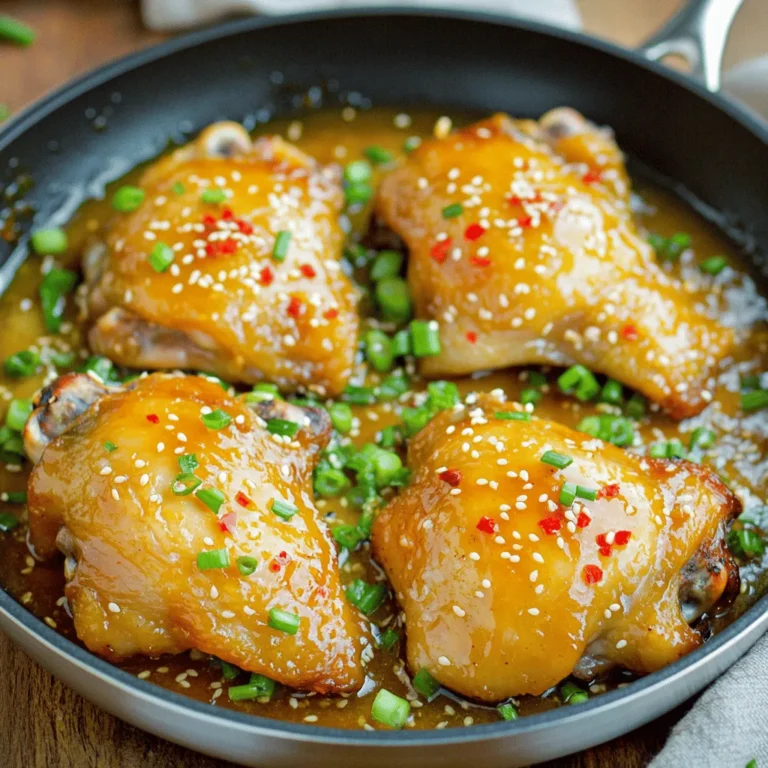 - 1.5 lbs chicken thighs, boneless and skinless - 1/2 cup honey - 3 tablespoons soy sauce For this dish, chicken thighs are key. They stay juicy and tender as they cook. Honey adds sweetness, which balances the saltiness of soy sauce. Together, they form a tasty base for your chicken. - 4 cloves garlic, minced - 1 tablespoon fresh ginger, grated - 1-2 teaspoons red pepper flakes (adjust to taste) Garlic and ginger bring depth to the flavor. They add warmth and aroma. Red pepper flakes add heat. You can adjust them based on your spice preference. More flakes mean more heat! - Chopped green onions - Sesame seeds Garnishes enhance the dish's look and flavor. Green onions add freshness and crunch. Sesame seeds bring a nutty taste. Use them to make your meal pop! For the complete cooking guide, check out the Full Recipe. To start, you need to make the marinade. In a large mixing bowl, whisk together the following ingredients: - 1/2 cup honey - 3 tablespoons soy sauce - 4 cloves garlic, minced - 1 tablespoon fresh ginger, grated - 1-2 teaspoons red pepper flakes This mix gives your chicken that sweet and spicy punch. Make sure everything blends well. Now, it's time to season the chicken. Sprinkle salt and pepper on both sides of your chicken thighs. Next, place them in a resealable bag or a shallow dish. Pour the honey-garlic marinade over the chicken. Make sure every piece is coated. Seal the bag or cover the dish. Refrigerate for at least 30 minutes. If you can wait, two hours will give even better flavor. Heat two tablespoons of vegetable oil in a large skillet over medium-high heat. Remove the chicken from the marinade but keep the marinade for later. Add the chicken to the hot skillet. Cook for about 5-6 minutes on one side until it turns golden brown. Flip the chicken over and pour the reserved marinade into the skillet. Bring it to a simmer. Cook for another 5-7 minutes. Check that the chicken is fully cooked and the sauce has thickened. Let it rest for a couple of minutes before slicing. Enjoy your Spicy Honey Garlic Chicken! For the full recipe, check out the details above. To get juicy chicken, cook it right. Use medium-high heat to sear the chicken. This gives a nice brown crust. Cook the chicken thighs for about 5-6 minutes on one side. Flip and cook for another 5-7 minutes. This helps keep the inside moist while making the outside crispy. Always check that the chicken is fully cooked. It should reach an internal temperature of 165°F. You can add more flavors to make this dish shine. Consider adding smoked paprika for a smoky taste. A splash of lime juice can brighten the dish. You might also try adding a pinch of cumin for warmth. These spices can make your honey garlic chicken even more special. Just remember to keep the balance of flavors right. Marinating is key for great flavor. I recommend marinating the chicken for at least 30 minutes. For even stronger taste, let it sit for 2 hours. Place the chicken and marinade in a bag or dish to soak. This allows the chicken to absorb all the yummy flavors. If you want to prep ahead, marinate the night before. Just store it in the fridge until you're ready to cook. For the full recipe, check out the detailed instructions. {{image_2}} You can swap chicken thighs for chicken breasts if you prefer. Breasts cook faster and are leaner. They work well with the sweet and spicy flavors. If you want a plant-based option, use tofu. Press the tofu for extra texture. Cut it into cubes and marinate just like the chicken. Both choices taste great and keep the dish fun. Do you want a milder taste? Cut back on the red pepper flakes. Start with just one teaspoon. For more heat, add extra flakes or fresh chili. You can also use hot sauce in the marinade. Taste as you go to find your perfect heat level. This way, you control the spice to fit your taste. Pair this dish with simple sides to make a full meal. Rice is an easy choice. It soaks up the sauce well. Steamed veggies add color and nutrients. Try broccoli, green beans, or carrots. A fresh salad can balance the flavors, too. You can even serve it with warm tortillas for a fun twist. Each option enhances the meal and keeps it interesting. After cooking, let the Spicy Honey Garlic Chicken cool down. Place the leftovers in an airtight container. Store it in the fridge for up to four days. This keeps the chicken fresh and safe to eat. If you want to keep it longer, consider freezing. To freeze Spicy Honey Garlic Chicken, use a freezer-safe container or bag. Remove as much air as possible. Label the container with the date. You can freeze it for up to three months. When ready to eat, thaw it overnight in the fridge for best results. Reheat leftovers safely to enjoy their full flavor. You can use a microwave or stovetop. If using the microwave, cover the dish and heat for one to two minutes. Stir halfway through to heat evenly. If reheating on the stovetop, add a splash of water or broth to keep it moist. Heat over low until warmed through. You should marinate the chicken for at least 30 minutes. This lets the flavors soak in well. If you have more time, try marinating it for up to 2 hours. This will give the chicken a richer taste. Just make sure you keep it in the fridge while it's marinating. Yes, you can use other types of honey! Flavored honeys can add a fun twist. For example, lavender honey adds a nice floral note. If you like spicy flavors, try using chili-infused honey. Just remember, the sweetness level may change, so adjust the amount you use. This chicken pairs well with many sides. Here are some popular options: - Steamed rice - Roasted vegetables - Green salad - Noodles - Mashed potatoes These sides can balance the spiciness and enhance your meal. For the complete Fiery Honey Garlic Chicken recipe, click [here](#). In this post, we explored how to make Spicy Honey Garlic Chicken. We covered the main ingredients, like chicken thighs, honey, and soy sauce. The preparation steps included making a tasty marinade and using it to cook the chicken. I shared tips on achieving the perfect texture and suggested flavor enhancements. We even looked at variations and storage tips. This dish is simple but packed with flavor. Try it out and enjoy!
