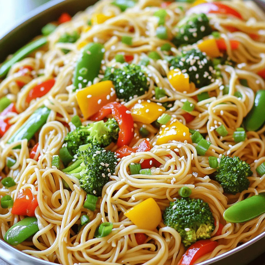 - Egg noodles: Look for fresh or dried egg noodles. Brands like Lucky or Chow Mein work well. Fresh noodles cook quickly and taste great. - Vegetables: Use fresh vegetables for the best flavor. Bell peppers, broccoli, and snow peas add color and crunch. You can also use frozen vegetables in a pinch, but fresh is best. - Sauces: Soy sauce is key for saltiness and depth. Oyster sauce adds a rich flavor, but you can skip it or use a mushroom sauce for a vegetarian option. - Aromatics: Garlic and ginger bring warmth and zest to your dish. Mince them finely to release their full flavor. - Garnishes: Top your noodles with green onions and sesame seeds. They add a nice crunch and fresh taste to your meal. For the full recipe, check out the detailed steps to make this delightful dish. To start, bring a large pot of water to a boil. Add 8 oz of egg noodles. Cook them according to the package instructions until they are al dente. This means they should still have a slight bite to them. Drain the noodles and rinse them under cold water. Rinsing helps remove excess starch. It also prevents the noodles from sticking together. Set them aside while you prepare the stir-fry. Now, get your wok or a large skillet. Heat 2 tablespoons of vegetable oil over medium-high heat. When the oil is hot, add 3 cloves of minced garlic and 1 inch of minced ginger. Sauté for about 30 seconds until they smell great. Be careful not to burn them, as this can make your dish bitter. Next, toss in 1 cup of thinly sliced bell peppers, 1 cup of broccoli florets, and 1 cup of snow peas. Stir-fry these for about 3 to 5 minutes. You want the veggies to become tender but still crisp. This keeps their bright colors and fresh taste. After the vegetables are ready, push them to the side of the pan. Add the cooked egg noodles to the middle. Pour in 3 tablespoons of soy sauce, 1 tablespoon of oyster sauce, and 1 teaspoon of sesame oil. Mix everything well. Toss the noodles with the veggies, making sure they are evenly coated in the sauce. This step is key for great flavor. Finally, add 3 chopped green onions and season with salt and pepper to taste. Stir everything again and cook for another minute to heat through. Your dish is now ready to serve. For the full recipe, you can refer to the earlier section. Enjoy your meal! To cook your egg noodles just right, aim for al dente. This means the noodles should be firm but not hard. When you bite into them, they should have a slight chew. Follow the package instructions closely. Boil water, then add the noodles. Stir them gently to prevent sticking. To avoid sticky noodles, rinse them in cold water right after draining. This washes away extra starch that can cause clumping. Spread them out on a plate or tray to cool. This step is key for great texture. To enhance the taste of your dish, try adding spices like white pepper or five-spice powder. These add warmth and depth. Fresh herbs like cilantro or basil can also brighten your meal. For sauces, experiment with alternatives to soy sauce. Teriyaki or hoisin sauce can bring a new twist. If you want a kick, add some chili paste or sriracha for heat. To plate your Chinese Style Egg Noodles beautifully, use a large serving dish. Twirl the noodles in the center for a nice shape. Arrange the colorful veggies around the noodles for a vibrant look. For garnishing, sprinkle sesame seeds on top. Chopped green onions add color and flavor. You can also add a slice of lime or lemon on the side for a fresh touch. Serve with chopsticks for a fun eating experience. For the complete recipe, check out the Full Recipe. {{image_2}} For a tasty vegetarian or vegan version of Chinese style egg noodles, swap the oyster sauce. You can use mushroom sauce, soy sauce, or a mix of both. These options add umami without meat. Try using fresh vegetables for a vibrant dish. Good choices include: - Bell peppers - Broccoli - Snow peas - Carrots - Mushrooms Mix and match these veggies to suit your taste. You can also add tofu for extra protein. If you want to keep it simple, just stick to whatever you have on hand. Want to make your egg noodles heartier? You can add protein like chicken, shrimp, or tofu. - Chicken: Cut it into bite-size pieces. Cook for about 5-7 minutes until golden. - Shrimp: This takes just 2-3 minutes to cook. Toss them in when the veggies are almost done. - Tofu: Use firm tofu and cut it into cubes. Cook until golden, about 4-5 minutes. Make sure to adjust cooking times for each protein to keep them juicy. Chinese cuisine offers many styles of egg noodle dishes. Each region has its own twist. For example: - In Beijing, you might find a spicy sauce with chili oil. - In Cantonese cooking, adding dark soy sauce gives a lovely color and flavor. Different regions also use local ingredients. In Sichuan, you may see pickled vegetables added for a tangy kick. Explore these variations to find your favorite flavor profile. To keep your leftover Chinese style egg noodles fresh, follow these steps: - Refrigeration: Place the noodles in an airtight container. This keeps moisture in and prevents them from drying out. - Duration: You can safely store them in the fridge for up to three days. After that, the taste and texture may change. Keeping your leftovers well-sealed helps maintain their flavor. Always check for any signs of spoilage before eating. If you want to save your noodles for longer, freezing is a great option. Here’s how: - Freezing: First, let the noodles cool completely. Then, place them in a freezer-safe bag. Remove as much air as possible before sealing. This prevents freezer burn and keeps the noodles tasty. - Reheating: For the best results, thaw the noodles in the fridge overnight. You can reheat them in a pan over low heat, adding a splash of water or oil. This helps restore their original texture. Using these tips will help you enjoy your delicious Chinese style egg noodles later, without losing flavor or quality. The best types of egg noodles for this recipe are fresh or dried egg noodles. Fresh egg noodles usually have a soft and tender texture. They cook quickly and soak up sauce well. Dried egg noodles are more common in stores. They have a firmer bite, which holds up nicely when stir-fried. Look for brands that use simple ingredients. This ensures good flavor and texture in your dish. Yes, you can use other types of noodles in this dish. Rice noodles are a popular choice for a gluten-free option. They absorb flavors well and have a nice chew. You can also try udon or soba noodles for a different taste. Just remember to adjust cook times. Each type of noodle has its own cooking method, so check the package instructions. To make this dish gluten-free, switch to gluten-free soy sauce or tamari. Use rice noodles or gluten-free egg noodles. Most fresh vegetables in the recipe are naturally gluten-free, so you’re good there. Read labels on sauces to avoid hidden gluten. These swaps make the dish safe for those with gluten sensitivities. You can serve Chinese Style Egg Noodles with a variety of dishes. Try pairing them with a light protein. Chicken, shrimp, or tofu work well. A side of steamed dumplings or spring rolls adds more flavor. You can also add a fresh salad for crunch. These options make your meal colorful and balanced. Adjusting cooking times for proteins is simple. For chicken, cook in the pan for about 5-7 minutes until it’s no longer pink. Shrimp cooks quickly, usually in 3-4 minutes. Tofu should be heated through, which takes about 5 minutes. Always cut proteins into small pieces for even cooking. Make sure to stir frequently for the best results. In this blog post, we explored the essentials for making Chinese style egg noodles. We discussed key ingredients like egg noodles, vegetables, and sauces. I shared step-by-step cooking methods, tips for perfect texture, and ways to enhance flavor. We also looked at storage tips and answered common questions. Now, you have the tools and knowledge to create your own delicious dish. Embrace the flavors and make it your own! Happy cooking!