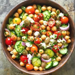 - 1 can (15 oz) chickpeas, drained and rinsed - 1 cup cherry tomatoes, halved - 1 cucumber, diced - 1/2 red onion, finely chopped - 1/4 cup Kalamata olives, pitted and sliced - 1/4 cup feta cheese, crumbled - 2 tablespoons fresh parsley, chopped - 3 tablespoons olive oil - 2 tablespoons lemon juice - 1 teaspoon dried oregano - Salt and pepper to taste To make this Mediterranean Chickpea Salad, gather fresh, tasty ingredients. The chickpeas are the star. They bring protein and fiber. Cherry tomatoes add sweetness and color. The cucumber gives crunch, while red onion brings a mild bite. Kalamata olives add a salty kick, and feta cheese gives it a creamy touch. When you prepare the salad, remember to rinse the chickpeas first. This helps remove extra salt. Halve the cherry tomatoes for easy bites. Dice the cucumber into small pieces for balance. Finely chop the red onion, so it mixes well without overpowering the dish. The fresh parsley adds a pop of green. Olive oil and lemon juice create a bright dressing. Dried oregano gives it that classic Mediterranean flavor. Adjust the salt and pepper to your taste. This salad is not only colorful but also packed with nutrients. You can enjoy it on its own or as a side dish. - Step 1: Combine primary ingredients Start by taking a large mixing bowl. Add one can of drained chickpeas, one cup of halved cherry tomatoes, one diced cucumber, and half of a finely chopped red onion. Mix these ingredients well. - Step 2: Add olives and feta Next, add a quarter cup of sliced Kalamata olives and a quarter cup of crumbled feta cheese to the bowl. This will add a salty and rich flavor to your salad. - Step 3: Prepare the dressing In a small bowl, whisk together three tablespoons of olive oil, two tablespoons of lemon juice, one teaspoon of dried oregano, and some salt and pepper. This dressing ties the salad together. - Step 4: Toss to combine Pour the dressing over your salad mixture. Gently toss everything together until all the ingredients are coated. Be careful not to mash the chickpeas. - Step 5: Let sit for flavor melding Allow the salad to sit for about 10 to 15 minutes. This resting time helps the flavors blend, making each bite even tastier. - Step 6: Presentation tips Serve the salad in a large bowl. Top it with extra feta cheese and fresh parsley for a pop of color. For individual servings, consider using clear glass bowls. This way, everyone can see the vibrant colors of the salad. For the complete details of this dish, refer to the Full Recipe. To enjoy Mediterranean Chickpea Salad, serve it cold. This salad is light and fresh. It makes a great side dish for grilled chicken or fish. You can also add it to a wrap with some greens for a quick lunch. For a fun twist, serve it on a bed of quinoa or couscous. This adds more texture and flavor. When picking ingredients, always choose fresh ones. Look for firm tomatoes and crisp cucumbers. They should have bright colors. For the dressing, whisk the olive oil and lemon juice together well. This helps blend the flavors. Let the salad sit for about 10-15 minutes before serving. This waiting time helps all the tastes mix nicely. For a thicker dressing, add more olive oil. You want it to coat the veggies well without being too runny. {{image_2}} You can swap chickpeas for other beans. Black beans or kidney beans work well too. For a lighter option, try using cooked quinoa or lentils. They add a nice texture. You can also add more veggies. Bell peppers, carrots, or spinach are great choices. Fresh herbs can make the salad pop. Try basil, mint, or cilantro for new flavors. The dressing can change the whole salad. You can use avocado oil instead of olive oil. For a tangy twist, try red wine vinegar or apple cider vinegar. Both add brightness. If you want it creamy, mix in some tahini or a dairy-free yogurt. To keep it dairy-free, just leave out the feta or use a plant-based cheese instead. For the full recipe, check out the detailed instructions to create this dish! To keep your Mediterranean Chickpea Salad fresh, place it in the fridge. Use an airtight container for best results. Glass or plastic containers work well. Make sure to cover the container tightly. This will help keep the flavors strong. When stored properly, the salad lasts about 3 to 5 days. After that, the veggies may lose their crunch. If you notice any off-smells, it is best to toss it. Enjoy the salad while it's fresh for the best taste! Can I make this salad ahead of time? Yes, you can prepare this salad ahead of time. It tastes even better after the flavors meld. I suggest making it a few hours before serving. Just keep it in the fridge. What are the nutritional benefits of chickpeas? Chickpeas are packed with protein, fiber, and vitamins. They help keep you full and support digestion. They also contain iron, which is great for energy. Plus, they have healthy fats that can boost heart health. How long can Mediterranean Chickpea Salad last in the fridge? This salad will stay fresh for about three to five days in the fridge. Store it in an airtight container for the best results. If you notice any changes in color or smell, it’s best to toss it. Enjoy this delicious dish! Check out the Full Recipe for more details! This blog post shared a simple Mediterranean Chickpea Salad recipe. We covered key ingredients, easy steps, and helpful tips for the best taste. You learned about variations to suit your taste and how to store leftovers properly. In short, this salad is tasty, fresh, and easy to make. Enjoy it as a side or main dish. It’s perfect for any meal. Try it out, and make it your own!