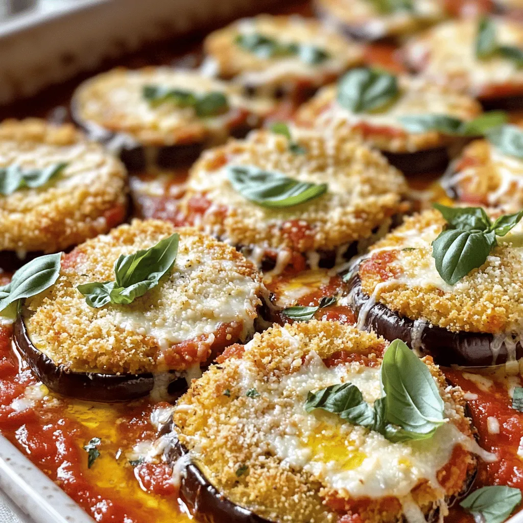 - 2 large eggplants - 1 cup all-purpose flour - 2 large eggs - 1 cup breadcrumbs - 2 cups marinara sauce - 2 cups shredded mozzarella cheese - 1 cup grated Parmesan cheese Eggplants are the star of this dish. Choose large, firm ones for the best texture. Flour helps with the breading, while eggs act as a binder. Breadcrumbs add crunch and flavor. Marinara sauce brings acidity and depth. Mozzarella melts beautifully, and Parmesan adds a savory kick. - 2 tablespoons fresh basil - 1 teaspoon garlic powder - 1 teaspoon Italian seasoning - Olive oil for frying Fresh basil adds brightness and freshness. Garlic powder gives a nice savory touch. Italian seasoning enhances the overall flavor profile. Olive oil is essential for frying the eggplant slices until golden. - Salad options - Bread options for serving A light salad pairs well with this dish. Try a simple green salad or a Caprese salad. Crusty bread or garlic bread makes for a great side. These options balance the richness of the Eggplant Parmesan Bake. For the full recipe, check the original instructions. Enjoy cooking! Start by prepping your eggplants. Slice them into 1/2 inch rounds. Sprinkle salt on each slice. Let them sit for about 30 minutes. This draws out moisture and makes them less bitter. After that, rinse the slices under cold water. Pat them dry with paper towels. Next, set up your breading station. You need three shallow dishes. Put flour in one dish. Place beaten eggs in the second dish. In the third dish, mix breadcrumbs with garlic powder and Italian seasoning. This preparation makes the breading process easy. Now it’s time to bread the eggplant. Take each slice and dip it into the flour first. Shake off any excess flour. Next, dip it into the beaten eggs. Let the excess egg drip off. Finally, coat it with the breadcrumb mixture. Press gently to help the crumbs stick. This method gives a nice, even coating. Heat olive oil in a large skillet over medium heat. Once hot, fry the breaded eggplant slices in batches. Cook them for about 4-5 minutes on each side. They should be golden brown. Use a slotted spoon to transfer them to paper towels. This helps remove extra oil. For layering, grab a 9x13 inch baking dish. Spread a thin layer of marinara sauce on the bottom. Place half of the fried eggplant slices on top. Add another layer of marinara sauce, followed by some mozzarella and Parmesan. Repeat this process, finishing with mozzarella and Parmesan on top. Cover the baking dish tightly with aluminum foil. Bake in your preheated oven for 25 minutes. After that, remove the foil. Continue baking for another 15-20 minutes. This helps the cheese become bubbly and golden. Once it’s done, let it cool for about 10 minutes. This makes slicing easier. You can garnish with fresh basil before serving. For the full recipe, check out the details above. Salting eggplants is key for the best dish. It draws out moisture and bitterness. Slice the eggplants, then sprinkle them with salt. Let them sit for 30 minutes. Rinse and pat them dry. This step makes the eggplant less soggy. Oil temperature is also important for frying. Heat the olive oil until it shimmers. If it’s too cool, the eggplant will soak up the oil. Too hot, and it burns. Aim for medium heat for perfect frying. To boost your marinara sauce, add a pinch of sugar. This balances the acidity of the tomatoes. Also, try adding some chopped fresh herbs like basil or oregano. This will make your sauce pop with flavor. Mixing cheeses can take your dish to the next level. Combine mozzarella with Parmesan for a rich taste. You can even add some ricotta for creaminess. Each cheese adds a unique layer of flavor. For a lovely finish, garnish with fresh basil. Just sprinkle some leaves on top before serving. This adds a splash of color and fresh taste. When hosting, consider serving this dish with a side salad. It balances the rich flavors of the bake. You can also serve it with crusty bread. This makes it a perfect meal for large gatherings. {{image_2}} You can make this dish even healthier. Consider baking the eggplant instead of frying it. Baking cuts down on oil and calories. Just slice, season, and bake until golden. If you need a gluten-free option, you can use gluten-free breadcrumbs. These work just as well and still give you that crunchy texture. Want to mix things up? Try adding different cheeses. Ricotta adds creaminess, while cheddar gives a sharp taste. You can even mix them for a unique flavor. Another fun idea is to use different sauces. Swap marinara with pesto for a fresh twist. A white sauce can add a rich flavor that surprises your taste buds. You can add more veggies for extra nutrition. Zucchini and spinach pair well with eggplant. Add them into your layers for a colorful dish. If you want to boost protein, consider adding chicken or sausage. This makes the meal heartier and satisfying. You can cook the protein first and layer it with the eggplant. For the full recipe, check [Full Recipe]. To store leftovers, let the Eggplant Parmesan cool completely. Then, cover it tightly. Use an airtight container or wrap it with plastic wrap. This helps keep the dish fresh for later. You can also use aluminum foil if you prefer. For freezing, cut the Eggplant Parmesan into portions. Wrap each piece tightly in plastic wrap, then place in a freezer bag. This prevents freezer burn. When you are ready to eat, you can reheat it in the oven. Preheat the oven to 350°F (175°C) and bake for about 30 minutes. In the fridge, Eggplant Parmesan lasts for about 3-5 days. If frozen, it can last up to 3 months. Always check for signs of spoilage before eating. Enjoy your delicious dish even after a few days! Yes, you can prep this dish in advance. You can slice the eggplants and salt them the night before. This will draw out the water and help with bitterness. You can also bread the eggplants ahead. Just store them in the fridge. When you're ready, layer them in the baking dish. Bake right before serving to enjoy it hot. You can swap eggplants with zucchini for a different taste. For a gluten-free option, use almond flour or gluten-free breadcrumbs. If you're dairy-free, try vegan cheese instead of mozzarella and Parmesan. These swaps keep the dish delicious while meeting your needs. Cooked eggplant should be soft and tender. It should have a light golden color when fried. When you bake it, the cheese should bubble and be slightly brown. If you can easily pierce it with a fork, it’s done. You can use frozen eggplant, but there are some tips. Thaw the eggplant completely and pat it dry. This helps avoid excess water in your dish. Frozen eggplant may not be as firm as fresh, but it will still taste great. Just make sure to check the cooking time, as it might differ a bit. For the complete details of making this delicious Eggplant Parmesan Bake, check out the Full Recipe. Eggplant Parmesan Bake is a delicious dish with many layers. You need fresh eggplants, cheese, and marinara sauce for great flavor. We discussed tips for cooking, storing leftovers, and creative variations. Remember, salting the eggplant is key for the best texture. You can make this dish ahead or swap ingredients to fit your taste. Don’t forget to serve it with a salad or some bread. Enjoy crafting your own perfect Eggplant Parmesan Bake!