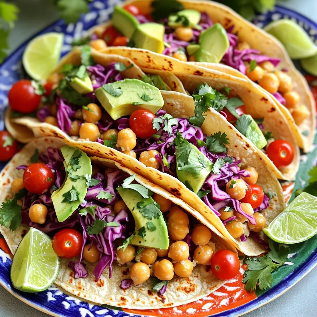 - 1 can (15 oz) chickpeas, drained and rinsed - 1 tablespoon olive oil - 1 teaspoon smoked paprika - ½ teaspoon cumin - ½ teaspoon garlic powder - Salt and pepper, to taste - 8 small corn tortillas - 1 cup shredded red cabbage - 1 avocado, sliced - ½ cup cherry tomatoes, halved - ¼ cup fresh cilantro, chopped - Lime wedges, for serving Chickpea tacos are quick and easy. The chickpeas are the star here. They are rich in protein and fiber. This makes them a great choice for a filling meal. As for the olive oil, it brings a nice richness and helps the spices stick. The smoked paprika gives a nice depth of flavor. Cumin adds warmth, while garlic powder brings a savory touch. Together, they create a delicious blend that makes these tacos stand out. Fresh toppings are key. Shredded red cabbage adds crunch and color. Avocado gives a creamy texture. Cherry tomatoes bring sweetness, and cilantro adds freshness. Don’t forget the corn tortillas! They hold everything together and add a lovely corn flavor. Serve with lime wedges for a zesty finish. The acidity of lime brightens the dish. You can add sauces or dressings to boost flavor. Consider a tahini sauce or a spicy salsa. Want more heat? Add jalapeños or your favorite hot sauce. Chickpeas are a powerhouse of nutrition. They help with digestion and keep you full longer. Each serving of these tacos has about 300 calories. You get around 12 grams of protein and 10 grams of fiber. That’s a meal that nourishes! For the full recipe, check out the detailed steps and tips. Enjoy cooking these tasty chickpea tacos! First, take a medium bowl and add the chickpeas. Use a fork to mash half of them. Leave the other half whole to keep some texture. This mix will give your tacos a nice bite. Next, heat a skillet over medium heat. Add a tablespoon of olive oil to the pan. Once the oil is hot, put both mashed and whole chickpeas in the skillet. Now, sprinkle in smoked paprika, cumin, garlic powder, salt, and pepper. Stir it well for about 5-6 minutes. You want them heated through and a bit crispy. While the chickpeas cook, heat your corn tortillas. You can do this in a separate skillet or microwave. Warm them until they are soft and easy to fold. To put together your tacos, take a tortilla and place a generous scoop of the chickpea mix in the center. Layer on some shredded red cabbage next. Add slices of avocado and halved cherry tomatoes on top. Finish with a sprinkle of fresh cilantro. For a great presentation, serve your tacos on a colorful platter. Arrange lime wedges around the tacos for a fresh touch. You can drizzle a bit of olive oil or your favorite sauce on top for extra flavor. Pair these tacos with a side of chips or a light salad. A cold drink like agua fresca goes well too. Enjoy your meal! For the complete recipe, check out the Full Recipe section. To get the best texture for your chickpeas, start with a good mix. I mash half of the chickpeas and leave the rest whole. This gives you a nice crunch and creaminess in each bite. When adding spices, balance is key. Use smoked paprika, cumin, and garlic powder. These spices enhance the flavor without overpowering the dish. Taste as you go to find the right blend for you. Chickpea tacos are easy to adapt. If you're vegan or gluten-free, this recipe works perfectly. Just make sure your tortillas are gluten-free. Feel free to add your favorite ingredients. You could toss in diced bell peppers or corn for sweetness. Adding a dollop of yogurt or salsa can also create a unique flavor. If you have leftovers, store them in an airtight container. Keep the chickpea mix and tortillas separate to avoid sogginess. This way, your tacos stay fresh and tasty for another meal. Reheat the chickpea mix in a skillet over medium heat. This method keeps the texture and taste intact. Warm the tortillas quickly in a hot pan or microwave before serving. For the full recipe, check out the Chickpea Crunch Tacos. {{image_2}} You can switch chickpeas for other beans or lentils. Black beans or pinto beans work well. Lentils offer a different texture and taste. You can also try kidney beans for a hearty option. For toppings, be creative! Use diced bell peppers, radishes, or corn. Fresh salsas add zing. Try mango salsa or a zesty tomato salsa. These ideas keep the dish fresh and exciting. Want some heat? Add jalapeños for a spicy kick. Chili powder also boosts the spice level. If you prefer sweet flavors, think about toppings like pineapple or diced mango. Both add a nice contrast to the savory chickpeas. You can mix sweet and spicy by using a sweet chili sauce. This creates a fun flavor blend. Explore different cultures through your tacos. Mediterranean-style tacos can add herbs like dill or mint. Top them with tzatziki for a cool touch. For a Mexican twist, include cheese like queso fresco. A dollop of guacamole brings creaminess and flavor. These variations let you enjoy chickpea tacos in many ways. They stay tasty while being fun to make! For the full recipe, check out the Chickpea Crunch Tacos. To spice up your chickpea tacos, you can add more heat in several ways. Try using fresh jalapeños or serrano peppers for a punch. You can also add chili powder or cayenne pepper to the chickpeas while cooking. If you like sauces, drizzle some hot sauce on top before serving. This will give your tacos that extra kick you crave. Adjust the amount based on your spice tolerance, so you can enjoy each bite. Yes, using canned chickpeas is a great idea. Canned chickpeas save time since they are already cooked. This cuts your total cooking time down to just minutes. They are also convenient and easy to find. Dried chickpeas need soaking and long cooking, which can take hours. For a quick weeknight meal, canned chickpeas are your best bet. Just drain and rinse them before using. This helps remove excess salt and makes them ready for the skillet. To keep your corn tortillas from breaking, warm them gently before use. You can heat them in a skillet for about 30 seconds on each side. Alternatively, wrap a stack in a damp paper towel and microwave for 10-15 seconds. This makes them soft and pliable. Handle them with care when filling, and don’t overstuff. A little patience goes a long way in keeping your tacos intact. Chickpea Crunch Tacos are an easy and tasty dish. They take just 20 minutes to make. You only need a few simple ingredients. This recipe uses chickpeas, spices, and fresh veggies. The mix of texture and flavor makes them special. These tacos are great for weeknight meals. You can enjoy them for lunch or dinner. The chickpeas provide protein and fiber. The toppings add crunch and freshness. Plus, they are colorful and fun to eat! To make them even better, serve with lime wedges. The lime juice adds a bright kick. You can also check out the Full Recipe for step-by-step guidance. Imagine a plate full of vibrant tacos ready for your next meal! Chickpea tacos are easy to make and packed with flavor. We shared simple steps to prepare these tasty treats, from mashing chickpeas to choosing fresh toppings. Remember to mix in spices for the best taste and feel free to customize based on your needs. Enjoy them with corn tortillas and a squeeze of lime for extra zest. These tacos are perfect for quick meals and give a healthy boost too. Now get cooking, and make your kitchen smell wonderful!