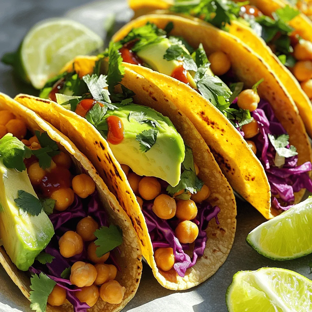 - 1 can (15 oz) chickpeas, drained and rinsed - 2 tablespoons olive oil - 1 teaspoon smoked paprika - 1/2 teaspoon ground cumin - 1/2 teaspoon garlic powder - Salt and pepper to taste - 8 small corn tortillas - 1 cup red cabbage, shredded - 1 avocado, sliced - 1/4 cup fresh cilantro, chopped - 1 lime, cut into wedges - Optional: Hot sauce for garnish The key to crispy chickpea tacos lies in the ingredients. Start with canned chickpeas. They are easy to use and pack a protein punch. Rinsing them well helps reduce sodium. Olive oil adds a rich flavor while helping them crisp up in the oven. Spices bring the dish alive. Smoked paprika gives a nice smokiness, while ground cumin adds warmth. Garlic powder enhances the dish's savory notes. Always adjust salt and pepper to your taste. Tortillas are the base for your tacos. Small corn tortillas work best for crispiness and flavor. Fresh garnishes like red cabbage and avocado provide crunch and creaminess. Cilantro adds freshness, and lime juice brightens each bite. You can add hot sauce for a spicy kick. Each ingredient plays a role in making this dish flavorful and healthy. To see the full recipe, check the section labeled Full Recipe. A serving of these tacos has about 250 calories. Each serving contains around 10 grams of protein, 12 grams of fat, and 30 grams of carbohydrates. This recipe is vegan and gluten-free, making it friendly for many diets. Gather your tools before you start cooking. You will need a baking sheet for the chickpeas. A mixing bowl is essential for combining ingredients. A skillet helps warm your tortillas. Measuring spoons ensure accurate ingredient amounts. Don't forget the oven to bake the chickpeas to perfection. - Preheat the oven to 400°F (200°C). - Rinse and drain the chickpeas. First, I start by preheating the oven. This step is key to getting the chickpeas crispy. While the oven heats, I rinse and drain the chickpeas. This removes extra sodium and ensures they get nice and crunchy. - Combine chickpeas with olive oil and spices in a bowl. Next, I grab a bowl and add the drained chickpeas. Then, I pour in the olive oil. I sprinkle smoked paprika, ground cumin, garlic powder, salt, and pepper over them. I mix it all well. This blend of spices gives the chickpeas a great flavor. - Spread on a baking sheet and bake for 25-30 minutes. Now, I spread the seasoned chickpeas on a baking sheet. I make sure they are in a single layer. This helps them bake evenly. I pop the baking sheet in the oven for 25 to 30 minutes. Halfway through, I give them a stir. This helps them crisp up all over. - Warm tortillas, add fillings, and serve. While the chickpeas are baking, I warm the corn tortillas in a skillet. Each side gets about 30 seconds. Once the chickpeas are done, I take them out of the oven. To build my tacos, I place a spoonful of crispy chickpeas on each tortilla. Next, I add shredded red cabbage, avocado slices, and fresh cilantro. I serve them with lime wedges on the side. For an extra kick, I drizzle on some hot sauce. For the complete recipe, refer to the Full Recipe section. To get your chickpeas super crispy, baking works best. Baking gives you that nice crunch without the extra oil from frying. Spread your seasoned chickpeas evenly on the baking sheet. This helps them cook at the same rate. If they overlap, some might get mushy. You can boost the flavor with more spices. Try adding chili powder or cayenne for heat. Fresh herbs like oregano or thyme also add depth. For toppings, think about adding diced tomatoes or a dollop of yogurt. These toppings can enhance the taste and add creaminess. Pair these tacos with a refreshing drink. A cold lemonade or iced tea works well. For sides, serve with a simple salad or some rice. These sides balance the meal and keep it light. {{image_2}} You can switch up the chickpeas in your tacos. Try using different beans like black beans or pinto beans. These beans add a nice texture and taste. Lentils also work well. They cook fast and soak up flavors easily. If you prefer meat, consider grilled chicken or ground turkey. These options give your tacos a hearty twist. Tacos are fun because you can add many toppings. Think about fresh vegetables like bell peppers, corn, or diced tomato. Each veggie brings its own flavor. Want a crunch? Add some radishes or pickled onions. You can also change flavors by using different spices. Try adding chili powder or lime zest for a zesty kick. The sauce can really change your tacos. You can make your own sauce or buy it. Homemade salsa is easy and fresh. Mix diced tomatoes, onions, and cilantro for a simple blend. If you buy sauce, look for options with no added sugar. You can mix sauces too. Try combining yogurt with salsa for a creamy twist. To store leftover tacos, place them in an airtight container. Make sure to separate the chickpeas from the tortillas. This keeps the tortillas from getting soggy. You can store them in the fridge for up to three days. The chickpeas stay fresh for about five days. If the chickpeas have any liquid, drain it before storing. You can freeze cooked chickpeas and tortillas for later use. To freeze chickpeas, spread them on a baking sheet to cool. Once they cool, transfer them to a freezer bag. Remove as much air as possible before sealing. For tortillas, stack them with parchment paper between each one. Place them in a freezer-safe bag. They can last for up to three months in the freezer. To thaw, move the chickpeas to the fridge overnight. For tortillas, you can microwave them for 15-20 seconds or let them sit at room temp. To reheat without losing crispiness, use an oven or an air fryer. Preheat your oven to 350°F (175°C). Spread the chickpeas on a baking tray and heat for about 10 minutes. For tortillas, warm them in a dry skillet for about 30 seconds on each side. This keeps them soft but not too crisp. Aim for a temperature of around 300°F (150°C) for best results. Yes, you can use frozen chickpeas. First, thaw them by leaving them in the fridge overnight. After that, rinse and drain them well. This helps remove excess moisture. To prepare frozen chickpeas, follow the same steps as with canned ones. Coat them in olive oil and spices. Then, bake until they are crispy. If you need a substitute for tortillas, there are great options. You can use lettuce wraps for a low-carb choice. Rice paper wraps also work well for a fun twist. For gluten-free options, try corn tortillas or even quinoa wraps. Each choice adds unique flavors to your tacos. To add heat, boost your spices. Consider using cayenne pepper or chili powder. You can also mix in some diced jalapeños for a fresh kick. Hot sauce is another easy way to spice things up. Drizzle it on top before serving, and enjoy the extra flavor. Absolutely! Meal prepping these tacos is simple. Cook a big batch of chickpeas and store them in the fridge. Keep your tortillas, veggies, and toppings separate. This keeps everything fresh. When you're ready to eat, just assemble your tacos. This method saves time and keeps your meals exciting. You can find the full recipe for Crispy Chickpea Tacos in the earlier section. It has all the details you need to create this delicious meal. Be sure to check it out for specific ingredients and steps. This blog post showed you how to make crispy chickpea tacos that are simple and tasty. You learned about the key ingredients, tools, and step-by-step prep and cooking. We also covered tips for crispiness, flavor boosts, and storage methods. These tacos are a fun and healthy meal option. Feel free to customize them to suit your taste. Enjoy your cooking, and don’t hesitate to experiment with different flavors! Delicious meals await you.