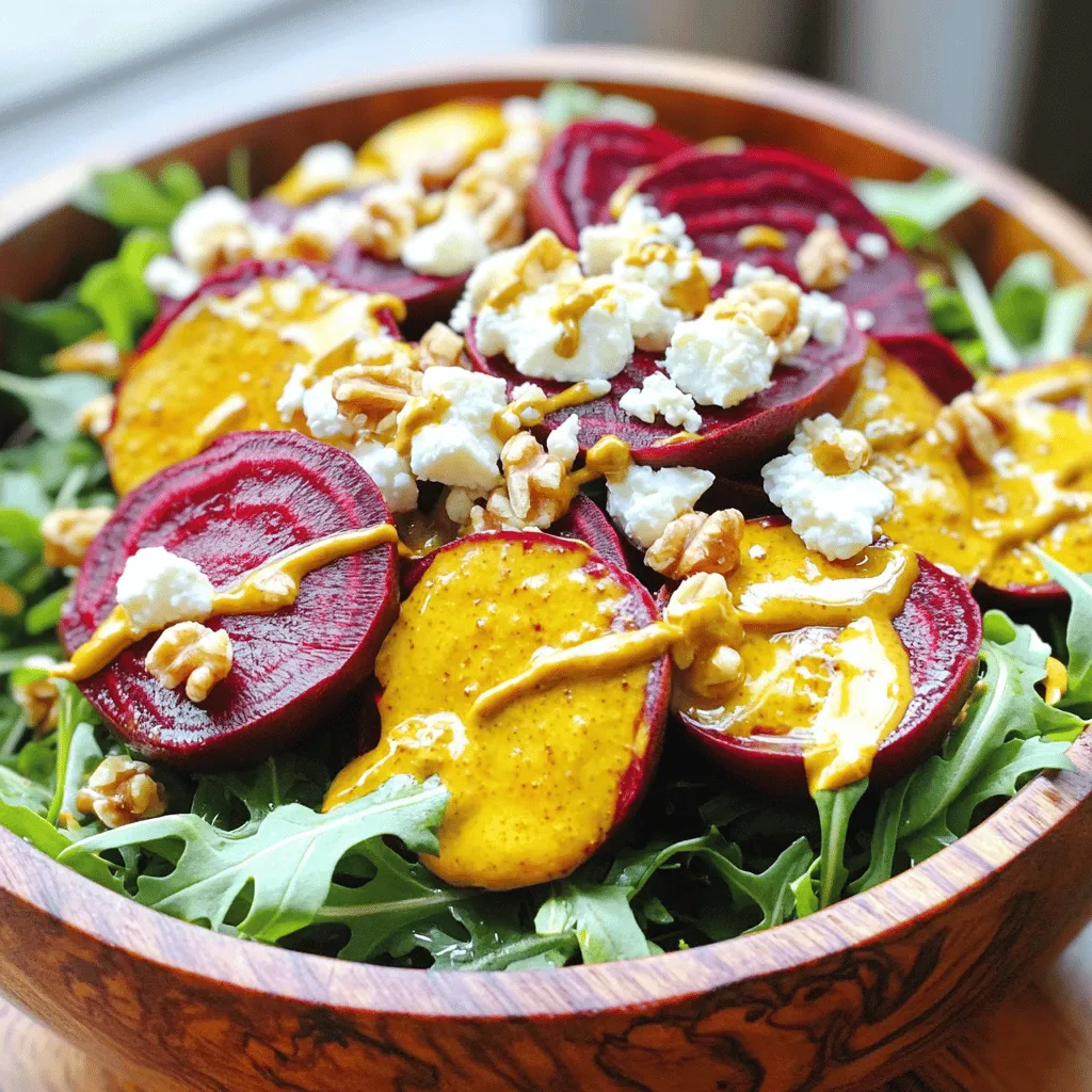 This salad is colorful and full of flavor. Here are the main ingredients you need: - 4 medium-sized beets, scrubbed and trimmed - 2 tablespoons olive oil - Salt and pepper to taste - 6 cups arugula or mixed greens - 1/2 cup crumbled feta cheese - 1/3 cup walnuts, roughly chopped Each beet brings a sweet taste. The feta adds a salty kick. The greens give a nice crunch. You can add a few more flavors to make it special. For the dressing, I like to mix: - 1 tablespoon honey - 1 tablespoon apple cider vinegar - 1 teaspoon Dijon mustard This dressing balances the sweetness of the beets. You can also sprinkle more feta and walnuts on top for extra texture. To make this salad, you need some simple tools. Here’s what I recommend: - A roasting pan - Aluminum foil - A sharp knife - A large bowl - A whisk These tools help you prepare everything easily. For a full guide on how to make this dish, check the Full Recipe. To start, preheat your oven to 400°F (200°C). This step gets the oven hot enough for roasting. Next, scrub and trim your beets. Wrapping each beet in aluminum foil helps them roast evenly. Seal them tightly and place them on a baking sheet. Roast the beets for 45 to 60 minutes. They are done when a fork can easily pierce them. After roasting, let the beets cool for a few minutes. Unwrap them and gently peel off the skins. Cut the beets into wedges to prepare for the salad. In a large bowl, mix the arugula or mixed greens with the roasted beet wedges. This combination brings fresh and earthy flavors together. To add texture, sprinkle crumbled feta cheese on top. Then, toss in roughly chopped walnuts for a delightful crunch. Make sure to mix everything gently to keep the greens intact. Your salad will look vibrant and inviting. In a small bowl, whisk together the honey, apple cider vinegar, and Dijon mustard. Add a pinch of salt and pepper for flavor. This dressing balances sweetness and tanginess. Drizzle the dressing over the greens and beets. Toss the salad gently to coat everything evenly. Enjoy the fresh and tasty option that is your roasted beet salad with feta! For the full recipe, check out Roasted Beet & Feta Delight. Roasting beets is easy and fun. First, choose fresh beets with smooth skin. Scrub them well to remove dirt. Trim the tops and bottoms, but leave skin on. Wrap each beet in foil to keep moisture in. Set your oven to 400°F (200°C). Place the wrapped beets on a baking sheet. Roast for 45 to 60 minutes. Check if they are tender by piercing with a fork. Once done, let them cool before peeling. The skin should come off easily. Cut them into wedges for your salad. You can serve this salad in many ways. Use a large wooden bowl for a rustic look. Mix the roasted beets with arugula or mixed greens. Add crumbled feta cheese for creaminess. Chopped walnuts bring a nice crunch. Drizzle your dressing over the salad just before serving. For extra flavor, sprinkle more feta and walnuts on top. This adds a pop of color and taste to your dish. If you have leftover salad, store it in an airtight container. Keep it in the fridge for up to three days. The beets will stay good, but the greens may wilt. To keep your salad fresh, store the dressing separately. Toss it together right before eating. This keeps the flavors vibrant and the greens crisp. Enjoy your Roasted Beet & Feta Delight! For the complete preparation, check the Full Recipe. {{image_2}} You can mix up this salad by using different greens. Try spinach or kale instead of arugula. Each green adds its own taste and texture. Nuts are also easy to swap. Use pecans or almonds for a new crunch. For cheese, goat cheese makes a great substitute for feta. Its creamy texture adds richness. While the honey and Dijon dressing shines, feel free to change it up. Use balsamic vinegar for a sweeter touch. A squeeze of lemon can add brightness. You can even try a yogurt-based dressing for creaminess. Each dressing will change the flavor profile, keeping the salad exciting. In spring, serve this salad with fresh herbs like chives or parsley. In summer, add juicy fruits like strawberries or peaches for sweetness. Autumn brings a chance to include roasted squash for extra warmth. In winter, add hearty grains like quinoa for a filling meal. Each season can inspire a new twist on the classic recipe. For the full recipe, check out the Roasted Beet & Feta Delight. Each serving of roasted beet salad has around 250 calories. It includes about 10 grams of protein, 15 grams of fat, and 20 grams of carbs. This salad packs nutrients without too many calories. You can enjoy it as a light meal or a side dish. - Beets: High in fiber, beets help with digestion. They also lower blood pressure and boost stamina. - Feta Cheese: Feta adds protein and calcium. It also brings flavor and creaminess to the salad. - Walnuts: These nuts are full of healthy fats. They support heart health and brain function. - Arugula: This green is rich in vitamins. It adds a nice peppery taste to the salad. - Olive Oil: A heart-healthy fat, olive oil is great for cooking. It helps absorb nutrients from veggies. You can enjoy this roasted beet salad with feta as a main dish or a side. Pair it with grilled chicken or fish for more protein. Add whole grains like quinoa or brown rice for extra fiber. This salad fits well into a balanced meal plan. It's fresh, tasty, and full of nutrients. For the full recipe, check out the recipe section above. Yes, you can prepare roasted beets ahead of time. Roasted beets last in the fridge for up to five days. Store them in an airtight container. This way, you save time on busy days. Just reheat them or serve them cold in your salad. If you want to swap feta cheese, try goat cheese or ricotta. Both add a creamy texture. You can also use vegan feta or a simple sprinkle of nutritional yeast for a dairy-free option. Each choice gives a unique taste to your salad. To check if your beets are done roasting, pierce them with a fork. If the fork goes in easily, they are ready. This usually takes around 45 to 60 minutes at 400°F (200°C). Keep an eye on them, as sizes may vary. For the full recipe, check the steps above. Roasted beet salad with feta is simple and delicious. We explored the key ingredients, from beets to toppings. I shared step-by-step instructions for prepping and roasting beets, assembling the salad, and making dressing. You learned tips for roasting beets, serving suggestions, and storage ideas. With variations for seasons and dietary needs, there's a recipe for everyone. This salad is not just tasty; it also packs health benefits. Enjoy creating your own beet salad, and feel good about eating strong and healthy!