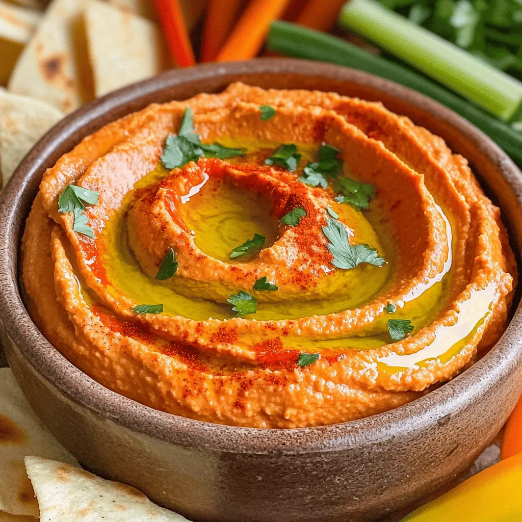 - 1 can (15 ounces) chickpeas, drained and rinsed - 2 large roasted red peppers (jarred or homemade) - 1/4 cup tahini - 2 tablespoons olive oil - 2 tablespoons fresh lemon juice - 1 garlic clove, minced - 1/2 teaspoon ground cumin - Salt, to taste - Water, as needed for consistency - Fresh parsley, for garnish - Paprika, for garnish Roasted red pepper hummus combines rich flavors and smooth textures. The chickpeas form a great base. They add protein and fiber. The roasted red peppers bring sweetness and color. You can use jarred peppers for ease or roast your own for a fresh touch. Tahini adds creaminess and a nutty taste. Its sesame flavor pairs well with the other ingredients. Olive oil adds richness and helps blend everything smoothly. Fresh lemon juice brightens the dish, making it taste fresh. Garlic gives a nice kick, while cumin adds warmth. Adjust salt to your liking for the perfect balance. Lastly, use water to get the right consistency. You want it creamy, not too thick or watery. For a beautiful touch, I love garnishing with fresh parsley and a sprinkle of paprika. This enhances the look and adds a bit of flavor. You can find the full recipe for this delightful hummus above. To prepare the roasted peppers, you can use fresh or jarred versions. If you choose fresh peppers, roast them over an open flame or under a broiler. Turn the peppers until they are charred on all sides. After roasting, place them in a bowl and cover with plastic wrap. Let them steam for about 10 minutes. This helps the skin come off easily. Once cooled, peel the skins, remove the seeds, and chop the peppers. For jarred roasted peppers, simply drain them well. They are already cooked, so you can skip the roasting step. This saves time and effort, making your hummus quick to prepare. Next, it’s time to combine the ingredients. In your food processor, start with the drained chickpeas. Then, add the roasted red peppers, tahini, olive oil, lemon juice, minced garlic, cumin, and a pinch of salt. I find that layering the ingredients this way helps them blend better. To achieve the best consistency, ensure that the chickpeas are well-drained. This keeps the hummus from becoming too watery. You want a thick and creamy texture. Now comes the fun part—blending! Process the mixture for about 1 to 2 minutes. Stop to scrape down the sides as needed. This ensures that all the ingredients mix evenly. If the hummus is too thick, add water a tablespoon at a time. Blend again until you reach your desired creamy texture. Taste the hummus and adjust the flavors as needed. You might want to add more salt or lemon juice for extra zing. This step allows you to customize your hummus. Enjoy the process and make it your own! For the complete recipe, check out the full recipe. To keep your hummus fresh, store it in an airtight container. This helps it last longer in the fridge. Homemade hummus can stay fresh for about five days. If you want to save some for later, freezing is a great option. Portion out the hummus in small containers. This way, you can thaw just what you need. To freeze, make sure to leave some space in the container for expansion. When you're ready to enjoy, let it thaw in the fridge overnight. Want to add more flavor? Consider adding spices like smoked paprika or cayenne pepper. A pinch of sumac gives a nice tang, too. Fresh herbs like cilantro or dill can brighten the taste. For a fun garnish, try adding toasted pine nuts or a drizzle of balsamic glaze. These ideas make your hummus look fancy and taste even better. Roasted red pepper hummus pairs well with many snacks. Serve it with warm pita chips for a classic choice. Fresh veggies like cucumber and carrot sticks are also great options. You can create a colorful platter with assorted dippers. For a fun twist, use it as a spread on sandwiches or wraps. This adds flavor and nutrition to your meals. You can also make mini appetizers by spreading hummus on crackers. Top with a slice of avocado or a cherry tomato for a tasty bite. For more details on making this delicious dish, check the Full Recipe. {{image_2}} For those who love heat, try adding chili flakes or diced jalapeños to your hummus. This adds a nice kick that balances with the sweet roasted red peppers. Start with a pinch of chili flakes and blend it in. Taste and add more if you want it spicier. This variation will surely wake up your taste buds! Want to brighten the flavor? Incorporate fresh herbs like basil or cilantro. Chop the herbs finely and mix them in. You can add about 1/4 cup of herbs to the blend. Fresh herbs bring a burst of color and taste. They also make your hummus feel light and fresh. For a twist, consider using different nut butters or seeds. Almond butter or sunflower seed butter can add a unique flavor. Try adding about 2 tablespoons of your choice to the mix. This not only enhances the creaminess but also adds healthy fats. Each nut butter gives a new texture and taste that can surprise your guests. Explore these variations to make your roasted red pepper hummus even more exciting! For the full recipe, check out the details above. Homemade hummus lasts about 5 to 7 days in the fridge. Store it in an airtight container. Always let it cool completely before sealing. This keeps the flavors fresh. If you see any liquid on top, just stir it back in. To freeze hummus, use a freezer-safe container. Leave some space at the top for expansion. You can also portion it into ice cube trays for easy use. To thaw, place it in the fridge overnight. Stir well before serving. If it's too thick, add a bit of water to loosen it. Check for changes in smell or color. If the hummus has a sour smell, it’s best to throw it out. Mold is another clear sign of spoilage. If you see any, do not eat it. Always trust your senses when it comes to food safety. Yes, you can use canned chickpeas. They save time and effort. Canned chickpeas are already cooked. This makes them quick to use. They also have a soft texture, which helps your hummus blend smoothly. Dried chickpeas require soaking and cooking, which takes longer. To make this hummus vegan, simply skip the tahini. You can replace it with nut butter like almond or cashew. These options still give a creamy texture. You can also add a splash of water or olive oil to keep it smooth. You can dip many tasty items in hummus. Fresh veggies work great. Try these: - Carrot sticks - Cucumber slices - Bell pepper strips - Celery sticks You can also use pita chips or warm pita bread. Crackers and pretzels are good, too. Making hummus without tahini is simple. Use these ingredients instead: - Nut butter (like almond or peanut) - Greek yogurt for creaminess - Extra olive oil for a smooth texture These options keep your hummus rich and tasty. You can still enjoy a creamy dip! Try out the Full Recipe for the complete process. By using simple ingredients, you can make delicious roasted red pepper hummus. We covered how to prepare, blend, store, and serve it. You also learned about variations to try, like adding spices or herbs. Remember, homemade hummus is fresh and healthy, without preservatives. Enjoy experimenting with flavors and sharing your creations. Hummus can be a fun snack or appetizer. Just keep it stored right, and you’re set. Start your hummus journey today; your taste buds will thank you!
