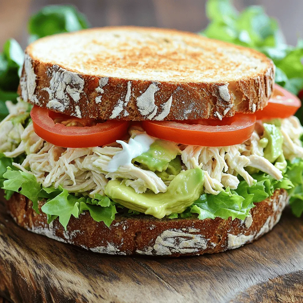 To make a tasty Creamy Avocado Chicken Salad Sandwich, you need these simple ingredients: - 2 cups cooked chicken, shredded (preferably rotisserie) - 1 ripe avocado, mashed - 1/4 cup Greek yogurt - 1 tablespoon Dijon mustard - 1 tablespoon fresh lemon juice - 1/4 cup celery, finely chopped - 1/4 cup red onion, finely chopped - 1 tablespoon fresh cilantro, chopped (optional) - Salt and pepper to taste - 4 slices whole grain or sourdough bread - Lettuce leaves (for serving) - Tomato slices (optional, for layering) These ingredients create a creamy, flavorful filling. The shredded chicken adds protein, while the avocado gives it a rich texture. Greek yogurt and Dijon mustard add creaminess and a tangy kick. Fresh veggies like celery and red onion provide crunch and flavor. Toasting the whole grain or sourdough bread adds a delightful crunch. Make sure to use ripe avocados. They should feel soft when you gently squeeze them. This ensures the best flavor and texture. You can also switch things up by using different breads or adding your favorite toppings. For the full recipe, check out the detailed steps to create this delicious sandwich. Enjoy the bright flavors and satisfying texture of this chicken salad! To start, gather your main ingredients. You will need cooked chicken, ripe avocado, Greek yogurt, Dijon mustard, and lemon juice. In a large bowl, combine these ingredients. Mix them well until they become creamy and smooth. Next, it’s time to add some crunch. Chop up celery and red onion. If you like, you can also add fresh cilantro for extra flavor. Stir these veggies gently into the chicken mixture. This gives your salad a nice texture. Season with salt and pepper. Taste it to make sure it’s just right. Toasting your bread is key. It adds a nice crunch and helps hold the filling better. I recommend using whole grain or sourdough bread. Set your toaster to a medium setting. Toast until golden brown. Keep an eye on it to avoid burning. If you want, you can also toast it in a pan. Just add a little butter or olive oil for flavor. This adds a delicious crispiness to your sandwich. Now, let’s put it all together. Take two slices of your toasted bread. Spread a generous amount of the creamy chicken salad on each slice. This makes the filling the star of the show. Next, add fresh lettuce leaves. If you like, you can also add tomato slices for a juicy touch. Place the other slices of bread on top to finish your sandwich. For a nice presentation, slice the sandwiches in half. If you want, you can secure them with toothpicks. This makes them easy to hold and eat. Serve your sandwiches on a plate or board, and enjoy your creamy avocado chicken salad sandwich delight! For the complete list of ingredients and detailed steps, check the Full Recipe. To boost flavors in your creamy avocado chicken salad sandwich, consider these spices and herbs: - Garlic powder: Adds depth. - Cumin: Gives a warm touch. - Paprika: Adds a mild smokiness. For creaminess, you can adjust the avocado and yogurt mix. Add more mashed avocado for a richer taste. If you like it lighter, use less yogurt. A splash of olive oil can also help if you want to keep it creamy without adding too much yogurt. Prepping ingredients in advance saves time. Chop the celery and red onion a day before. Store them in an airtight container in the fridge. This way, you can whip up your sandwich quickly. Using rotisserie chicken is a great shortcut. It’s cooked, seasoned, and ready to go. Just shred it when you're ready to make the salad. This saves you the hassle of cooking your chicken from scratch. Pair your sandwich with simple sides. A fresh green salad or crunchy chips work well. You can also serve it with carrot sticks for a healthy crunch. This sandwich is perfect for many occasions. Serve it at picnics, lunch gatherings, or casual dinners. It’s a crowd-pleaser and easy to share. You can even prepare it for meal prep, making lunch all week long. {{image_2}} You can switch up proteins in your creamy avocado chicken salad sandwich. Try tuna or turkey for a new twist. Both options deliver great taste and nutrition. For a lighter touch, go dairy-free by using vegan mayo instead of Greek yogurt. This keeps the salad creamy while catering to different diets. Bread can change the vibe of your sandwich. If you need gluten-free options, choose gluten-free bread. It tastes great and keeps your sandwich intact. For something unique, try using baguettes or wraps. Baguettes give a nice crunch, while wraps make it easy to grab and go. Want to add a pop of flavor? Toss in fruits like grapes or apples. These fruits add sweetness and crunch. You can also mix in spices for an extra kick. A pinch of cayenne or paprika can elevate the flavor. Each variation makes the sandwich fun and exciting. Explore these ideas to keep your meals fresh and tasty. Check the Full Recipe for more details! Store leftover chicken salad in the fridge. Use an airtight container. This keeps your salad fresh and prevents odors. You should eat it within three days for the best taste. If you want to keep it longer, consider freezing it. To freeze the salad mixture, first place it in a freezer-safe container. Leave some space at the top for expansion. Seal tightly to avoid freezer burn. When you want to use it, take it out and thaw it overnight in the fridge. This way, the flavor stays intact. Choose airtight containers for keeping sandwiches fresh. Glass or BPA-free plastic works well. To avoid sogginess, place a paper towel inside the container. This absorbs excess moisture from the sandwich. Keep sandwiches separate from any veggies or sauces until you're ready to eat. Yes, you can make this chicken salad in advance. It saves time and adds flavor. To prep ahead, follow these tips: - Mix Ingredients: Combine the chicken, avocado, Greek yogurt, mustard, and lemon juice. Store this mixture in an airtight container. - Add Veggies Later: Chop celery and onion just before serving. This keeps them fresh and crunchy. - Refrigerate: Keep the salad in the fridge for up to two days. If you don't have Greek yogurt, plenty of creamy options work great. Here are some substitutes: - Sour Cream: This adds a tangy flavor and creamy texture. - Cream Cheese: Soften it first for easier mixing. - Avocado Only: If you like avocado, simply use more. It gives a rich taste. Making a lower-calorie chicken salad is easy. Here are some tips to help you: - Use Less Oil: Skip extra oil or dressings. - Lean Chicken: Choose skinless chicken breast for fewer calories. - Greek Yogurt Swap: Use a low-fat version of Greek yogurt or a different substitute. - Skip the Bread: Serve the salad in lettuce wraps instead of bread for a light meal. In this article, we covered how to make a tasty chicken salad sandwich. You learned about the key ingredients, step-by-step instructions, and helpful tips for flavor. We even explored variations and storage options so your meal lasts longer. Now you can enjoy a fresh, healthy sandwich at any time. Remember, cooking can be fun and simple. Get creative, and don’t be afraid to try new things! Enjoy the process and share your delicious results.