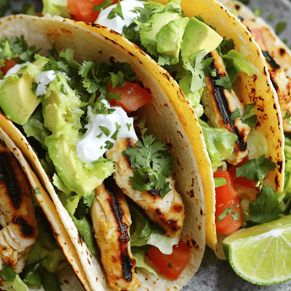 Here is a list of ingredients for 24 servings of cilantro lime chicken tacos: - 8 boneless, skinless chicken breasts - 1 cup fresh cilantro, chopped - 4 limes (zest and juice) - 8 cloves garlic, minced - 4 teaspoons ground cumin - 4 teaspoons paprika - 2 teaspoons chili powder - 4 tablespoons olive oil - Salt and pepper to taste - 24 small corn or flour tortillas - 3 cups shredded lettuce - 3 cups diced tomatoes - 3 avocados, sliced - Sour cream or Greek yogurt for serving These ingredients create a bright, refreshing flavor. The cilantro pairs well with lime, giving a vibrant taste. The spices add warmth but not too much heat. This balance makes the tacos enjoyable for everyone. When I prepare these tacos, I focus on fresh ingredients. The cilantro should be bright green, and the limes should feel heavy for their size. Fresh garlic adds a punch of flavor that dried garlic cannot match. Using quality chicken is a must for juicy tacos. I prefer boneless and skinless breasts for ease of cooking and shredding. The tortillas should be small and flexible, perfect for holding all the tasty fillings. For toppings, I like to keep it simple. Shredded lettuce and diced tomatoes add crunch. Slices of avocado bring creaminess. A dollop of sour cream or Greek yogurt ties it all together. You can find the full recipe with cooking instructions and tips later in the article. Enjoy making these tacos! To start, gather your ingredients. In a bowl, combine the following: - 1 cup fresh cilantro, chopped - 4 limes (zest and juice) - 8 cloves garlic, minced - 4 teaspoons ground cumin - 4 teaspoons paprika - 2 teaspoons chili powder - 4 tablespoons olive oil - Salt and pepper to taste Mix everything well. This marinade adds a bright and zesty flavor to the chicken. The lime juice and cilantro work together to create a fresh taste that shines through in every bite. Now, let’s marinate the chicken. Place 8 boneless, skinless chicken breasts in a large resealable bag or a shallow dish. Pour the marinade over the chicken. Make sure each piece is covered well. Seal the bag or cover the dish. Refrigerate for at least 30 minutes. If you have time, marinate for up to 2 hours. This helps the flavors sink into the chicken. Next, we cook the chicken. Preheat your grill or skillet to medium-high heat. Remove the chicken from the marinade and discard the marinade. Grill the chicken for about 6-7 minutes on each side. You want the internal temperature to reach 165°F (75°C) for safe eating. Once done, take the chicken off the heat. Let it rest for a few minutes. This resting time lets the juices redistribute, keeping the chicken moist. Finally, it’s time to assemble your tacos. Warm 24 small corn or flour tortillas on the grill or in a skillet for about 30 seconds on each side. This makes them soft and easy to fold. Start layering your ingredients for the best flavor. Place sliced chicken on each tortilla. Then, add shredded lettuce, diced tomatoes, and avocado slices. Finish with a dollop of sour cream or Greek yogurt. If you like more lime, drizzle extra lime juice over the top. For the full recipe, check the recipe section above. Enjoy making these delicious tacos! Marinating is key to flavorful cilantro lime chicken tacos. You want to coat the chicken well with the marinade. I suggest marinating for at least 30 minutes. For a stronger taste, go for 2 hours. The acid from the lime helps tenderize the chicken and adds zest. Always keep the chicken in the fridge while marinating. This keeps it fresh and safe to eat. You can cook the marinated chicken in different ways. Grilling adds a nice smoky flavor. If you don't have a grill, try pan-searing it in a skillet. You can also bake it in the oven at 400°F (200°C) for about 20-25 minutes. If you love quick meals, using an air fryer works too. Cook the chicken for about 10-12 minutes at 375°F (190°C). All methods will give you juicy chicken for your tacos. Serving your tacos in a fun way makes the meal better. Use colorful plates to make the dish pop. Stack the tortillas and fill them with the sliced chicken and toppings. Add the shredded lettuce, diced tomatoes, and avocado on top. A squeeze of lime juice adds color and flavor. You can also sprinkle some chopped cilantro for a fresh look. For a fun touch, serve with lime wedges on the side. This makes it easy for guests to add more zest! For the full recipe, check the section above. {{image_2}} You can swap out chicken for other proteins. Shrimp works great and cooks fast. Just marinate and grill them like the chicken. Tofu is a great choice for a plant-based option. Press the tofu to remove water, then slice it. Marinate and grill or pan-fry it until crispy. Beef also makes a tasty taco. Use flank steak or ground beef. Cook it until it’s nice and brown. Each option brings its own flavor twist. Toppings make your tacos even better. Salsa is a must for added zest. You can use fresh pico de gallo or a mango salsa for sweetness. Cheese adds creaminess; try crumbled queso fresco or shredded cheddar. For some heat, add sliced jalapeños or pickled onions. A squeeze of lime brightens everything up. Experiment with different toppings to find your perfect combo. Making these tacos gluten-free is easy. Use corn tortillas instead of flour ones. Check the labels to ensure they are certified gluten-free. For a dairy-free option, skip the sour cream or use dairy-free yogurt. You can also try avocado crema as a creamy topping. No matter your diet, you can enjoy these tacos. Just swap ingredients as needed to fit your needs. For the full recipe, check out the instructions above. To keep your cilantro lime chicken tacos fresh, store leftovers properly. First, let the tacos cool down to room temperature. Then, wrap each taco in plastic wrap or foil. You can also place them in an airtight container. This helps prevent drying out. If you want to save them for longer, you can freeze them. Just make sure to use freezer-safe bags or containers. Label them with the date. Leftover tacos can last up to three months in the freezer. When you're ready to enjoy your leftovers, you need to reheat them right. Start by preheating your oven to 350°F (175°C). Place the tacos on a baking sheet. Cover them with foil to keep them moist. Bake for about 10-15 minutes. This way, the chicken stays juicy, and the tortillas stay soft. If you prefer, you can also reheat them in a skillet. Heat the skillet over medium heat and warm each taco for 2-3 minutes on each side. Enjoy your tasty meal! Marinate the chicken for at least 30 minutes. For the best flavor, try to marinate for up to 2 hours. This allows the spices and lime to soak into the chicken. The longer you marinate, the more flavor you’ll get. Yes! You can prepare the ingredients in advance. Marinate the chicken earlier in the day or even the night before. You can chop the toppings like lettuce, tomatoes, and avocado ahead too. Just store them in airtight containers in the fridge. This way, you can quickly assemble the tacos when you’re ready to eat. These tacos pair great with a few sides. Consider serving them with: - Spanish rice - Black beans - Corn salad - Grilled vegetables These sides add color and flavor to your meal, making it even more enjoyable. Absolutely! You can swap the chicken for other proteins. Try using grilled portobello mushrooms or marinated tofu. Both options work well with the marinade. You can also add beans for extra protein. This way, you can still enjoy the full flavor of cilantro lime tacos, even without chicken. This blog post gave you the full scoop on making cilantro lime chicken tacos. You learned about the key ingredients, marination tips, cooking methods, and how to assemble these tasty tacos. I shared helpful variations, storage tips, and answered common questions. Cilantro lime chicken tacos are simple, fun, and flavorful. Enjoy experimenting with recipes and serving them with your favorite sides. Happy cooking!