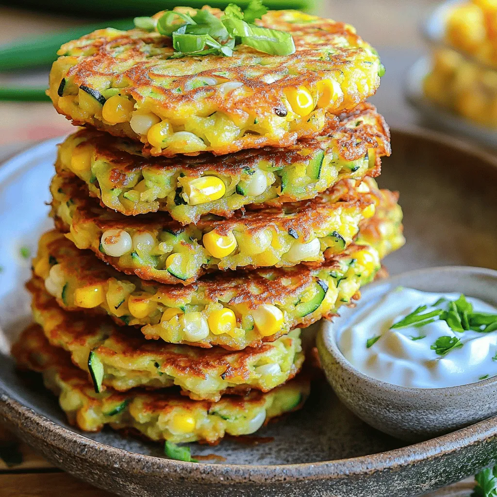 To make tasty zucchini and corn fritters, gather these simple items: - 2 medium zucchinis, grated - 1 cup fresh corn kernels (or frozen, thawed) - 1/2 cup all-purpose flour - 1/4 cup cornmeal - 2 large eggs - 1/4 cup green onions, finely chopped - 1 teaspoon baking powder - 1 teaspoon garlic powder - 1/2 teaspoon smoked paprika - Salt and pepper to taste - Olive oil for frying You can swap some ingredients if needed: - Use chickpea flour instead of all-purpose flour for a gluten-free option. - Replace green onions with chives for a milder flavor. - Try adding feta cheese for a creamy touch. - Use fresh herbs like cilantro or parsley for extra flavor. - If you want a bit of spice, add diced jalapeños to the mix. These fritters are not just delicious; they also pack a nutritional punch: - Calories: About 150 per fritter - Protein: 5 grams - Carbohydrates: 15 grams - Fat: 7 grams - Fiber: 2 grams Zucchini and corn fritters are a great way to enjoy veggies. They are filling and packed with flavor. You can find the full recipe online to guide you through the cooking process! First, we need to prepare the zucchini. Grate two medium zucchinis using a box grater. This makes them easy to mix in later. After grating, put the zucchini in a clean kitchen towel. Squeeze it tightly to remove excess water. This step is key. If you skip it, the fritters can turn out soggy. Once dried, set the zucchini aside and let’s move on. Now, grab a large mixing bowl. In this bowl, combine the grated zucchini with one cup of fresh corn kernels and 1/4 cup of finely chopped green onions. Mix them well. In another bowl, whisk together 1/2 cup of all-purpose flour, 1/4 cup of cornmeal, 1 teaspoon of baking powder, 1 teaspoon of garlic powder, and 1/2 teaspoon of smoked paprika. Add salt and pepper to taste. Then, add this dry mix to the zucchini and corn mixture. Crack in two large eggs and stir until everything is well combined. This will form a thick batter. Next, heat a skillet over medium-high heat and add olive oil. You want enough oil to cover the bottom of the skillet. Once the oil is hot, use a spoon to take some batter and drop it into the pan. Flatten each fritter slightly with the back of the spoon. Cook them for about 3-4 minutes on each side. They should turn golden brown and crispy. After cooking, place the fritters on a paper towel-lined plate to absorb extra oil. Serve them warm, and feel free to add a dipping sauce like yogurt or avocado cream. Enjoy your delicious fritters! For the full recipe, check out the earlier section. To keep your fritters crispy, it's key to handle the zucchini right. Grate the zucchini, then squeeze it in a towel. This removes extra moisture. You want the mixture to be thick, not wet. If it's too wet, your fritters will not fry well. Also, don’t skip the salt. It helps draw out moisture from the zucchini. Getting the right cooking temperature is crucial. Heat your skillet to medium-high. If it's too low, the fritters will soak up oil and turn soggy. If it’s too high, they might burn on the outside before cooking through. A good test is to drop a bit of batter in the oil. If it sizzles, you’re ready to fry! These fritters shine when served hot. You can stack them neatly on a plate. Drizzle with fresh lime juice for a zesty touch. Pair them with yogurt or avocado cream for a creamy dip. You can also sprinkle fresh herbs on top for a pop of color. These toppings elevate the dish and make it visually appealing. For more details, check the Full Recipe. {{image_2}} You can add cheese to your fritters for a rich flavor. Try using feta, cheddar, or mozzarella. Grate or crumble the cheese and mix it into the batter. You can also add fresh herbs, like parsley or basil. These add a fresh taste that really brightens the dish. If you need a gluten-free version, swap the all-purpose flour for a gluten-free blend. Make sure it is a 1:1 substitute for best results. You can also use chickpea flour for a nutty flavor. Just remember to check your cornmeal to ensure it is gluten-free as well. For a kick, add diced jalapeños to your batter. Start with one or two, depending on your spice level. Remove the seeds for less heat. The jalapeños will give a nice contrast to the sweet corn. You can also serve these fritters with a spicy dipping sauce for extra heat. You can find the full recipe for these tasty fritters to try all the variations! To store leftover fritters, let them cool completely first. Place them in an airtight container. You can stack them with parchment paper in between layers. This keeps them from sticking together. Store them in the fridge for up to three days. To reheat fritters, use a skillet for the best results. Heat a small amount of oil over medium heat. Add the fritters and cook for about two minutes on each side. This method keeps them crispy. Alternatively, you can reheat them in the oven. Set the oven to 350°F (175°C) and bake for about 10-15 minutes. You can freeze fritters for later use. Once cooled, arrange them in a single layer on a baking sheet. Freeze them for about one hour. After they are firm, transfer them to a freezer bag. Remove as much air as possible before sealing. They can stay fresh for up to three months. When ready to eat, thaw in the fridge overnight before reheating. For the full recipe, check out the Zesty Zucchini and Corn Fritters. Yes, you can use frozen zucchini. Just make sure to thaw and drain it well. Frozen zucchini has more water than fresh. This can lead to soggy fritters. So, squeeze out extra moisture before mixing. Many sauces work great with fritters. Here are a few favorites: - Yogurt dip - Avocado cream - Spicy mayo - Salsa These dips add flavor and fun. You can even mix them up to find your favorite! You can make fritters in advance. Here’s how: 1. Prepare the batter and form the fritters. 2. Place them on a baking sheet lined with parchment paper. 3. Freeze them until firm, then transfer to a freezer bag. This way, you can quickly fry them later. Just remember to cook them straight from the freezer. For the full recipe, check out the earlier section. In this blog post, we covered key points about making zucchini fritters. We discussed the ingredients, how to prepare and cook them, and shared helpful tips. We also explored variations and how to store your fritters for later. Zucchini fritters are tasty and versatile. With simple steps, you can create them at home. Enjoy trying different toppings or spices. You’ll impress everyone with your skills. Happy cooking!
