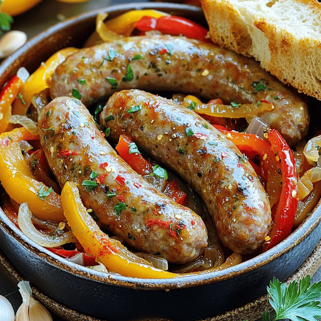 To create a flavorful Italian sausage and peppers dish, you need some key ingredients. Each one adds depth and taste. Here’s what I recommend using: - Italian sausage options (sweet or spicy): Choose based on your heat preference. Sweet sausages give a mild flavor, while spicy sausages add a kick. - Fresh vegetables (bell peppers and onions): Use bell peppers in bright colors, like red and yellow, for sweetness. Onions add a savory base. - Herbs and seasonings: Dried oregano and basil enhance flavor. Red pepper flakes can give extra heat if you like spice. - Broth type for moisture: Chicken or vegetable broth adds moisture and richness to the dish. With these ingredients, you’ll create a dish that’s not only tasty but also colorful and appetizing. For the complete recipe, check out the Full Recipe section. To make Italian sausage and peppers, you will need a large skillet or sauté pan. This dish needs a good browning technique for the sausage. Start by heating olive oil in the pan over medium-high heat. 1. Sausage Browning Technique: - Place the sausage links in the hot oil. - Brown them on all sides for about 5-7 minutes. - Remove the sausages and set them aside. 2. Vegetables and Seasoning Order: - Next, add sliced onions and bell peppers to the same pan. - Cook for about 5 minutes until they soften. - Then, add minced garlic, oregano, basil, and red pepper flakes. - Sauté this mix for 1-2 minutes until it smells great. Now it's time to bring all the flavors together. 1. Combining Ingredients in the Pan: - Pour chicken broth into the pan and stir well. - Scrape up any tasty bits stuck to the bottom. 2. Simmering for Flavor Infusion: - Add the browned sausages back into the pan. - Reduce the heat to low and cover. - Let it simmer for about 15 minutes. This step lets flavors meld and sausages cook through. 3. Final Adjustments (Taste and Seasoning): - After simmering, taste the dish. - Add salt and pepper as needed. - Serve the sausage and peppers in bowls, garnished with parsley. For the complete recipe, check out the full recipe. Enjoy your flavorful dinner! - Choosing the right sausage type: Sweet Italian sausage works well for a mild flavor. If you prefer heat, try spicy sausage. Both choices add great taste. - Ideal cooking temperatures: Cook the sausages over medium-high heat. This browns them nicely and keeps them juicy. Aim for an internal temperature of 160°F for safety. - Best practices for sautéing vegetables: Start with onions before adding bell peppers. This gives the onions time to soften. Stir often to prevent sticking and burning. - Recommended side dishes: Serve with crusty Italian bread. It soaks up the juices and adds texture. You can also offer a simple salad for a fresh touch. - Ideal serving temperature: Serve hot for the best flavor. Let it rest for a few minutes after cooking. This helps the flavors settle, making every bite delicious. For a complete guide, check the Full Recipe for Italian Sausage and Peppers Delight. {{image_2}} You can easily change the flavor of Italian sausage and peppers. If you like heat, add jalapeños. Just slice them thin and toss them in with the other veggies. They will give a great kick to the dish. If you want a lighter option, try using chicken sausage or tofu. Both can soak up the flavors well. Chicken sausage is leaner, while tofu adds a nice texture. Italian sausage and peppers can vary by region. In Italy, they often use sweet sausage with simple spices. In America, we add more heat and flavor. You might find different types of sausage in each place. Additionally, use seasonal vegetables to change it up. In summer, add zucchini or eggplant. In fall, consider using squash. These choices keep the dish fresh and fun. For a full recipe, check out the Italian Sausage and Peppers Delight. Enjoy making this dish your own! To keep your Italian sausage and peppers fresh, use proper storage methods. First, let the dish cool to room temperature. Then, transfer it to an airtight container. This helps prevent moisture loss and keeps flavors intact. You can store leftovers in the fridge for up to three days. For longer storage, freeze them. Place the dish in a freezer-safe container, leaving some space for expansion. It will stay good for about three months in the freezer. When you're ready to enjoy leftovers, reheating is key. To avoid drying out the dish, use a skillet. Heat it over low to medium heat. Add a splash of broth or water to keep it moist. Stir occasionally until heated through. You can also use a microwave. Place the food in a microwave-safe bowl and cover it with a damp paper towel. This helps create steam, keeping the dish juicy. Heat in short bursts, stirring in between, until warm. Can I make Italian sausage and peppers in advance? Yes, you can make this dish ahead of time. Cook it fully, then let it cool. Store it in an airtight container in the fridge for up to three days. Reheat when ready to serve. What to serve with sausage and peppers? Serve this dish with crusty Italian bread. You can also pair it with pasta or rice. A fresh salad adds a nice crunch to the meal. How to adjust the spice level for different tastes? To lower the spice, use sweet Italian sausage and omit the red pepper flakes. For more heat, choose spicy sausage and add jalapeños or extra red pepper flakes. What is the best way to cook sausage? The best way is to brown the sausage in a skillet over medium-high heat. This gives it a nice crust. Then, lower the heat and let it cook through with other ingredients. Can you use frozen peppers and onions for this recipe? Yes, frozen peppers and onions work well. Just add them directly to the pan. They may release more water, so you might need to cook them a bit longer to thicken the sauce. For the full deliciousness of this dish, check the Full Recipe. This blog post provided a complete guide on making Italian sausage and peppers. You learned about the right ingredients, cooking methods, and useful tips. Remember to pick the sausage that suits your taste best. Enjoy experimenting with variations, like adding jalapeños or using chicken. Proper storage and reheating keep your dish fresh. This meal is not only tasty but also versatile. Enjoy your cooking journey, and make this dish your own!