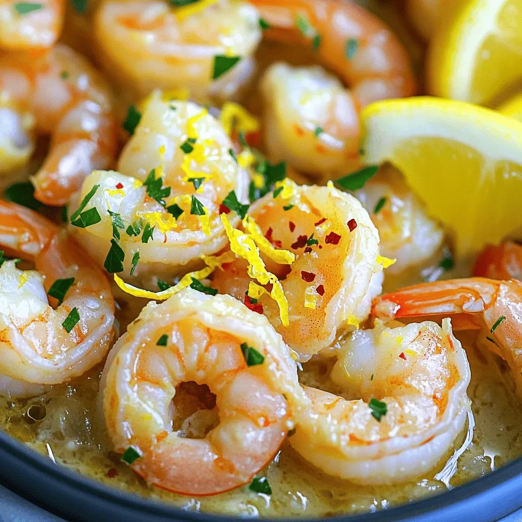 - Shrimp: I recommend using large shrimp, about 16-20 per pound. These shrimp cook quickly and taste great. Fresh shrimp is best, but frozen works too. Just thaw them first. - Butter and Garlic: Use unsalted butter for better control of saltiness. If you want a different flavor, try olive oil or vegan butter. Fresh garlic is best, but jarred garlic can work in a pinch. - Spices: Red pepper flakes add heat. You can adjust the amount to match your taste. Salt enhances all the flavors, and black pepper adds a mild kick. - Fresh Herbs: Always use fresh parsley for garnish. It adds color and bright flavor. Dried herbs can’t match the taste of fresh ones in this dish. For the complete Lemon Garlic Butter Shrimp experience, refer to the [Full Recipe]. Start by cleaning the shrimp. I prefer using large shrimp for this dish. Rinse them under cold water. Then, peel and devein them if needed. Next, pat the shrimp dry with paper towels. This helps remove excess moisture. Season the shrimp with salt and black pepper. This simple step enhances their flavor. Drying the shrimp is important. Moist shrimp can steam instead of sear. This can lead to a rubbery texture. Make sure they are as dry as possible before cooking. Now, let’s cook! In a large skillet, melt the butter over medium heat. It should bubble gently. Once it melts, add the minced garlic. Cook it for about one minute. Stir it constantly. You want it fragrant, not browned. Next, add the seasoned shrimp to the skillet. Sprinkle red pepper flakes over them for some heat. Cook the shrimp for about 2-3 minutes on one side. They will turn pink and curl up. Flip them over and cook for 2-3 more minutes. Timing is key. You want perfectly cooked shrimp. Overcooking can make them tough. When they are done, they should be opaque and firm to the touch. Now it’s time for the best part! Pour in the fresh lemon juice and stir in the lemon zest. This adds bright, zesty flavor. Cook for an additional minute. Make sure all the shrimp are coated in that buttery lemon sauce. Remove the skillet from heat. Sprinkle the chopped parsley on top for a fresh touch. Serve the shrimp right away. Add lemon wedges on the side for extra zing. This dish is ready to impress! For the full recipe, check out the detailed instructions above. How do you prevent overcooking shrimp? To avoid tough shrimp, cook them just until they turn pink. This usually takes 2-3 minutes per side. If you see them curling up tightly, they are done. Remove them from the heat right away. How can you adjust spice levels for personal preference? You can change the amount of red pepper flakes in the recipe. If you like it spicy, add more. For less heat, use less. You can also skip them if you prefer a milder flavor. What additional herbs and spices complement the dish? Fresh herbs like basil or cilantro can add a new twist. You might also try adding a pinch of smoked paprika for a deeper flavor. Lemon zest enhances the dish's bright taste. What side dishes pair well with shrimp? Serve the shrimp with a fresh salad or some rice. Garlic bread also works great. You can even toss in some steamed veggies for a colorful plate. {{image_2}} You can swap shrimp for other proteins. Chicken, scallops, or even firm tofu work well. If using chicken, cook it for about 6-8 minutes. Scallops need just 3-4 minutes. For tofu, press it first, then cook for about 5-7 minutes. If you want a dairy-free or vegan dish, use olive oil instead of butter. Coconut oil is another great option. You can also skip the butter and use a vegan butter substitute. This keeps the dish creamy while making it plant-based. Lemon is bright, but you can use other citrus fruits. Try lime or orange for a different taste. Each fruit adds its own twist to the dish. Lime gives a fresh kick, while orange adds sweetness. Adding veggies turns this dish into a complete meal. Snap peas, bell peppers, or spinach work great. Just toss them in with the shrimp. This adds color and nutrients. You can find more ideas in the full recipe. To keep your lemon garlic butter shrimp fresh, follow these steps. First, let the shrimp cool to room temperature. Place them in an airtight container. You can store them in the fridge for up to three days. If you want to keep them longer, freeze the shrimp. Use freezer-safe bags or containers. They will last for up to three months in the freezer. When it comes time to reheat, do it gently. Place the shrimp in a skillet over low heat. Add a splash of water or a bit of butter to keep them moist. Heat for about 5 minutes, stirring occasionally. This will help keep the flavor and texture intact. Knowing the shelf life of your shrimp is key. If stored correctly, cooked shrimp can last in the fridge for three days. In the freezer, they can last for about three months. Always check for signs of spoilage. Look for changes in color or smell. If the shrimp smell sour or look gray, it's time to discard them. Fresh shrimp should have a clean, ocean-like scent and a firm texture. Trust your senses to ensure safe consumption. Can I use frozen shrimp for this recipe? Yes, you can use frozen shrimp. Just thaw them first. Place them in cold water for about 15 minutes. Drain them well before cooking. This helps the shrimp cook evenly and taste fresh. How can I improve the garlic flavor? To boost the garlic flavor, try using more garlic cloves. You can also sauté the garlic for longer, but be careful not to burn it. Adding extra lemon zest can enhance the overall taste too. What to serve with Lemon Garlic Butter Shrimp? Lemon Garlic Butter Shrimp pairs well with rice or pasta. You can also serve it with a fresh salad or roasted vegetables. Crusty bread is great for soaking up the sauce. Is this recipe suitable for meal prep? Absolutely! You can make this dish ahead of time. Store it in an airtight container in the fridge. Just reheat it gently on the stove to keep it juicy. What is the best way to tell when shrimp is done cooking? Shrimp are done cooking when they turn pink and curl up. This takes about 2-3 minutes per side. If they are opaque and firm, they are ready. How to substitute the butter for a different fat? You can use olive oil or coconut oil instead of butter. Both add a nice flavor. Just use the same amount as the butter in the recipe. This post gives you all you need for the perfect lemon garlic butter shrimp. You learned about the best ingredients, from shrimp types to spices and herbs. I explained step-by-step how to clean, cook, and finish the dish right. You also got tips to avoid overcooking and enhance flavors. Lastly, you found variations, storage, and answers to common questions. Now, you can enjoy this dish and impress others with your skills. Happy cooking!