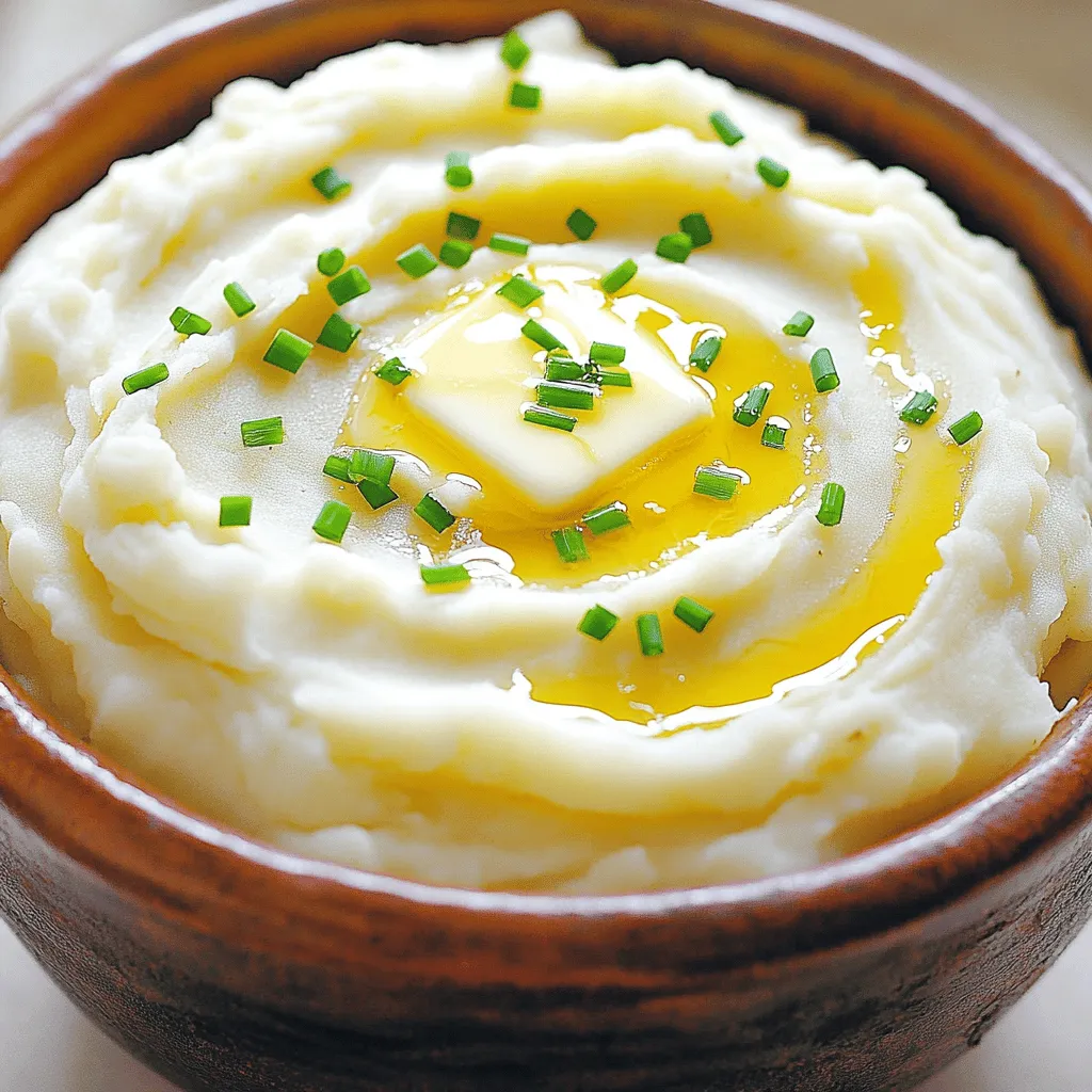 - 2 pounds russet potatoes - 4 cloves garlic - 1/2 cup unsalted butter - 1 cup heavy cream - 1/2 cup cream cheese - Salt and pepper - Fresh chives for garnish Gathering the right ingredients is key to making creamy garlic mashed potatoes. Start with russet potatoes, as they provide the best texture. The garlic adds a nice punch. Use unsalted butter for control over saltiness, and heavy cream combined with cream cheese makes the dish rich and smooth. Finally, salt and pepper enhance the flavors, while fresh chives add color. When you shop for garlic, choose fresh cloves. They should be firm and free from soft spots. For the cream cheese, ensure it’s softened so it blends easily. This simple list of ingredients creates a flavorful and comforting dish. You can find the full recipe above for step-by-step guidance. Start with 2 pounds of russet potatoes. First, peel them and cut them into cubes. Aim for even pieces to ensure they cook well. Place the potatoes in a large pot and cover them with cold water. Add a pinch of salt to give them flavor. Next, boil the potatoes over medium-high heat. Cook them until they are fork-tender, which takes about 15 to 20 minutes. This means you can easily pierce them with a fork. Once done, drain the potatoes and return them to the pot. This step keeps the potatoes warm and ready for the next phase. Now it’s time to create the garlic butter. In a small saucepan, melt 1/2 cup of unsalted butter over medium heat. Once the butter is melted, add 4 cloves of minced garlic. Sauté the garlic until it becomes fragrant, which takes about 1 to 2 minutes. Be careful not to brown the garlic, as this can make it bitter. The smell of garlic will fill your kitchen! This garlic butter adds rich flavor to the mashed potatoes. Pour the garlic butter mixture over the drained potatoes. Add 1 cup of heavy cream and 1/2 cup of softened cream cheese to the pot. Using a potato masher or an electric mixer, mash the potatoes until they are smooth and creamy. If the mixture seems too thick, add more heavy cream until you reach your desired consistency. Finally, season your mashed potatoes with salt and pepper to taste. Mix everything thoroughly to ensure every bite is flavorful. Transfer the mashed potatoes to a serving dish and garnish with fresh chives. This adds a nice color and a hint of freshness. For the Full Recipe, refer back to the ingredients and instructions to make this delicious dish. To get the right texture in your creamy garlic mashed potatoes, focus on the cream. Start with the amount in the recipe. If you want it creamier, add more heavy cream. This makes the potatoes smooth and easy to scoop. When it comes to mashing, you have two choices: a potato masher or an electric mixer. A potato masher gives you more control over the texture. It lets you keep some small lumps for a rustic feel. An electric mixer makes the potatoes very smooth, which some people love. Pick the method that fits your style. To boost flavor, think about adding more seasonings. A pinch of garlic powder can add depth. You might also try a dash of smoked paprika for a hint of warmth. Fresh herbs, like thyme or rosemary, can elevate the taste too. You can also mix in different cheeses for a unique twist. Cream cheese adds a rich tang, while sharp cheddar gives a nice bite. Just be sure to mix slowly so the cheese melts well into the potatoes. This creates a delicious blend that everyone will enjoy. If you want to explore more ideas, check the Full Recipe for more details. {{image_2}} You can make creamy garlic mashed potatoes even better! Try adding fresh herbs like rosemary or thyme. Just chop a teaspoon or two and mix them in after mashing. This will give your potatoes a nice, fragrant touch. Another great option is to use roasted garlic. Roasting garlic makes it sweeter and richer. To do this, wrap a head of garlic in foil and roast it at 400°F for 30-40 minutes. Once it's soft, squeeze out the cloves and mash them into your potatoes. This adds a deep, warm flavor that everyone will love. If you want a lighter dish, there are easy swaps you can make. Use lower-fat cream instead of heavy cream. This keeps the creamy texture while cutting calories. You can also try vegetable broth. It adds flavor without the fat, making your potatoes a bit healthier. These variations make your creamy garlic mashed potatoes fun and unique. You can enjoy them any way you like! For the full recipe, check out the section above. To keep your creamy garlic mashed potatoes fresh, place them in an airtight container. Make sure the lid seals tightly. Store them in the fridge for up to three days. If you want to store them longer, consider freezing. However, note that freezing may change their texture slightly. When you're ready to enjoy leftovers, reheat them gently. You can use the microwave or the stovetop. For the microwave, place the mashed potatoes in a bowl, cover with a damp paper towel, and heat in short bursts. Stir in a splash of heavy cream to keep them creamy. On the stovetop, warm them over low heat, stirring often. Add a bit of butter or cream to help restore their smooth texture. Yes, you can make these mashed potatoes ahead of time. To prep, follow these steps: - Cook the potatoes and mash them as normal. - Let the mashed potatoes cool to room temperature. - Store them in an airtight container in the fridge for up to two days. - Before serving, reheat them gently on the stove or in the microwave. Add a little cream to regain creaminess. Creamy garlic mashed potatoes pair well with many dishes. Here are some popular options: - Roast chicken or turkey - Grilled steak or pork chops - Meatloaf or meatballs - Steamed vegetables like green beans or broccoli - Rich gravies or sauces for added flavor Yes, you can freeze leftover mashed potatoes. Here’s how: - Allow the mashed potatoes to cool completely. - Spoon them into freezer-safe bags or containers, removing as much air as possible. - Label and date your containers. They can last up to three months in the freezer. - To thaw, place them in the fridge overnight. Reheat them on the stove, adding cream to restore their texture. For the complete recipe of Creamy Garlic Mashed Potatoes, refer to the Full Recipe section. In this post, we explored how to make creamy garlic mashed potatoes. We looked at the key ingredients and detailed steps to prepare them. You learned tips for perfecting their texture and ways to enhance flavor. Variations allow for creativity, while storage info helps keep leftovers fresh. Remember, the right techniques make a big difference. Enjoy your mashed potatoes as a side or a tasty treat on their own. Happy cooking!