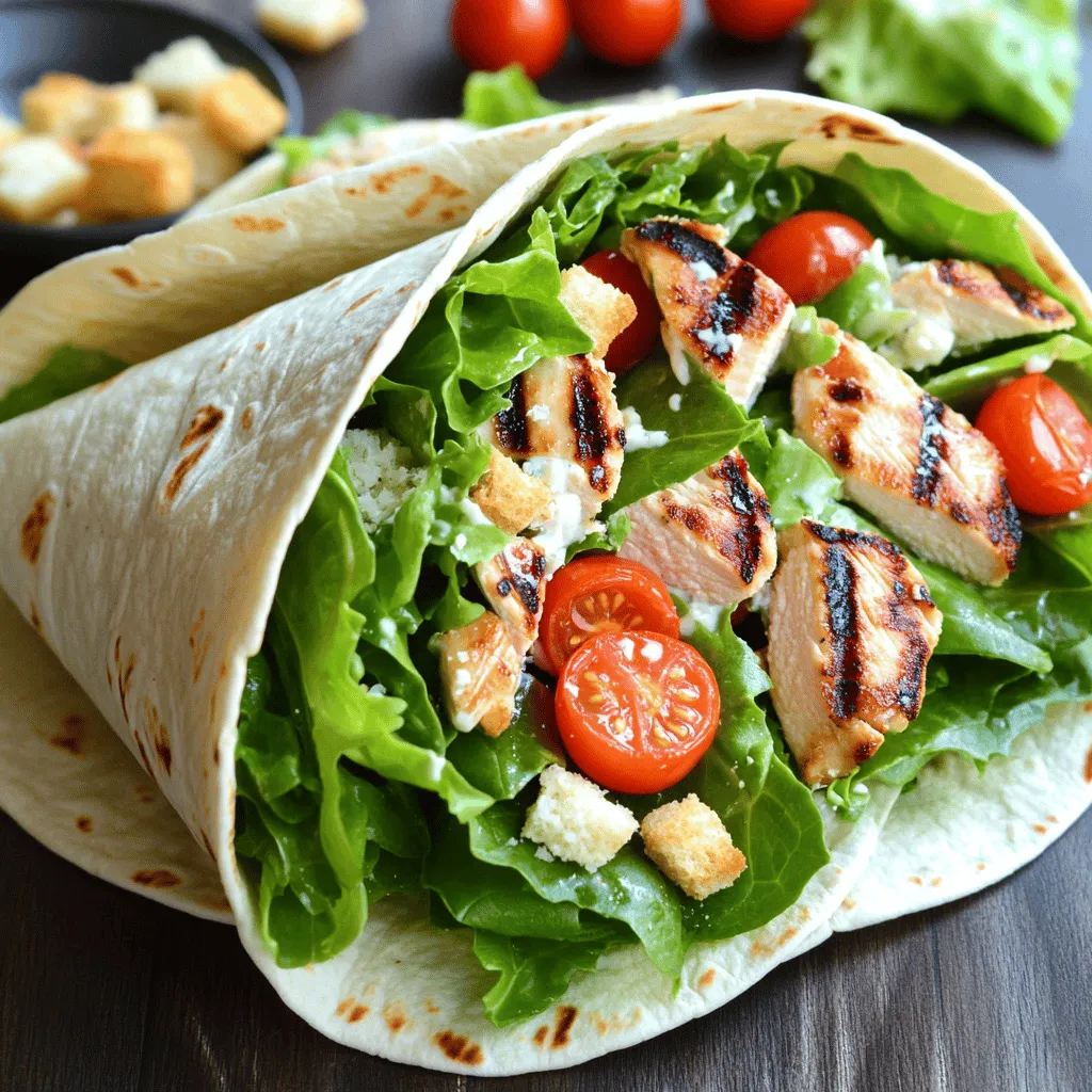 To create a tasty Grilled Chicken Caesar Wrap, you need these main ingredients: - 2 grilled chicken breasts, sliced - 4 large tortillas or wraps - 2 cups romaine lettuce, chopped - ½ cup Caesar dressing - ½ cup grated Parmesan cheese - 1 cup cherry tomatoes, halved - Salt and pepper to taste - Olive oil for grilling These ingredients blend well to form a delicious wrap. The grilled chicken adds protein, while the romaine lettuce gives freshness. The Caesar dressing ties everything together with its creamy flavor. You can add optional ingredients to enhance your wrap. Consider using: - ¼ cup croutons for extra crunch - Sliced avocado for creaminess - Cooked bacon for a smoky taste - Red onion slices for a bit of bite These ingredients add different textures and flavors. They can elevate your Grilled Chicken Caesar Wrap to a new level. A Grilled Chicken Caesar Wrap serves about four people. Each wrap has: - Calories: Approximately 400 - Protein: 30 grams - Carbohydrates: 35 grams - Fat: 20 grams This wrap offers a good balance of protein and carbs. It keeps you full while tasting fantastic. For more details on making this dish, check out the Full Recipe. To start, preheat your grill to medium-high heat. Brush your chicken breasts with olive oil. Season them with salt and pepper. Grill the chicken for about 6-8 minutes on each side. Look for nice grill marks. Once cooked, let the chicken rest. This helps keep it juicy. Then, slice the chicken into strips. Grab a large mixing bowl. Add the chopped romaine lettuce to the bowl. Pour in the Caesar dressing and mix well. Add the grated Parmesan cheese next. Toss everything until the lettuce is fully coated. Finally, add the halved cherry tomatoes. You can gently fold them in for a fresh taste. Lay a tortilla flat on a clean surface. Place a good amount of the Caesar salad mixture in the center. Next, add your sliced grilled chicken on top. If you want extra crunch, sprinkle some croutons. Now, fold the sides of the tortilla inward. Roll it up tightly from the bottom. This keeps your filling secure. If you like a warm wrap, place it on the grill. Grill each wrap for an extra 2-3 minutes on each side. This step adds a crispy finish. When done, slice each wrap in half diagonally. Serve them right away for the best taste. For a nice touch, serve with extra Caesar dressing on the side. You can garnish with a sprinkle of Parmesan and some cherry tomatoes too. Check out the Full Recipe for more details! To make juicy grilled chicken, use boneless breasts. These cook evenly and stay tender. Marinate your chicken for at least 30 minutes. This adds flavor and moisture. Use olive oil, lemon juice, and spices in your marinade. Preheat your grill to medium-high heat. This helps achieve nice grill marks. Grill the chicken for 6-8 minutes per side. Look for a golden color. Always rest the chicken before slicing. This keeps the juices in. To keep your wraps crisp, avoid adding too much dressing. Use just enough to coat your salad mix. You can also layer ingredients smartly. Start with lettuce, then add other toppings. This helps create a barrier from moisture. Wrapping tightly is key, too. Fold in the sides and roll from the bottom. This keeps everything snug and secure. If you want extra crispness, grill the wraps briefly after assembly. When serving, slice the wraps in half for easy eating. Arrange them on a platter for a nice look. Add extra Caesar dressing on the side for dipping. You can garnish with halved cherry tomatoes for color. Consider serving with a fresh salad or fruit. This adds balance and makes your meal feel complete. For a fun touch, offer some crunchy croutons on the side. They add a nice texture contrast. To explore more ideas, check the Full Recipe for variations. {{image_2}} You can swap out grilled chicken for shrimp or tofu. Shrimp cooks fast and adds a nice flavor. Just grill it for 3-4 minutes. Tofu gives you a plant-based option. Use firm tofu, marinate it, and grill until crispy. Both options keep your wrap tasty. If you want a twist, try a vegan Caesar dressing. You can make it with cashews, lemon juice, and garlic. This way, you keep the creamy taste without dairy. Homemade dressings are quick and can be adjusted to your taste. They add fresh flavors to your wrap. You can customize the wrap for different diets. If you're gluten-free, use gluten-free tortillas. For a lower-carb option, use lettuce wraps instead. You can also skip the cheese for a dairy-free meal. Be creative and use what you have at home. This flexibility makes the Grilled Chicken Caesar Wrap a fun choice! For the full recipe, check the section above. To keep your Grilled Chicken Caesar Wrap fresh, wrap it tightly in plastic wrap or foil. Place it in an airtight container. Store it in the fridge for up to three days. This way, you can enjoy your tasty lunch again. If you want to freeze the wraps, it's best to do it before adding dressing. Wrap each one in plastic wrap, then put them in a freezer bag. They can last up to two months in the freezer. When you're ready to eat, just thaw them in the fridge overnight. To reheat, unwrap the wrap and place it on a grill or skillet. Heat it for about 3-5 minutes on medium heat. This will warm it up nicely and give it a bit of a crispy edge. You can also use a microwave, but this won’t crisp it up as well. Enjoy your Grilled Chicken Caesar Wrap with fresh ingredients from the Full Recipe! Yes, you can make Grilled Chicken Caesar Wraps ahead of time. Just grill the chicken and prepare the salad mixture. Store them separately in the fridge. When you are ready to eat, simply assemble the wraps. This way, the tortillas stay fresh and don't get soggy. You can serve many sides with Grilled Chicken Caesar Wraps. Try crunchy chips or a fresh fruit salad. A light soup, like tomato or vegetable, pairs well too. For a heartier meal, serve with roasted veggies or a simple side salad. To make a vegetarian version, swap the grilled chicken for grilled veggies or roasted chickpeas. You can use zucchini, bell peppers, or mushrooms for texture and flavor. Keep the Caesar dressing or use a vegan version for a tasty twist. To find the best Grilled Chicken Caesar Wrap nearby, check out local restaurants or cafes. Use apps like Yelp or Google Maps to read reviews. Ask friends for their favorite spots too. Many places have their own unique spin on this classic wrap. You can customize your Grilled Chicken Caesar Wrap in many ways. Add extra toppings like avocado, olives, or sun-dried tomatoes. Change the dressing for a different flavor. You can even switch out the cheese for feta or goat cheese. Get creative with your ingredients! For the full recipe, check out the Grilled Chicken Caesar Wrap recipe. This article covered how to create Grilled Chicken Caesar Wraps. You learned about key ingredients, steps for prep, and grilling tips. I shared ways to make the wraps special and offered storage advice. Remember, these wraps are easy to customize with different proteins and dressings. Enjoying the wraps fresh is best, but leftovers can be stored well. Try out these ideas, and you’ll impress everyone with your tasty creations!