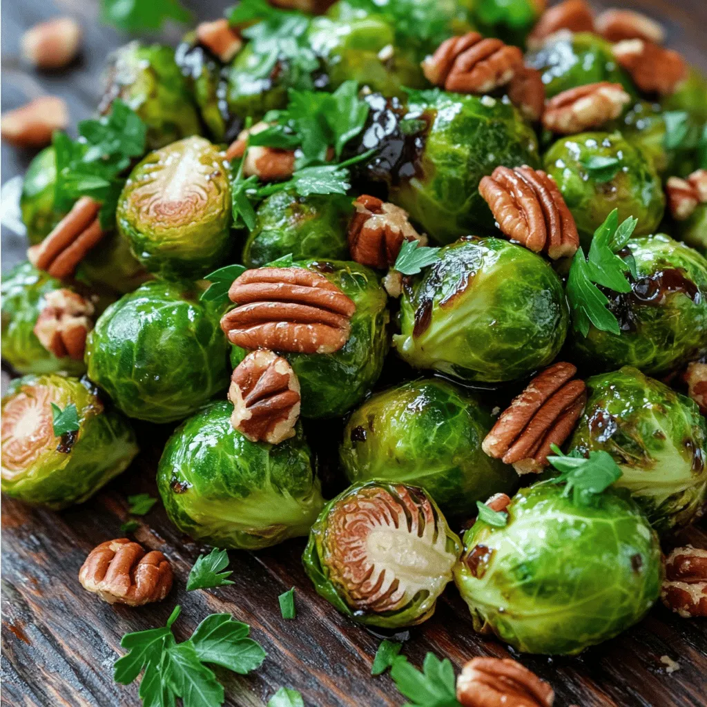 - 1 lb Brussels sprouts, trimmed and halved - 3 tablespoons balsamic vinegar - 2 tablespoons honey - 2 tablespoons olive oil - 1 teaspoon garlic powder - Salt and pepper to taste - 1/4 cup toasted pecans, roughly chopped (optional) - Fresh parsley, chopped for garnish Balsamic glazed Brussels sprouts blend sweet and tangy flavors. The ingredients are simple but powerful. You start with fresh Brussels sprouts. Trim and halve them to help them cook evenly. The balsamic vinegar adds a nice tartness, while honey brings sweetness. Olive oil helps in roasting the sprouts. It gives a nice crisp texture. Garlic powder adds a subtle kick. Salt and pepper enhance all these flavors. If you want some crunch, toasted pecans are a great choice. They add a nutty flavor that contrasts well with the sprouts. Fresh parsley gives a pop of color and freshness in the end. To explore the full recipe, check out the section above. Enjoy this flavorful side dish that pairs well with many main courses! - Preheat the oven to 400°F (200°C). - Prepare the Brussels sprouts and other ingredients. Start by washing the Brussels sprouts under cool water. Trim off the ends and cut them in half. This helps them cook evenly. Gather the other ingredients: balsamic vinegar, honey, olive oil, garlic powder, salt, and pepper. You can also chop fresh parsley for garnish. - Toss Brussels sprouts with olive oil, garlic powder, salt, and pepper. - Spread sprouts on a baking sheet and roast. In a large bowl, mix the halved Brussels sprouts with olive oil, garlic powder, salt, and pepper. Toss them well so every sprout gets coated. Next, spread the Brussels sprouts in a single layer on a baking sheet. This helps them roast evenly. Roast them in the oven for about 20-25 minutes. Flip them halfway through to ensure even caramelization. - Combine balsamic vinegar and honey in a saucepan. - Simmer and reduce until thickened. While the sprouts are roasting, you can make the balsamic glaze. In a small saucepan, combine balsamic vinegar and honey. Heat it on medium. Stir often and let it simmer for about 5-7 minutes. You want it to reduce by half and thicken slightly. Once it’s ready, set it aside. You can find the full recipe at the end. To balance sweetness and acidity, use the right ratio of balsamic vinegar and honey. I suggest adjusting honey based on your taste. If you want a sharper flavor, add more vinegar. To enhance the garlic flavor, use fresh garlic instead of garlic powder. Mince one or two cloves for a stronger kick. Using a high-quality balsamic vinegar makes a big difference. Look for one that is thick and rich. It should have a complex flavor to elevate your dish. For optimal caramelization, spread the Brussels sprouts out evenly. This allows hot air to circulate, creating a nice crispness. Garnishing is key for an appealing plate. Try adding chopped fresh parsley on top. It adds color and freshness. For serving suggestions, place the Brussels sprouts on a colorful platter. You can pair them with roasted meats or a grain salad for a complete meal. Check out the Full Recipe for more details on making this dish shine! {{image_2}} You can switch honey with maple syrup for a vegan option. Agave nectar works well too. If you're looking for a sugar-free glaze, try using a sugar substitute like stevia. You can also skip the sweetener altogether for a more acidic flavor. Want a kick? Add a pinch of cayenne pepper to the balsamic glaze. This adds heat and depth. You can mix in other vegetables like carrots or sweet potatoes for extra color and taste. Roasting these together creates a nice blend of flavors. For gluten-free needs, this recipe is already safe. Just ensure that any added ingredients are gluten-free. To lower calories, cut back on olive oil or use less honey. You can also skip the nuts to make it lighter. To store leftovers, place Brussels sprouts in an airtight container. Make sure they cool down first. This helps keep them fresh and tasty. They will last in the fridge for about 3 to 5 days. When reheating, use the oven for the best texture. Preheat it to 350°F (175°C). Spread the sprouts on a baking sheet and heat for about 10-15 minutes. You can also microwave them for a quicker option, but they may lose some crispness. Enjoy them on their own or toss them into salads or grain bowls for extra flavor. You can freeze balsamic glazed Brussels sprouts, but they may change in texture. To prepare for freezing, first, cool them completely. Then, place them in a freezer-safe bag, removing as much air as possible. They can last in the freezer for about 2-3 months. When ready to eat, thaw in the fridge overnight before reheating. Can I make balsamic glazed Brussels sprouts ahead of time? Yes, you can prepare them a day before. Roast the Brussels sprouts and cool them. Store in an airtight container in the fridge. Reheat them in the oven for a few minutes before serving. This keeps the flavor fresh and the texture nice. What can I pair with this dish for a full meal? Balsamic glazed Brussels sprouts go well with many dishes. Try them with roasted chicken or grilled salmon. They also pair nicely with quinoa or rice for a vegetarian meal. Add a side salad for a balanced plate. Why are my Brussels sprouts not caramelizing? If your Brussels sprouts are not caramelizing, it might be due to overcrowding. Make sure they are in a single layer on the baking sheet. Also, ensure your oven is preheated to 400°F. A little oil and salt help them brown better too. What if I cannot find fresh Brussels sprouts? If fresh Brussels sprouts are hard to find, frozen ones can work. Just thaw them and pat dry before cooking. They might not be as crisp, but they will still be tasty. You can also try other vegetables like green beans or broccoli. Are Brussels sprouts healthy? Nutritional benefits Brussels sprouts are very healthy. They are low in calories and high in fiber. They also contain vitamins C and K, which boost your immune system and help your bones. Eating them can support overall health. How many calories are in balsamic glazed Brussels sprouts? One serving of balsamic glazed Brussels sprouts has about 150 calories. This number can vary based on the exact ingredients you use. They are a great way to enjoy veggies without adding too many calories to your meal. You learned how to prepare tasty balsamic glazed Brussels sprouts. We covered ingredients, steps, and tips. You can try fun variations and storage ideas for leftovers. These sprouts offer great flavor and health benefits. Experiment with the recipe to make it your own. I hope you enjoy every bite!