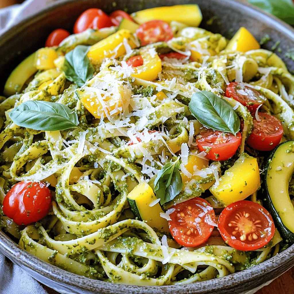 - 12 oz. of pasta (fettuccine or penne) - 1 cup basil pesto (store-bought or homemade) - Assorted fresh vegetables: - 1 red bell pepper, thinly sliced - 1 zucchini, sliced into half-moons - 1 yellow squash, sliced into half-moons - 1 cup cherry tomatoes, halved - 1 cup broccoli florets - 2 cloves of garlic, minced - 2 tablespoons of olive oil - Salt and pepper to taste - Grated Parmesan cheese - Fresh basil leaves for garnish Pesto Pasta Primavera is a colorful, veggie-packed dish that sings with flavor. The base is simple. You start with pasta. Fettuccine or penne works best for this dish. You can use store-bought or homemade basil pesto for a fresh taste. Now, let’s talk about the veggies. I love using bright bell peppers, tender zucchini, and sweet cherry tomatoes. They add crunch and color. Broccoli florets give a nice texture, too. For flavor, garlic is a must. It brings warmth and depth. Olive oil adds richness. Don’t forget salt and pepper to tie it all together. You can top this dish with grated Parmesan cheese. Fresh basil leaves make a great garnish. They add a nice touch and enhance the dish’s fresh flavors. You can find the Full Recipe for even more details to make this dish shine! Start by bringing a large pot of salted water to a boil. This will help the pasta absorb flavor while cooking. Once the water is boiling, add 12 oz. of pasta, like fettuccine or penne. Cook the pasta until it is al dente, which means it should still have a slight bite. Before draining, remember to reserve 1 cup of the pasta water. This water is starchy and will help your sauce later. In a large skillet, heat 2 tablespoons of olive oil over medium heat. Once the oil is hot, add 2 cloves of minced garlic. Sauté the garlic until it becomes fragrant, about 30 seconds. Next, add 1 cup of broccoli florets. Cook the broccoli for 2-3 minutes until it is slightly tender. Then, stir in the sliced red bell pepper, zucchini, and yellow squash. Cook these veggies for an additional 5-7 minutes until they are tender but still crisp. After you drain the pasta, add it to the skillet with the sautéed vegetables. Pour in 1 cup of basil pesto, which can be store-bought or homemade. Mix everything together, adding the reserved pasta water bit by bit. This helps create a smooth, creamy sauce. Finally, stir in 1 cup of halved cherry tomatoes. Season with salt and pepper to taste. Remove the skillet from heat, and your pesto pasta primavera is ready to serve! For the full recipe, check out the details above. For pesto pasta primavera, I recommend using fettuccine or penne. These shapes hold the sauce well. Fettuccine gives a nice, flat surface, while penne's tubes trap the pesto. Cook the pasta according to the package instructions. Usually, it takes about 8 to 12 minutes. Remember to check for the "al dente" texture. You want it firm but not hard. Adjusting the pesto can make a big difference. If you prefer a stronger flavor, add more garlic or lemon juice. To balance the taste, you might mix in some nuts or extra cheese. Making homemade pesto is fun and easy. Just blend fresh basil, garlic, nuts, olive oil, and cheese. This way, you can customize it to your liking. Timing is key for the veggies. Start with broccoli, cooking it for about 2 to 3 minutes. Then add bell pepper, zucchini, and yellow squash. Cook these for 5 to 7 minutes, stirring often. This keeps them crunchy and colorful. You want bright veggies that add life to your plate. Sauté them just right, and they will shine in your dish. {{image_2}} You can add protein to your pesto pasta primavera for extra flavor and nutrition. Here are some great options: - Chicken: Grilled or sautéed chicken adds a nice touch. Simply cook it until golden brown, slice it up, and toss it in with the pasta. - Shrimp: Quick-cooking shrimp works well too. Sauté them in olive oil until pink, then mix them in. - Tofu: For a plant-based option, use firm tofu. Cube it, pan-fry until golden, and add it to the dish. If you need to adjust the recipe for dietary needs, here are some easy swaps: - Gluten-Free Pasta: You can use gluten-free pasta made from rice or quinoa. It cooks similarly to regular pasta and tastes great. - Vegan Substitutes: For a vegan twist, use nutritional yeast instead of cheese. You can also find vegan pesto in stores or make your own without cheese. Using seasonal vegetables can enhance the flavors of your dish. Here are some suggestions: - Spring: Asparagus and spinach are perfect in spring. Toss them in with the other veggies for a fresh taste. - Summer: In summer, try using fresh corn or snap peas. They add crunch and sweetness. - Fall/Winter: For fall, consider using butternut squash or kale. They bring warmth and heartiness to your meal. Mix and match these variations to create your perfect pesto pasta primavera. For the full recipe, refer to the earlier sections. Enjoy! To store leftovers, let them cool first. Place the pasta in an airtight container. This helps keep it fresh. I recommend using glass or BPA-free plastic containers. These materials do not hold smells and are easy to clean. If you want to freeze Pesto Pasta Primavera, use a freezer-safe container. Divide it into smaller portions. This way, you can thaw just what you need. Before freezing, make sure to leave some space in the container. The pasta will expand as it freezes. To reheat, thaw overnight in the fridge. Then, warm it gently on the stove or in the microwave. Add a splash of water or extra pesto to keep it moist. In the fridge, leftovers can last 3 to 4 days. In the freezer, they will stay good for up to 3 months. If you see any signs of spoilage, it’s best to toss it. Enjoy your meal, but be mindful of freshness! The best pasta for Pesto Pasta Primavera is fettuccine or penne. Fettuccine holds the sauce well due to its flat shape. Penne, with its ridges, catches the pesto and veggie bits nicely. Both types cook evenly and pair wonderfully with fresh ingredients. Yes, you can make this recipe ahead of time. Cook the pasta and veggies, then mix them with the pesto. Store it in the fridge for up to 3 days. When you're ready to serve, just reheat it on the stove. You might need to add a splash of water to loosen it up. To boost the flavor, try adding fresh herbs like parsley or thyme. You can also sprinkle in some red pepper flakes for a little heat. A squeeze of lemon juice brightens the dish, too. Don't forget to taste and adjust the salt and pepper as needed. Check out the Full Recipe for more tips. In this blog post, we explored how to make a delicious Pesto Pasta Primavera. You learned about the main ingredients like pasta, basil pesto, and fresh veggies. I shared step-by-step instructions for cooking the pasta and sautéing the vegetables. We also discussed tips for making the best dish, variations to fit your diet, and how to store leftovers properly. Final thoughts: This dish is easy to make and allows for many tasty twists. Enjoy creating your own version!