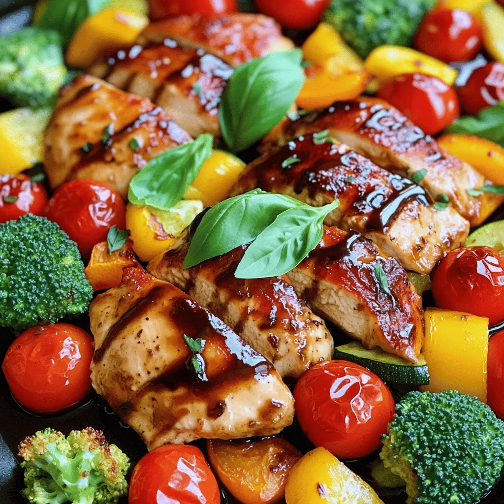 - Balsamic vinegar - Chicken breasts - Fresh vegetables For this dish, balsamic vinegar is key. It adds a rich, sweet tang. Chicken breasts serve as the protein base. You can choose skinless and boneless for easy cooking. Fresh vegetables bring color and nutrition. I love using bell peppers, zucchini, broccoli, and cherry tomatoes. These veggies not only taste great but also look stunning on the plate. - Honey and olive oil - Garlic powder and Italian herbs - Salt and pepper The marinade is super simple. I mix balsamic vinegar with honey and olive oil. Honey adds a hint of sweetness. Garlic powder and Italian herbs provide depth and warmth. Salt and pepper are essential for balancing flavors. This marinade will soak into the chicken, making it juicy and flavorful. You’ll want to let it sit for at least 30 minutes. You can find the full recipe at the start of this article. To start, we need to make a tasty marinade. In a bowl, mix together balsamic vinegar, honey, one tablespoon of olive oil, garlic powder, Italian herbs, salt, and pepper. This mixture adds flavor to our chicken. Next, take the chicken breasts and add them to the bowl. Make sure they are well-coated in the marinade. Let the chicken marinate for at least 30 minutes in the fridge. This time allows the flavors to soak in, making the chicken juicy. While the chicken soaks in the marinade, turn your oven to 400°F (200°C) to preheat. Then, grab a large bowl. Add sliced bell peppers, zucchini, broccoli florets, and halved cherry tomatoes. Drizzle the remaining two tablespoons of olive oil over the veggies. Sprinkle salt and pepper on top. Toss everything well to coat the vegetables evenly. This mix will add a burst of color and flavor to our dish. Now it’s time to roast our veggies. Take a large baking sheet and line it with parchment paper for easy cleanup. Spread the seasoned vegetables evenly on the sheet. Roast them in the preheated oven for about 20 minutes. Remember to stir halfway through. This helps them cook evenly and get that nice caramelized touch. When done, they should be tender and slightly golden. While the vegetables roast, heat a large skillet over medium-high heat. Remove the chicken from the marinade, letting the extra drip off. Place the chicken in the hot skillet. Sear each side for about 5-7 minutes until cooked through. You’ll know it’s ready when the juices run clear. During the last minute, pour the leftover marinade into the skillet with the chicken. This creates a beautiful glaze as it bubbles and thickens. For the complete recipe, check out the Full Recipe. To get the best flavor, marinate the chicken for at least 30 minutes. If you have time, marinate it for up to 2 hours. This extra time really boosts the taste. For leftovers, you can use the remaining marinade as a sauce. Heat it up in a small pan until it’s hot and bubbly. Drizzle it over your chicken for added flavor. If you don’t want to roast, try cooking the chicken on a grill or in an air fryer. Grilling gives the chicken a nice smoky taste. Cook it over medium heat until it’s golden brown. An air fryer cooks the chicken quickly and keeps it juicy. Set it to 380°F and cook for about 15 minutes. Flip halfway through for even cooking. Balsamic chicken pairs well with many sides. Try serving it with garlic mashed potatoes or a fresh salad. You can also add crusty bread to soak up the delicious juices. For a vibrant dish, arrange the chicken and vegetables in a colorful way on the plate. Use fresh basil leaves as a garnish for a pop of color. This makes the dish look even more appealing and tasty. For the full recipe, check out Balsamic Glazed Chicken with Rainbow Vegetables. {{image_2}} You can swap out the vegetables to suit your taste. Try using: - Carrots for a sweet crunch. - Asparagus for a fresh bite. - Cauliflower for a hearty option. You can also change the protein. Use: - Tofu for a plant-based choice. - Turkey cutlets for a leaner meat option. To boost the flavor, infuse the dish with herbs and spices. Consider adding: - Fresh rosemary for an earthy note. - Smoked paprika for a hint of warmth. You can adjust the sweetness too. Try different honey types like: - Clover honey for a mild flavor. - Wildflower honey for a richer taste. Making this dish gluten-free is easy. Just ensure your balsamic vinegar is gluten-free. For a vegan option, swap the chicken for: - Chickpeas for protein. - Portobello mushrooms for a meaty texture. These swaps keep the meal delicious while meeting dietary needs. For the full recipe, check out [Full Recipe]. To keep your balsamic chicken fresh, place leftovers in an airtight container. This will help maintain flavor and moisture. It’s best to refrigerate them within two hours of cooking. Your dish will last in the fridge for about three to four days. Make sure to label your container with the date, so you won’t forget when you made it. If you want to store your balsamic chicken for longer, freezing is a great option. First, let the chicken cool completely. Then, wrap it tightly in plastic wrap or aluminum foil. Place it in a freezer-safe bag or container. This will prevent freezer burn and keep the flavor intact. You can freeze the chicken for about three months. When you are ready to enjoy it again, thaw the chicken in the fridge overnight. For reheating, place the chicken in a skillet over medium heat. Add a splash of water or broth to keep it moist. Heat until warm, usually about 10 to 15 minutes. This way, your balsamic chicken will still taste delicious. To check if the chicken is done, use a meat thermometer. The internal temperature should reach 165°F (75°C). Insert the thermometer into the thickest part of the chicken. If it reads 165°F, your chicken is safe to eat. If not, cook it a bit longer. This step ensures juicy, safe chicken every time. Yes, you can prep this meal ahead of time. Marinate the chicken and store it in the fridge for up to 24 hours. You can also chop the vegetables in advance. Just keep them in an airtight container. This prep makes meal planning easy and quick. When you're ready to cook, everything is ready to go! Balsamic chicken pairs well with many sides. Here are some ideas: - Quinoa or rice for a hearty base - A fresh green salad for crunch - Garlic bread for a tasty addition - Mashed potatoes for comfort These sides enhance the flavors of the chicken and veggies. Yes, you can make this dish low-carb. Skip the rice or potatoes and add more veggies. Zucchini noodles or cauliflower rice work well. You can also use boneless chicken thighs for more flavor. Adjust the honey to a sugar-free option to keep it low-carb. Enjoy all the flavors without the carbs! For the full recipe, check [Full Recipe]. In this blog post, we explored a delicious balsamic chicken recipe that features fresh vegetables and simple seasonings. I shared step-by-step instructions for marinating the chicken, roasting the veggies, and cooking the dish. Remember to try different ingredient swaps and flavor variations for your own twist. Proper storage will keep your leftovers fresh, and meal planning can make your cooking easier. With these tips, you can create a vibrant and tasty meal that fits your needs. Enjoy your cooking adventure and make this dish your own!
