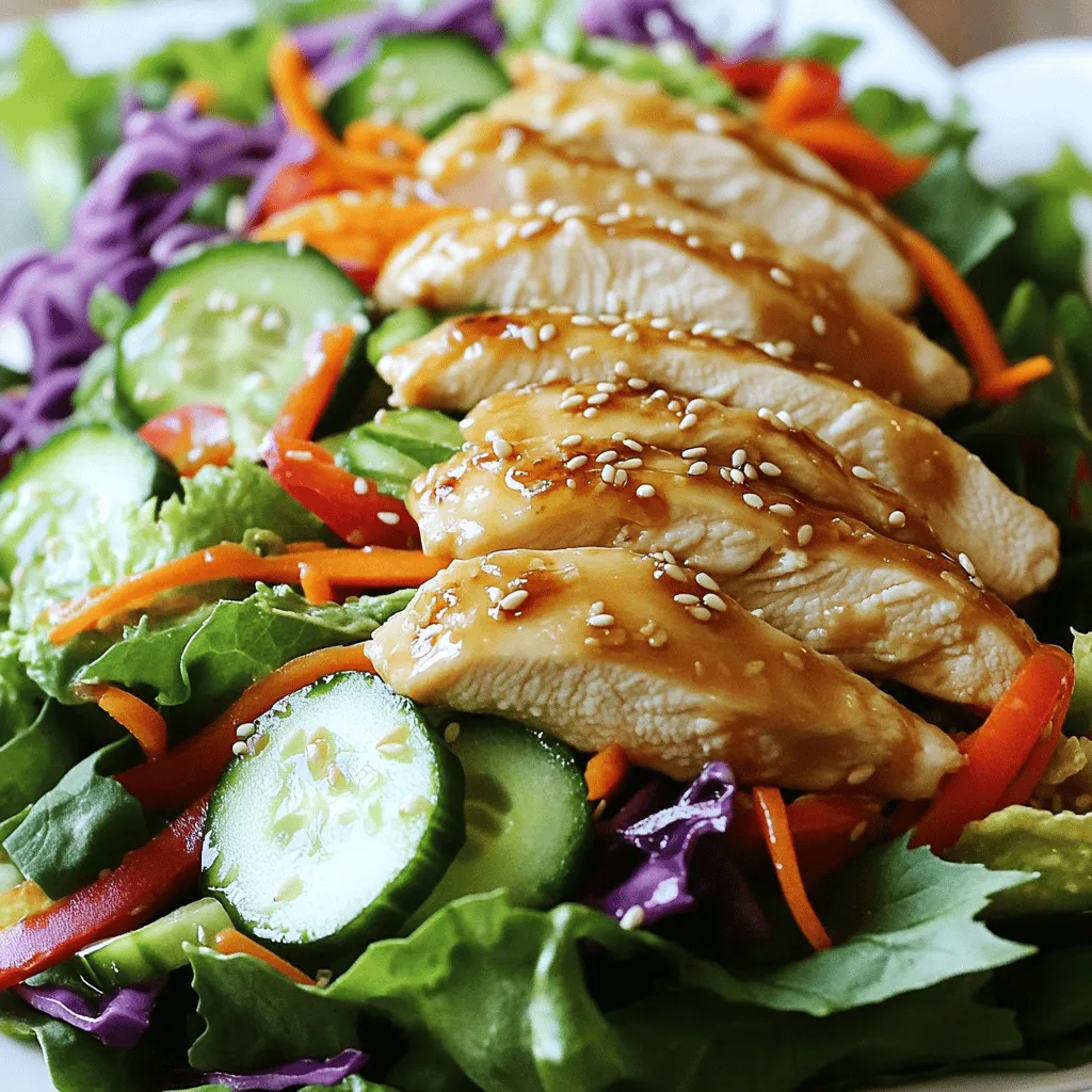 - Main ingredients for the salad - 2 boneless, skinless chicken breasts - 4 cups mixed salad greens (e.g., romaine, spinach, arugula) - 1 cup shredded carrots - 1 red bell pepper, thinly sliced - 1 cucumber, thinly sliced - 1/4 cup purple cabbage, shredded - 2 green onions, chopped - 1/4 cup sesame seeds - 1/4 cup chopped cilantro (optional) - Ingredients for the dressing - 3 tablespoons sesame oil - 2 tablespoons soy sauce - 1 tablespoon rice vinegar - 1 tablespoon honey or maple syrup - 1 teaspoon grated ginger - 1 garlic clove, minced - Salt and pepper to taste - Optional toppings and garnishes - Extra sesame seeds - Additional chopped cilantro This salad bursts with flavor. It combines tender chicken, crisp veggies, and a tasty dressing. Each bite is a delight. The main ingredients create a fresh base. The dressing adds a tasty kick. You can switch up the veggies as you like. For toppings, sesame seeds and cilantro add crunch and color. Want to try something new? Check out the Full Recipe for more details! To cook the chicken, start with a skillet. Heat a tablespoon of sesame oil over medium heat. Season the chicken breasts with salt and pepper. Place them in the skillet and cook for about 6-7 minutes on each side. You want them fully cooked and no longer pink in the center. After cooking, let the chicken rest. This keeps it juicy. Slice it into thin strips when ready. Making the dressing is simple. In a small bowl, combine sesame oil, soy sauce, rice vinegar, honey or maple syrup, grated ginger, and minced garlic. Whisk these together until they blend well. If you want to change the flavor, try adding a splash of lime juice or some chili flakes. This gives you a twist. Now, let’s put the salad together. In a large mixing bowl, add your mixed salad greens, shredded carrots, red bell pepper, cucumber, purple cabbage, and chopped green onions. If you like, you can also add chopped cilantro. This adds great flavor. Next, layer the sliced chicken on top. Drizzle the dressing over everything and toss gently. Be careful not to wilt the greens. Finally, toast sesame seeds in a dry skillet for 2-3 minutes until golden. Sprinkle those on top before serving. For the full recipe, check out the earlier section. To make your chicken full of flavor, marinate it first. Use soy sauce, ginger, and garlic. This helps the chicken soak up great tastes. Cook the chicken on medium heat. This keeps it juicy. I recommend using a cast iron skillet. It cooks evenly and gives a nice sear. When plating, use a large bowl or wide plate. This allows the colors to shine. You can sprinkle extra sesame seeds on top for a nice touch. For a side dish, serve with steamed rice or crunchy spring rolls. They complement the salad well and add texture. Do not overcook the chicken. It can become dry and tough. Check for doneness by cutting it open. If it’s no longer pink, it's ready. For storing leftovers, put them in an airtight container. This keeps the salad fresh and crispy. Avoid adding dressing to the leftovers. It can make the greens soggy. {{image_2}} You can switch out the chicken in this dish. Tofu or shrimp work well as alternatives. Tofu gives a nice texture, while shrimp adds a seafood twist. Both options keep the flavor profile intact. Feel free to change the greens, too. Instead of mixed salad greens, try using kale or bok choy. These greens add a unique taste and crunch. You can also add snow peas or snap peas for extra veggies. They bring a sweet flavor that balances the salad. To make this recipe gluten-free, use tamari instead of soy sauce. Tamari offers the same great taste without gluten. You can also find gluten-free soy sauces at most stores. For a low-calorie version, skip the honey or maple syrup in the dressing. Instead, use a splash of lemon juice for sweetness. You can also reduce the amount of sesame oil to cut calories while keeping flavor. Enjoy this fresh and vibrant salad without worry! To keep your Asian Sesame Chicken Salad fresh, store it in an airtight container. This helps keep the flavors intact. Refrigerate the salad right after serving. The cold will slow down spoilage. If you want to save it for a longer time, you can freeze the chicken separately. This keeps the salad crisp. Here are some tips: - Place the dressing in a small container. - Keep veggies and chicken separate if possible. - Use within three days for best taste. For the best flavor, eat your salad within three days. After that, the veggies may lose their crunch. Look for signs that your salad may be spoiled. These include: - A bad smell or off taste. - The greens turning slimy or brown. - Any mold on the vegetables. If you see any of these signs, it’s better to toss it out for safety. Enjoy your salad while it’s fresh and tasty! You start by cooking chicken breasts until they are juicy and tender. I recommend using sesame oil for extra flavor. After the chicken cools, slice it thin. Next, mix fresh salad greens, carrots, bell peppers, cucumber, purple cabbage, and green onions in a big bowl. For the dressing, whisk sesame oil, soy sauce, rice vinegar, honey, ginger, and garlic together. Finally, add the sliced chicken and dressing to the salad. Toss gently and serve with toasted sesame seeds on top. Check out the Full Recipe for detailed steps! Yes, you can make the dressing in advance! Just mix all the ingredients and store them in an airtight container. Put it in the fridge for up to a week. Before using, give it a good shake to blend everything again. This way, you save time when you're ready to make your salad. To make your salad extra crunchy, try adding some chopped nuts like almonds or cashews. You can also add crispy toppings like chow mein noodles or even some crispy fried onions. For a fresh twist, toss in some sliced radishes or jicama. These ingredients will elevate the texture and make each bite exciting! This blog post covered everything you need for an Asian Sesame Chicken Salad. We talked about key ingredients, dressing recipes, and how to cook juicy chicken. I shared tips to help you avoid common mistakes and suggested fun variations to fit your tastes. Finally, I explained how to store leftovers to keep them fresh. You now have the tools to create a delicious salad that impresses. Enjoy crafting this healthy dish, and let it brighten your meals!