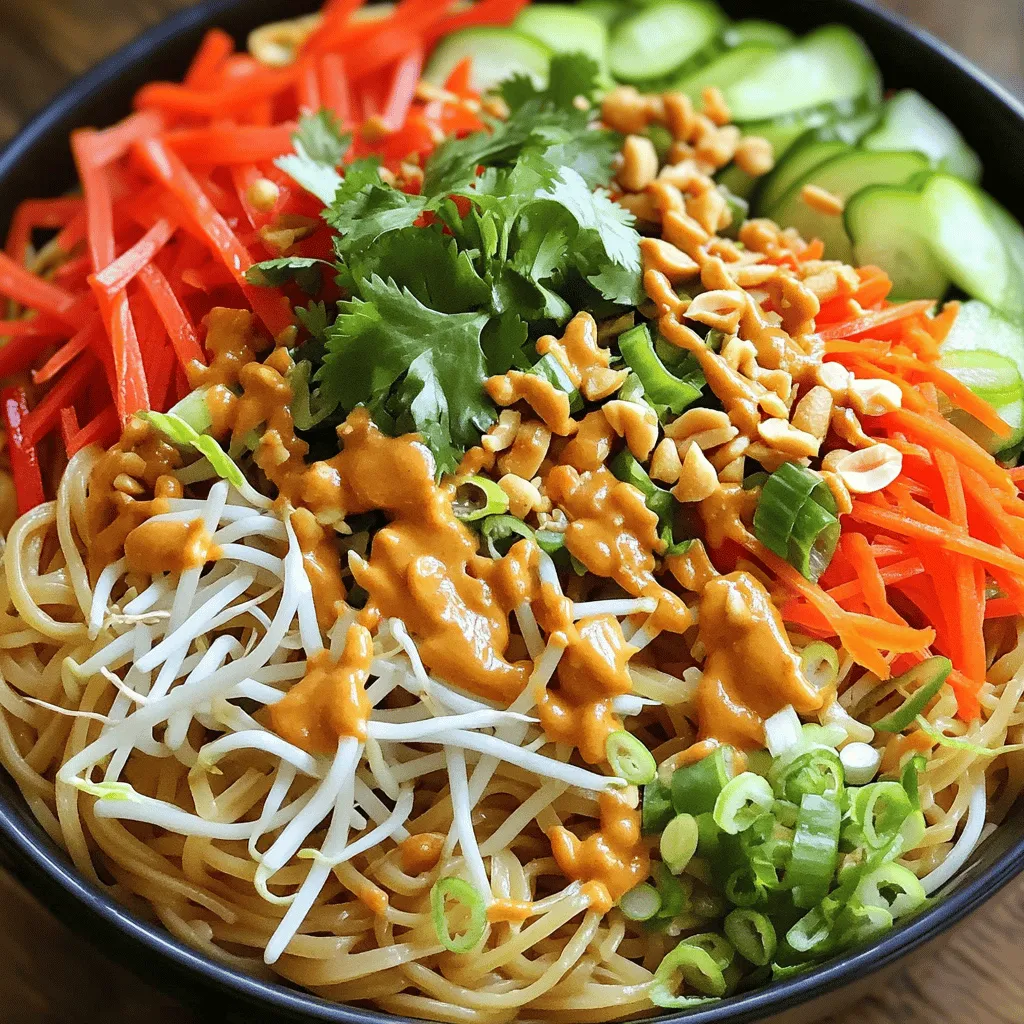 - 8 ounces rice noodles - 1 cup shredded carrots - 1 red bell pepper, thinly sliced - 1 cucumber, julienned - 1 cup bean sprouts - 1/2 cup chopped scallions - 1/2 cup roasted peanuts, chopped - Fresh cilantro for garnish For the peanut sauce, you will need: - 1/2 cup creamy peanut butter - 1/4 cup soy sauce - 2 tablespoons rice vinegar - 2 tablespoons maple syrup or honey - 1 tablespoon sesame oil - 1 tablespoon ginger, minced - 2 cloves garlic, minced - 1-2 tablespoons sriracha (adjust to taste) - Water as needed to thin the sauce These ingredients come together to create a delicious dish. The rice noodles are the base, offering a soft and chewy texture. Fresh vegetables add crunch and color, making your plate pop. The peanut sauce ties everything together with its rich and creamy flavor. - Chopped roasted peanuts - Fresh cilantro - Lime wedges for serving These garnishes add fun and flair to your dish. The chopped peanuts give extra crunch. Fresh cilantro brightens the flavors. Lime wedges offer a zesty kick. Feel free to mix and match these toppings to suit your taste. For the full recipe, you can find all the steps and tips you need. First, you need 8 ounces of rice noodles. Boil water in a large pot. Once it boils, add the noodles. Cook them for about 3 to 5 minutes. Stir often to prevent sticking. When they are soft, drain them. Rinse the noodles in cold water. This stops the cooking. Set the noodles aside to cool. In a medium bowl, add 1/2 cup of creamy peanut butter. Then, pour in 1/4 cup of soy sauce. Next, add 2 tablespoons of rice vinegar and 2 tablespoons of maple syrup or honey. Then, mix in 1 tablespoon of sesame oil, 1 tablespoon of minced ginger, and 2 cloves of minced garlic. If you like heat, add 1-2 tablespoons of sriracha. Whisk all the ingredients together until smooth. If the sauce is too thick, add a bit of water until it reaches your desired consistency. In a large mixing bowl, combine the noodles with 1 cup of shredded carrots, 1 sliced red bell pepper, 1 julienned cucumber, 1 cup of bean sprouts, and 1/2 cup of chopped scallions. Pour the peanut sauce over the mixture. Toss everything gently until the noodles and veggies are evenly coated. Serve the Thai Peanut Noodles in bowls. Top with chopped roasted peanuts and a sprinkle of fresh cilantro. Enjoy your meal! For more detailed steps, check the Full Recipe. To cook rice noodles just right, follow the package instructions. Usually, they need 6-8 minutes in boiling water. Check them often to avoid overcooking. Once they are soft, drain and rinse them with cold water. This stops the cooking process and keeps them from getting mushy. To make your peanut sauce pop, add a dash of garlic powder or red pepper flakes. These spices can boost the taste. If you like heat, try more sriracha or fresh chili. Start small, then add more if needed. This way, you can find the perfect balance for your taste. When serving, place the noodles in a bowl and top them with fresh veggies. Sprinkle chopped roasted peanuts on top for crunch. Add a few sprigs of cilantro for color. Arrange lime wedges around the bowl for a bright touch. This makes your dish look fun and inviting. {{image_2}} You can add protein to your Thai peanut noodles for more flavor and nutrition. - Tofu or Tempeh Options: Tofu is a great choice for a plant-based meal. Use firm tofu, cut into cubes. Pan-fry until golden for extra crunch. Tempeh is another option. Slice it thin and sauté to get a nice texture. Both absorb the peanut sauce well, making them flavorful. - Chicken or Shrimp Variations: Chicken adds a hearty touch. Grill or sauté it before mixing with the noodles. Shrimp cooks quickly and gives a nice seafood flavor. Just toss them in a hot pan until they turn pink. Both options make the dish more filling. You can change the vegetables based on what you have or like. - Seasonal Vegetable Ideas: Try using zucchini, snap peas, or bell peppers. They add freshness and crunch. In the fall, add roasted sweet potatoes. They pair well with the peanut sauce. - Colorful Alternatives: The more colors, the better! Carrots, red cabbage, and radishes add a pop of color. Not only do they look good, but they also boost nutrition and flavor. You can tweak the peanut sauce to fit your taste or needs. - Nut-Free Alternatives: If you have nut allergies, use sunflower seed butter. It has a similar texture and flavor. You could also try tahini for a different taste. - Flavor Infusions: Want a creamier sauce? Add coconut milk. It gives a wonderful richness. You can also add lime juice for a zesty kick. Adjust the sriracha for heat, if you like it spicy. For the full recipe, check out the [Full Recipe]. To keep your Thai Peanut Noodles fresh, store them in an airtight container. Glass or plastic containers work well. Make sure to cool the noodles completely before sealing the container. This helps prevent sogginess. You can store the noodles in the fridge for up to three days. If you want to keep them longer, consider freezing. They can last up to three months in the freezer. Just remember to separate the sauce to keep it fresh. When it's time to eat your noodles again, reheating is simple. The best method is to use a microwave. Place the noodles in a bowl and cover them with a damp paper towel. Heat in short intervals, stirring in between. This helps heat evenly. Alternatively, you can reheat them on the stove. Add a splash of water or extra sauce to a pan. Heat over low to medium heat, stirring until warm. After reheating, serve with fresh toppings. Chopped peanuts and cilantro add great flavor. Enjoy your quick meal! Thai peanut noodles last about three to four days in the fridge. Store them in a sealed container. Always check for freshness before eating. Yes, you can make the peanut sauce ahead of time. Store it in the fridge for up to one week. Just mix it well before using. If it thickens, add a bit of water to thin it out. You can serve Thai peanut noodles with many sides. Try spring rolls for a light snack. A crunchy salad pairs well too. Grilled chicken or shrimp also makes a great addition. Yes, this recipe is great for meal prep. You can cook a batch for the week. Store the noodles and sauce separately. Combine them when you are ready to eat. This keeps everything fresh and tasty. Thai peanut noodles are a delicious mix of rice noodles, fresh veggies, and a tasty peanut sauce. You can add roasted peanuts, cilantro, and lime for extra flavor. Follow the steps to cook the noodles, make the sauce, and toss everything together. Use the tips to perfect your dish, try new proteins, and store leftovers properly. In conclusion, making this dish is fun and easy. Enjoy the taste and share it with friends. Make it yours by adding your favorite flavors!